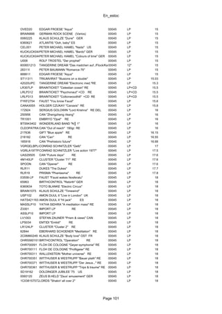 En_estoc
Page 101
OVED20 EDGAR FROESE "Aqua" 00045 LP 15
BRAIN888 GERMAN ROCK SCENE (Varios) 00045 LP 15
0060225 KLAUS SCHULZE "Dune" GER 00045 LP 15
6360621 ATLANTIS "Ooh, baby" ES 00045 LP 15
CEL001 PETER MICHAEL HAMEL "Nada" US 00045 LP 15
KUCKUCK048PETER MICHAEL HAMEL "Bardo" GER 00045 LP 15
KUCKUCK046PETER MICHAEL HAMEL "Colours of time" GER 00045 LP 15
U008 ROLF TROSTEL "Der prophet" 00045 LP 15
600651213 TANGERINE DREAM "Das madchen auf../Flock/Katja/Speed"00045 12" 15
28311I PETER BAUMANN "Romance 76" 00045 LP 15
888611 EDGAR FROESE "Aqua" 00045 LP 15
ST11311 TRIUMVIRAT "Illusions on a double" 00045 LP 15.03
42020UPC TANGERINE DREAM "Electronic med."RE 00045 LP 15.3
LR307LP BRAINTICKET "Celestian ocean" RE 00045 LP+CD 15.5
LRLP312 BRAINTICKET "Psychonaut" +CD RE 00045 LP+CD 15.5
LRLP313 BRAINTICKET "Cottonwoodhill" +CD RE 00045 LP+CD 15.5
FYKF2754 FAUST "You know Faust" 00045 LP 15.6
CANAXIS5 HOLGER CZUKAY "Canaxis" RE 00045 LP 15.8
172924 SERGIUS GOLOWIN "Lord Krishna" RE DEL 00045 LP 16
250956 CAN "Zhengzheng rikang" 00045 LP 16
TR1001 EMBRYO "Opal" RE 00045 LP 16
BTS943402 WONDERLAND BAND "N║ 1" 00045 LP 16
CLEOPATRA3043CAN "Out of reach" 180gr. RE 00045 LP 16
217636 GIFT "Blue apple" RE 00045 LP 16.15
218182 CAN "Can" RE 00045 LP 16.55
185916 CAN "Prehistoric future" 00045 LP 16.68
VGRGELBPL02CONRAD SCHNITZLER "Gelb" 00045 LP 17
VGRLA1977PL02CONRAD SCHNITZLER "Live action 1977" 00045 LP 17.5
UAS29505 CAN "Future days" RE 00045 LP 17.6
4M140LP CLUSTER "Cluster '71" RE 00045 LP 17.6
SPOON CAN "Opener" RE 00045 LP 17.6
RLR11 DUKES "The Dukes" 00045 LP 17.7
RLR19 PRISMA "Phantasma" RE 00045 LP 17.8
03558-LP FAUST "Faust wakes Nosferatu" 00045 LP 18
65963 BIRTHCONTROL "Rebirth" GER 00045 LP 18
6360634 TOTO BLANKE "Electric Circus" 00045 LP 18
BRAIN1075 KLAUS SCHULZE "Timewind" 00045 LP 18
USP102 AMON DUUL II "Live in London" UK 00045 LP 18
HATS421163 AMON DUUL II "Hi jack" ES 00045 LP 18
MASSLP10 YATHA SIDHRA "A meditation mass" RE 00045 LP 18
Z3301 IMPORT LP RE 00045 LP 18
ASSLP10 IMPORT LP 00045 LP 18
LV1003 STEFAN ZAUNER "Prism & views" CAN 00045 LP 18
LPS034 EMTIDI "Emtidi" RE 00045 LP 18
LR124LP CLUSTER "Cluster 2" RE 00045 LP 18
62844 EBERHARD SCHOENER "Meditation" RE 00045 LP 18
2C06860249 KLAUS SCHULZE "Body love" OST FR 00045 LP 18
OHR5560151 BIRTHCONTROL "Operation" RE 00045 LP 18
OHR700091 FLOH DE COLOGNE "Geyer-symphonie" RE 00045 LP 18
OHR700111 FLOH DE COLOGNE "Profitgeier" RE 00045 LP 18
OHR700311 WALLENSTEIN "Mother universe" RE 00045 LP 18
OHR700351 WITTHUSER & WESTRUPP "Bauer plath" RE 00045 LP 18
OHR700371 WITTHUSER & WESTRUPP "Der Jesus..." RE 00045 LP 18
OHR700361 WITTHUSER & WESTRUPP "Trips & traume" RE 00045 LP 18
SD18162 DOLDINGER JUBILEE '75 US 00045 LP 18
0060120 ZEUS B.HELD "Zeus' amusement" GER 00045 LP 18
1C0381575721LORDS "Shakin' all over 2" 00045 LP 18
 