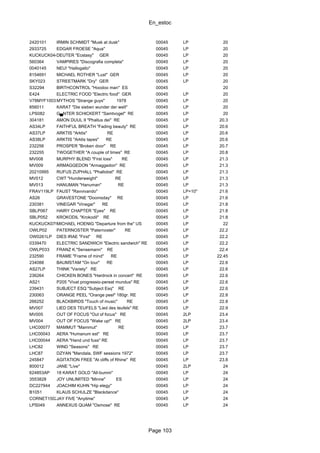 En_estoc
Page 103
2420101 IRMIN SCHMIDT "Musk at dusk" 00045 LP 20
2933725 EDGAR FROESE "Aqua" 00045 LP 20
KUCKUCK044DEUTER "Ecstasy" GER 00045 LP 20
560364 VAMPIRES "Discografia completa" 00045 LP 20
0040145 NEU! "Hallogallo" 00045 LP 20
8154691 MICHAEL ROTHER "Lust" GER 00045 LP 20
SKY023 STREETMARK "Dry" GER 00045 LP 20
S32294 BIRTHCONTROL "Hoodoo man" ES 00045 20
E424 ELECTRIC FOOD "Electric food" GER 00045 LP 20
V78MYF1003 MYTHOS "Strange guys" 1978 00045 LP 20
856011 KARAT "Die sieben wunder der welt" 00045 LP 20
LPS082 G▄NTER SCHICKERT "Samtvogel" RE 00045 LP 20
304181 AMON DUUL II "Phallus dei" RE 00045 LP 20.3
AS34LP FAITHFUL BREATH "Fading beauty" RE 00045 LP 20.6
AS37LP ARKTIS "Arktis" RE 00045 LP 20.6
AS38LP ARKTIS "Arktis tapes" RE 00045 LP 20.6
232256 PROSPER "Broken door" RE 00045 LP 20.7
232255 TWOGETHER "A couple of times" RE 00045 LP 20.8
MV008 MURPHY BLEND "First loss" RE 00045 LP 21.3
MV009 ARMAGGEDON "Armaggedon" RE 00045 LP 21.3
20210995 RUFUS ZUPHALL "Phallobst" RE 00045 LP 21.3
MV012 CWT "Hunderweight" RE 00045 LP 21.3
MV013 HANUMAN "Hanuman" RE 00045 LP 21.3
FRAV119LP FAUST "Ravvivando" 00045 LP+10" 21.6
AS26 GRAVESTONE "Doomsday" RE 00045 LP 21.6
230381 VINEGAR "Vinegar" RE 00045 LP 21.8
SBLP067 HAIRY CHAPTER "Eyes" RE 00045 LP 21.8
SBLP052 KROKODIL "Krokodil" RE 00045 LP 21.8
KUCKUCK079MICHAEL HOENIG "Departure from the" US 00045 LP 22
OWLP02 PATERNOSTER "Paternoster" RE 00045 LP 22.2
OW0261LP DIES IRAE "First" RE 00045 LP 22.2
0339470 ELECTRIC SANDWICH "Electric sandwich" RE 00045 LP 22.2
OWLP033 FRANZ K."Sensemann" RE 00045 LP 22.4
232590 FRAME "Frame of mind" RE 00045 LP 22.45
234088 BAUMSTAM "On tour" RE 00045 LP 22.6
AS27LP THINK "Variety" RE 00045 LP 22.6
236264 CHICKEN BONES "Hardrock in concert" RE 00045 LP 22.6
AS21 P205 "Vivat progressio-pereat mundus" RE 00045 LP 22.6
239431 SUBJECT ESQ "Subject Esq" RE 00045 LP 22.6
230063 ORANGE PEEL "Orange peel" 180gr. RE 00045 LP 22.8
266252 BLACKBIRDS "Touch of music" RE 00045 LP 22.8
MV007 LIED DES TEUFELS "Lied des teufels" RE 00045 LP 22.9
MV005 OUT OF FOCUS "Out of focus" RE 00045 2LP 23.4
MV004 OUT OF FOCUS "Wake up!" RE 00045 2LP 23.4
LHC00077 MAMMUT "Mammut" RE 00045 LP 23.7
LHC00043 AERA "Humanum est" RE 00045 LP 23.7
LHC00044 AERA "Hand und fuss" RE 00045 LP 23.7
LHC82 WIND "Seasons" RE 00045 LP 23.7
LHC87 DZYAN "Mandala, SWF sessions 1972" 00045 LP 23.7
245847 AGITATION FREE "At cliffs of Rhine" RE 00045 LP 23.8
800012 JANE "Live" 00045 2LP 24
624853AP 18 KARAT GOLD "All-bumm" 00045 LP 24
3553828 JOY UNLIMITED "Minne" ES 00045 LP 24
DC227944 JOACHIM KUHN "Hip elegy" 00045 LP 24
B1051 KLAUS SCHULZE "Blackdance" 00045 LP 24
CORNET15024JAY FIVE "Anytime" 00045 LP 24
LPS049 ANNEXUS QUAM "Osmose" RE 00045 LP 24
 