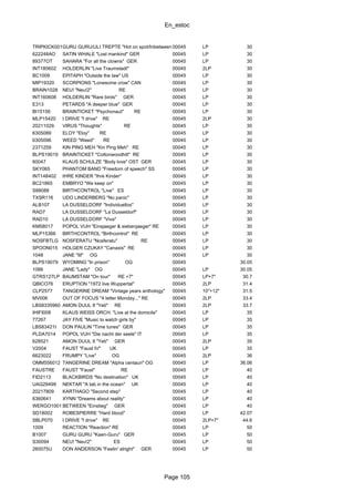 En_estoc
Page 105
TRIPKICK001GURU GURU/ULI TREPTE "Hot on spot/Inbetween"00045 LP 30
622248AO SATIN WHALE "Lost mankind" GER 00045 LP 30
89377OT SAHARA "For all the clowns" GER 00045 LP 30
INT180602 HOLDERLIN "Live Traumstadt" 00045 2LP 30
BC1009 EPITAPH "Outside the law" US 00045 LP 30
MIP19320 SCORPIONS "Lonesome crow" CAN 00045 LP 30
BRAIN1028 NEU! "Neu!2" RE 00045 LP 30
INT160608 HOLDERLIN "Rare birds" GER 00045 LP 30
E313 PETARDS "A deeper blue" GER 00045 LP 30
BI15156 BRAINTICKET "Psychonaut" RE 00045 LP 30
MLP15420 I DRIVE "I drive" RE 00045 2LP 30
20211029. VIRUS "Thoughts" RE 00045 LP 30
6305089 ELOY "Eloy" RE 00045 LP 30
6305096 WEED "Weed" RE 00045 LP 30
2371259 KIN PING MEH "Kin Ping Meh" RE 00045 LP 30
BLPS19019 BRAINTICKET "Cottonwoodhill" RE 00045 LP 30
60047 KLAUS SCHULZE "Body love" OST GER 00045 LP 30
SKY065 PHANTOM BAND "Freedom of speech" SS 00045 LP 30
INT148402 IHRE KINDER "Ihre Kinder" 00045 LP 30
BC21865 EMBRYO "We keep on" 00045 LP 30
S88088 BIRTHCONTROL "Live" ES 00045 LP 30
TXSR116 UDO LINDERBERG "No panic" 00045 LP 30
ALB107 LA DUSSELDORF "Individuellos" 00045 LP 30
RAD7 LA DUSSELDORF "La Dusseldorf" 00045 LP 30
RAD10 LA DUSSELDORF "Viva" 00045 LP 30
KM58017 POPOL VUH "Einsjaeger & siebenjaeger" RE 00045 LP 30
MLP15366 BIRTHCONTROL "Birthcontrol" RE 00045 LP 30
NOSFBTLG NOSFERATU "Nosferatu" RE 00045 LP 30
SPOON015 HOLGER CZUKAY "Canaxis" RE 00045 LP 30
1048 JANE "III" OG 00045 LP 30
BLPS19079 WYOMING "In prison" OG 00045 30.05
1066 JANE "Lady" OG 00045 LP 30.05
GTRS127LP BAUMSTAM "On tour" RE +7" 00045 LP+7" 30.7
QBICO76 ERUPTION "1972 live Wuppertal" 00045 2LP 31.4
CLP2577 TANGERINE DREAM "Vintage years anthology" 00045 10"+12" 31.5
MV006 OUT OF FOCUS "4 letter Monday..." RE 00045 2LP 33.4
LBS8335960 AMON DUUL II "Yeti" RE 00045 2LP 33.7
IHIFI008 KLAUS WEISS ORCH. "Live at the domicile" 00045 LP 35
77267 JAY FIVE "Music to watch girls by" 00045 LP 35
LBS83421I DON PAULIN "Time tunes" GER 00045 LP 35
PLDA7014 POPOL VUH "Die nacht der seele" IT 00045 LP 35
628521 AMON DUUL II "Yeti" GER 00045 2LP 35
V2004 FAUST "Faust IV" UK 00045 LP 35
6623022 FRUMPY "Live" OG 00045 2LP 36
OMM556012 TANGERINE DREAM "Alpha centauri" OG 00045 LP 36.06
FAUSTRE FAUST "Faust" RE 00045 LP 40
FID2113 BLACKBIRDS "No destination" UK 00045 LP 40
UAG29499 NEKTAR "A tab in the ocean" UK 00045 LP 40
20217809 KARTHAGO "Second step" 00045 LP 40
6360641 XYNN "Dreams about reality" 00045 LP 40
WERGO1001 BETWEEN "Einstieg" GER 00045 LP 40
SD18002 ROBESPIERRE "Hard blood" 00045 LP 42.07
SBLP070 I DRIVE "I drive" RE 00045 2LP+7" 44.6
1009 REACTION "Reaction" RE 00045 LP 50
B1007 GURU GURU "Kaen-Guru" GER 00045 LP 50
S30094 NEU! "Neu!2" ES 00045 LP 50
260075U DON ANDERSON "Feelin' alright" GER 00045 LP 50
 
