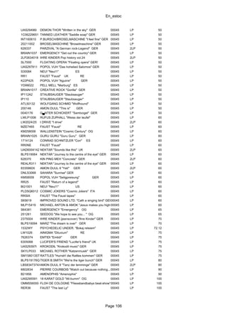En_estoc
Page 106
UAS29496I DEMON THOR "Written in the sky" GER 00045 LP 50
1C06229651 TANNED LEATHER "Saddle soap" GER 00045 LP 50
INT160610 P.BURSCH/BROSELMASCHINE "I feel fine" GER 00045 LP 50
20211002 BROSELMASCHINE "Broselmaschine" GER 00045 LP 50
628337 PARZIVAL "A German rock-Legend" GER 00045 2LP 50
BRAIN1037 EMERGENCY "Get out the country" GER 00045 LP 50
2LP2634018 IHRE KINDER Pop history vol.24 00045 2LP 50
SL7000 FLOATING OPERA "Floating opera" GER! 00045 LP 50
UAS297811 POPOL VUH "Das hohelied Salomos" GER 00045 LP 50
S30084 NEU! "Neu!1" ES 00045 LP 50
RR1 FAUST "Faust" UK RE 00045 LP 50
K22P425 POPOL VUH "Aguirre" GER 00045 LP 50
YD99022 PELL MELL "Marburg" ES 00045 LP 50
BRAIN1017 CREATIVE ROCK "Gorilla" GER 00045 LP 50
IP112A2 STAUBSAUGER "Staubsauger" 00045 LP 50
IP110 STAUBSAUGER "Staubsauger" 00045 LP 50
ATL50132 WOLFGANG SCHMID "Wolfhound" 00045 LP 50
200146 AMON DUUL "This is" GER 00045 LP 50
0040176 G▄NTER SCHICKERT "Samtvogel" GER 00045 LP 50
LWLP1006 RUFUS ZUPHALL "Weiss der teufel" 00045 LP 60
LW2024/25 I DRIVE "I drive" 00045 2LP 60
MZE7465 FAUST "Faust" RE 00045 LP 60
KM258006 WALLENSTEIN "Cosmic Century" OG 00045 LP 60
BRAIN1025 GURU GURU "Guru Guru" GER 00045 LP 60
1714124 CONRAD SCHNITZLER "Con" ES 00045 LP 60
RR0NE FAUST "Faust" 00045 LP 60
UAD6004142 NEKTAR "Sounds like this" UK 00045 2LP 60
BLPS19064 NEKTAR "Journey to the centre of the eye" GER 00045 LP 60
628370 KIN PING MEH "Concrete" GER 00045 2LP 60
REALR311 NEKTAR "Journey to the centre of the eye" GER 00045 LP 60
8335960X AMON DUUL II "Yeti" GER 00045 2LP 60
DNLS3068 SAHARA "Sunrise" GER 00045 LP 60
KM58009 POPOL VUH "Seligpreisung" GER 00045 LP 60
RR25 FAUST "Return of a legend" 00045 LP 60
BG1001 NEU! "Neu!1" US 00045 LP 60
PLDSQ6012 COSMIC JOKERS "Cosmic Jokers" ITA 00045 LP 60
RRSIX FAUST "The Faust tapes" 00045 LP 60
S65619 IMPROVED SOUND LTD. "Cath a singing bird" GER00045 LP 60
MLP15419 MICHAEL ANTON & AMOK "Jesus makes you high"00045 LP 60
S64381 EMERGENCY "Emergency" OG 00045 LP 65
251261 SEEDOG "We hope to see you... " OG 00045 LP 65
2375004 IHRE KINDER (jeanscover) "Ihre Kinder" GER 00045 LP 70
BLPS19094 MARZ "The dream is over" GER 00045 LP 70
1532WY PSYCHEDELIC UNDER. "Bokaj retsiem" 00045 LP 72.12
LW1026 AINIGMA "Diluvium" RE 00045 LP 75
7626374 EMTIDI "Emtidi" GER 00045 LP 75
6305068 LUCIFER'S FRIEND "Lucifer's friend" UK 00045 LP 75
UAS29397I KROKODIL "Krokodil music" GER 00045 LP 75
SKYLP033 MICHAEL ROTHER "Katzenmusik" GER 00045 LP 75
SM158013STYRATTLES "Hurrah! die Rattles kommen" GER 00045 LP 75
BLPS19176Q TIGER B.SMITH "We're the tiger bunch" GER 00045 LP 80
LBS8347374XAMON DUUL II "Tanz der lemminge" GER 00045 2LP 80
6802634 PIERRE COURBOIS "Watch out because nothing..." GER00045 LP 90
B21856 AMENOPHIS "Amenophis" 00045 LP 90
UAS295591 18 KARAT GOLD "All-bumm" OG 00045 LP 100
OMM556000 FLOH DE COLOGNE "Fliessbandbabys beat-show"00045 LP 100
RER36 FAUST "The last Lp" 00045 LP 100
 