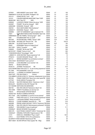 En_estoc
Page 107
2375001 IHRE KINDER "Leere hande" GER 00045 LP 100
OMM556010 FLOH DE COLOGNE "Profitgeier" OG 00045 LP 120
ATH114 FRANZ DE BYL "Und" OG 00045 LP 120
161012 P.BURSCH/BROSELMASCHINE "Idem" GER 00045 LP 120
BRAIN1062 NEU! "Neu!'75" GER 00045 LP 120
6360602 LUCIFER'S FRIEND "Where the group." GER 00045 LP 120
6305067 FRUMPY "All will be changed" GER 00045 LP 130
LBS83306I KROKODIL "Krokodil" GER 00045 LP 150
SG6720 WILD GENTLEMEN "Wild Gentlemen" 00045 LP 150
LBS83417 KROKODIL "Swamp" GER 00045 LP 150
6305062 LIGHT OF DARKNESS "Light of darkness" ES 00045 LP 150
75001 K▄HN BROTHERS & MAD ROCKERS "Idem" ES 00045 LP 150
OMM556020 ASH RA TEMPEL "Schwingungen" GER 00045 LP 150
IOIO STAUBSAUGER "Sex vor zwolf" 00045 2LP 150
6641055 PETER MICHAEL HAMEL "Hamel" GER 00045 2LP 150
MLP15409 SECOND LIFE "Second Life" OG 00045 LP 150.25
QBICO94 KLUSTER "Kluster & friends" 00045 6LP 160
65063 EPIDERMIS "Genius of original force" 00045 LP 200
20211029 VIRUS "Thoughts" GER 00045 LP 200
6360604 FRUMPY "By the way" GER 00045 LP 200
BLPS19107 FRAME "Frame of mind" OG 00045 LP 250
1C06229433DJANUS "Gravedigger" GER 00045 LP 250
1J06605113 JOHN KEATING "Space experience" US 00046 LP 10
PFS4212 CLAUDE DENJEAN "Moog!" OG 00046 LP 12
SKY121 SERGE BLENNER "Les architectes du temps" 00046 LP 12
0461215231 NEURONIUM "Vuelo quimico" 00046 LP 12
6370725 LOVE MACHINE "Love machine" ES 00046 LP 12
GM702 MUSICA ESPACIAL 00046 LP 12
RCA4114 JOYRIDE "Friendsound" RE 00046 LP 13.5
ELECTRONICFREE POP ELECT.C. "A new exciting experience" RE00046 LP 14
PL11855 RYO KAWASAKI "Juice" ES 00046 LP 14
BATC001 J.J.PERREY & CHAZAM "Eclektronics" 00046 LP 15
SWLP1007 POP BOUTIQUE 3 (Varios) 00046 LP 15
COLUMBIA7317J.BYRD & FIELD H. "American metaphysical circus" RE00046 LP 15
WS1463 FRANK COMSTOCK "Music from outer space"RE 00046 LP 15
LST7001 RUSS GARCIA "Fantastica" RE 00046 LP 15
LPM1240 SAUTER-FINEGAN ORCH. "Adventure in time" 00046 LP 15
MOOLAH1 MAURICE & WALTER "Moolah" RE 00046 LP 15
AV11004598 SWITCHED-ON-GERSHWIN 00046 LP 15
MS7194 WALTER CARLOS "Switched-on Bach" US 00046 LP 15
ARL10488 TOMITA "Snowflakes are dancing" US 00046 LP 15
700019 SPACE MUSIC SYNTHETISEUR 00046 LP 15
HAZS27106 MUSICA COSMICA ESPACIAL 00046 lp 15
SPL17339 JOEL FAJERMAN "La aventura de las plantas" 00046 LP 15
LPS030 FREE POP ELECT.C. "A new exciting experience" RE00046 LP 15
DDLP017 J.JACQUES PERREY "Moog sensations" 00046 LP 15.3
WB1819. LOUISE HUEBNER "Seduction thr. ..." RE 00046 LP 15.6
4800288 PIERRE HENRY/SPOOKY TOOTH "Ceremony" RE00046 LP 16.5
MS7288 WALTER CARLOS "Well-tempered synthesizer" US00046 LP 17
42085LP RON GEESIN "A raise of eyebrows" 00046 LP 17.7
FKR006LP BRUNO SPOERRI "Gluckskugel" 00046 LP 18
SR61279 ELECTRONIC CONCEPT ORCH. "Cinemoog" US 00046 LP 18
VAD023LP ORIGINAL POPCORN "Original popcorn" RE 00046 LP 18
12101 EDEN ELC. ENSEMBLE "Plug in Joplin" 00046 LP 18.03
LP013 ELECTRONIC TOYS (70's synthesizers) 00046 LP 20
GLOSPOT1102RON GEESIN "Electrosound" RE 00046 LP 20
B001136201 SILVER APPLES "Silver apples" RE 180gr. 00046 LP 20
 