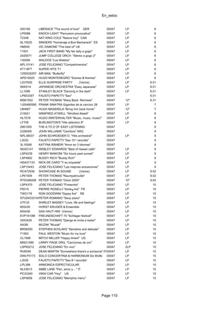 En_estoc
Page 110
200195 LIBERACE "The sound of love" GER 00047 LP 6
LP0086 ENOCH LIGHT "Percusion provocativa" 00047 LP 6
T2348 NAT KING COLE "Nature boy" CAN 00047 LP 6
AL15025 SINGERS "Homenaje a Burt Bacharach" ES 00047 LP 6
HM545 VIC DAMONE "The best of" UK 00047 LP 6
11001 JACK FIRST BAND "My fair lady a gogo" 00047 LP 6
2420071 JUMP COLLEGE ORCH. "Stereo a gogo 2" 00047 LP 6
130056 WALDOS "Los Waldos" 00047 LP 6
APL10141 JOSE FELICIANO "Compartimentos" 00047 LP 6
47116FT SUPER HITS '71 00047 LP 6
125DGS207 AIR MAIL "Butterfly" 00047 LP 6
APD10025 HUGO MONTENEGRO "Scenes & themes" 00047 LP 6
LD37630 ELLE-SURPRISE PARTY (Varios) 00047 LP 6.01
SKK514 JAPANESE ORCHESTRA "Easy Japanese" 00047 LP 6.01
LL1099 STANLEY BLACK "Dancing in the dark" 00047 LP 6.01
LP6033ST FAUSTO PAPETTI "Sax" 00047 6.01
MS61552 PETER THOMAS "Warp Back: Remixes" 00047 12" 6.31
1J05480585 FRANK SINATRA Gigantes de la cancion 28 00047 LP 7
U8466T HUGH MASEKELA "Bring him back home" 00047 12" 7
210021 WINIFRED ATWELL "Winifred Atwell" 00047 LP 8
HL7078 HUGO WINTERHALTER "Music, music, music!" 00047 LP 8
LF706 BURLINGTON'S "Hits selection 8" 00047 LP 8
2661005 THE A TO Z OF EASY LISTENING 00047 9
2326005 JOHN WILLIAMS "Cambios" ARG 00047 9
NPL38037 JOHN SCHROEDER O. "Hits orchestral" 00047 LP 9
L3032 FAUSTO PAPETTI "Sax 10¬ raccolta" 00047 9
3L10048 KATYNA RANIERI "Amor en 3 idiomas" 00047 9
SKAO141 WEBLEY EDWARDS "Best of Hawaii calls" 00047 LP 9
LSP4239 HENRY MANCINI "Six hours past sunset" 00047 LP 9
LSP4802 BUDDY RICH "Buddy Rich" 00047 LP 9
HDA37133 NICK DE CARO "Y su orquesta" 00047 LP 9
LSP10443 JOSE FELICIANO "Las mejores actuaciones" 00047 LP 9
RCA72936 SHOWCASE IN SOUND (Varios) 00047 LP 9.02
LP61509 PETER THOMAS "Raumpatrouille" 00047 LP 9.02
RTD346008 PETER THOMAS "Orion 2000" 00047 10" 9.62
LSP4370 JOSE FELICIANO "Fireworks" 00047 LP 10
P5015 PIERRE ROSELLI "Aime╖moi" FR 00047 LP 10
TWO178 RON GOODWIN "Gypsy fire" RE 00047 LP 10
STUDIO3310005PETER ROMANO "Sexy piano" 00047 LP 10
27512I SHIRLEY BASSEY "Love, life and feelings" 00047 LP 10
855230 HORST KRUGER & Ensemble 00047 LP 10
855436 DAS HAUT HIN! (Varios) 00047 LP 10
EVP1610M FREUNDSCHAFT 70 "Schlager festival" 00047 LP 10
3553429 PETER THOMAS "Django le invita a bailar" 00047 LP 10
AA36I MUZAK "Muzak" 00047 LP 10
BR56000 STEPHEN SCHLAKS "Sensitive and delicate" 00047 LP 10
T1563 PAUL WESTON "Music for my love" 00047 LP 10
CL1568 MITCH MILLER "Happy times!" US 00047 LP 10
MIS21089 LARRY PAGE ORQ. "Canciones de oro" 00047 LP 10
LSP60212 JOSE FELICIANO "En vivo" 00047 2LP 10
RV6049 DEAN MARTIN "Somewhere there's a someone" FR00047 LP 10
DWLP3173 SOLO CONCERTINA & HARMONIUM De Wolfe 00047 LP 10
L3030 FAUSTO PAPETTI "Sax 8¬ raccolta" 00047 LP 10
LPL396 ARMONICA ESPECTACULAR 00047 LP 10
NL43613 ABBE LANE "Pan, amor y... " IT 00047 LP 10
PC33340 VIKKI CAR "Hoy" US 00047 LP 10
LSP4656 JOSE FELICIANO "Memphis menu" 00047 LP 10
 