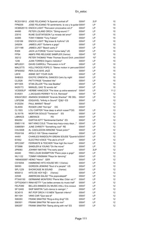 En_estoc
Page 111
RCS315912 JOSE FELICIANO "A Spanish portrait of" 00047 2LP 10
FPM209 JOSE FELICIANO "El sentimiento, la voz y la guitarra"00047 LP 10
HCMS28110 ENOCH LIGHT "Percusion provocativa vol.2" 00047 LP 10
44490 PETER LOLAND ORCH. "String-sound 1" 00047 LP 10
23010 RUNE GUSTAFSSON "La mirada del amor" 00047 LP 10
44485 TONY FABIAN "Tony Fabian" 00047 LP 10
CXS169 ENOCH LIGHT "Big brass & rhythms" US 00047 LP 10
249204 JAMES LAST "Guitarra a gogo" 00047 LP 10
2371188 JAMES LAST "Beach party 2" 00047 LP 10
R309 JACK LA FORGE "Comin' home baby" US 00047 LP 10
FPS4 A&M'S PRE-RELEASE SAMPLER (Varios) 00047 10" 10
30212 PETER THOMAS "Peter Thomas Sound Orch. presenta"00047 10" 10
1246 JUAN TORRES Organo melodico" 00047 LP 10
MPL6531 DAVID CARROLL "Percussion in hi-fi" 00047 LP 10
MALS775 HOLLYWOOD POPS O. "Stereo motion in percussion"00047 LP 10
DFM3002 PER-CUS-SIVE JAZZ 00047 LP 10
LM18 ANNIE GET YOUR GUN 00047 LP 10
SHB323 EXOTIC ORIENTAL DANCES Cairo by night 00047 LP 10
CL2526 PATTI PAGE "Greatest hits" 00047 LP 10
MY1005 STAN ZILLER "The new Beatles" 00047 LP 10
6429173 MANUEL GAS "El sonido de" 00047 LP 10
VCS005LP HERBIE HANCOCK "The blow up extra-sessions" 00047 LP 11.2
EVA001 J.JACQUES PERREY "E.V.A. Remixed" 00047 12" 12
9362472631 ANANDA SHANKAR "Ananda Shankar" RE DEL 00047 LP 12
LSP2296 ESQUIVEL "Infinity in Sound" 1║&2¬ ES 00047 LP 12
9120254 PAUL MARIAT "Bresil" 00047 12
DL4055 ROGER LINK "Hot lips" OG 00047 12
CL1503 LOU CARTER "How deep is which ocean?"OG 00047 LP 12
3L16176 MORTON GOULD "Tentacion" ES 00047 LP 12
LIBRACE LIBERACE PD 00047 LP 12
85029V EARTHA KITT "Sentimental Eartha" ES 00047 LP 12
EMS1116 NAT KING COLE "Those lazy-hazy-crazy days..." 00047 LP 12
03885581 JUNE CHRISTY "Something cool" RE 00047 LP 12
CHL5008 AL CAIOLA/DON ARNONE "Great pickin'" 00047 LP 12
PS30104 APOLO 100 "Obras maestras" 00047 LP 12
44491 CHARLES RANDOLPH GREAN SOUDE "Quentin's theme"00047 LP 12
EV552 ELECTRO-VOICE "The abc's of hi-fi" 00047 LP 12
SPC3397 FERRANTE & TEICHER "How high the moon" 00047 LP 12
ST2686 SANDLER & YOUNG "On the move" 00047 LP 12
2P6083 JOHNNY MATHIS "The early years" 00047 2LP 12
44440 TRIO LOUIS SHAMPTON "Piano pops a gogo" 00047 LP 12
WL1122 TOMMY KINSMAN "Plays for dancing" 00047 LP 12
1M04830097 HEINO "Heino" GER 00047 LP 12
CS16054 HAMMOND HITS HOUSE NR.1 (Varios) 00047 LP 12
S6093 GORDON JENKINS "Soul of a people" US 00047 LP 12
SPL1229 SHOWCASE IN SOUND (Varios) 00047 LP 12
M30012 HITS DE HOY N║1 (Varios) 00047 LP 12
22548 AMERICAN SALAD "The popocatepetl" 00047 LP 12
PTX40150 GERMAINE MONTERO "Pierre Mac Orlan vol.1" 00047 LP 12
CPTX240411 RINA KETTY "Les belles annees du music-hall" 00047 LP 12
FELP289 BELLES ANNEES DU MUSIC-HALL Ens.vocaux 00047 LP 12
SF12400 SKIP MARTIN "Let's dance to swingin'.." 00047 LP 12
SC4015 INT.POP ORCH.110 MEN "Spanish inferno" 00047 LP 12
89110H VIKKI CAR "Que sea el" 00047 LP 12
S90293 FRANK SINATRA "Ring-a-ding ding!" ES 00047 LP 12
S90301 FRANK SINATRA "Mi razon de vivir" 00047 LP 12
S90297 FRANK SINATRA "Swing along with me" ES 00047 LP 12
 