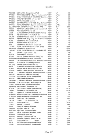 En_estoc
Page 117
RS829SD LEW DAVIES "Strange interlude" US 00047 LP 30
TP9506Z MUSIC SOUND ORCH. "Dynamic mood music.." JAP00047 LP box 30
TP9504Z SHOJI YOKOUCHI/BLUE DREAMERS "Dynamic guitar mood" JAP00047 LP 30
TP92005Z AROUND THE WORLD 4ch.-tour JAP 00047 LP 30
TP92003Z FANTASTIC MOOD 4channel 00047 LP 30
TP9502Z COUNT BUFFALO & HIS BIG B. "Plays Bacharach" JAP00047 LP 30
TP9514Z ROYAL POPS ORCH. "Dynamic continental tango" 00047 LP Box 30
GULLPP1018NEIL ARDLEY "Kaleiscope of rainbows" RE 00047 2LP 31.4
ABC221 FERRANTE & TEICHER "Heavenly sounds in hi-fi" US00047 LP 35
6405636 RAVI SHANKAR "Meera" US 00047 LP 35
LLP28 LUKE VIBERT'S FURHTER NUGGETS (Varios) 00047 2LP 35
S5078 101 STRINGS "Sounds of today" US 00047 LP 40
MRL306 BOBBY SHAD&BAD MEN "A 65-piece rock workshop"00047 LP 40
RS6211 DEAN MARTIN "Sings songs from the Silencers" US00047 LP 40
T1293 LES BAXTER "The sacred idol" US 00047 LP 40
46517 ROGER ROGER "Music for fun" 00047 LP 40
T288 LES BAXTER "Ritual of the savage" US 00047 LP 40
LST7148 AUGIE COLON "Chant of the jungle" ST OG 00047 LP 42.07
AIRLP1001 LES BAXTER "Barbarian" OG 00047 42.07
LRP3148 AUGIE COLON "Chant of the jungle" MONO OG 00047 LP 42.07
OSL7 CHAINO "Jungle echoes" OG 00047 LP 48
SC2127 GIMMICKS "En Acapulco" 00047 LP 50
ST1595 OUT-ISLANDERS "Polynesian fantasy" US 00047 LP 50
HTSLP340011ANDRE BRASSEUR "Early bird satellite" 00047 LP 50
SW2935 JACKIE GLEASON "Now sound...for today's loveres" US00047 LP 50
2385014 AUGUSTO ALGUERO "Mi gran amor" 00047 LP 50
SML1002 CHIM KOTARI "Sound of sitar" UK 00047 LP 50
A5021 TONY SAVONE "Hollywood up tight!!!! US 00047 LP 50
MON12 PIERRE PORTE "A musical picture" OG 00047 LP 60
FID2145 INDO JAZZMEN "Ragas and reflections" UK 00047 LP 60
89393I JOHN GREGORY ORCH. "Man for all seasons" ES 00047 LP 60
SR61137 BIG JIM SULLIVAN "Sitar beat" OG 00047 LP 60
DFLP1209 VITAL ORGAN "Murder at the keyboard..." 00047 LP 60
BD21117 OKKO BEKKER "Okko-solo" 00047 LP 60
UAG29546 JOHN GREGORY ORCH. "Man for all seasons" US00047 LP 60
VSD6549. J.JACQUES PERREY "Moog indigo" UK 00047 LP 60
DUNHILL50019HAL BLAINE "Psychedelic percussion" 00047 LP 75
PR5043SD. ENOCH LIGHT "Spaced out" US 00047 LP 75
ML4938 JIM FASSETT "Strange to your ears" OG 00047 LP 90.15
LAL486 LES BAXTER "The passions" OG 00047 10" 90.15
22562 YAMASUKI "El fabuloso mundo del" ES 00047 LP 100
SEM00001 MALEDICTUS SOUND "Les maledictus sound" FR 00047 LP 120
ECSD2528 ANANDA SHANKAR "And His Music" IND 00047 LP 400
2383650 SHADOWS "Life in the jungle" 00048 LP 3.01
CST539 JERRY COLE "A go go guitars" US 00048 LP 12
172777 SURFERS MOOD 2 (Varios) 00048 LP 12.35
LP5017 FIREBALLS "Torquay" 00048 LP 12.45
ED330 TEMPOS "Speaking of Tempos" 00048 LP 13
TIME2090 WEDGES "Hang ten" RE 00048 LP 13.5
SURF4960 DICK DALE "Draggin' and surfin'" 00048 LP 15
148752 IMPACTS/MERRELL & EXILES "Desert" 00048 LP 15
SOMA200 TRASHMEN "Surfin' Bird" 00048 LP 15
SD33239 FIREBALLS "Bottle of wine" US 00048 LP 15
BRLP117 J.COLE & STINGERS "Guitars a go go!" 00048 LP 15.33
GH211 SURFERS MOOD 3 (Varios) 00048 LP 15.6
ED278 RIVIERAS "Let's stomp with the Rivieras" 00048 LP 15.6
118046 UNIVERSE ROCKETIN': Space Blasters 00048 LP 16.1
 