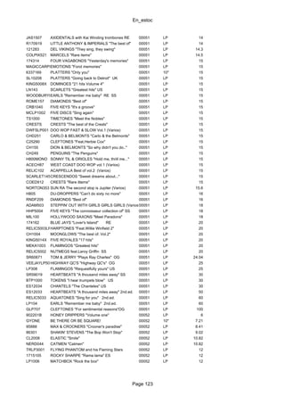 En_estoc
Page 123
JAS1507 AXIDENTALS with Kai Winding trombones RE 00051 LP 14
R170919 LITTLE ANTHONY & IMPERIALS "The best of" 00051 LP 14
121283 DEL VIKINGS "They sing, they swing" 00051 LP 14.3
COLPIX521 MARCELS "Rare items" 00051 LP 14.5
174314 FOUR VAGABONDS "Yesterday's memories" 00051 LP 15
MAGICCARPET1006EMOTIONS "Fond memories" 00051 LP 15
6337169 PLATTERS "Only you" 00051 10" 15
SL10208 PLATTERS "Going back to Detroit" UK 00051 LP 15
KING5008X DOMINOES "21 hits Volume 4" 00051 LP 15
LN143 SCARLETS "Greatest hits" US 00051 LP 15
WOODBURYLP104EARLS "Remember me baby" RE SS 00051 LP 15
ROME157 DIAMONDS "Best of" 00051 LP 15
CRB1040 FIVE KEYS "It's a groove" 00051 LP 15
MCLP1002 FIVE DISCS "Sing again" 00051 LP 15
TS1000 TIMETONES "Meet the Nobles" 00051 LP 15
CRESTS CRESTS "The best of the Crests" 00051 LP 15
DWFSLP001 DOO WOP FAST & SLOW Vol.1 (Varios) 00051 LP 15
CHD251 CARLO & BELMONTS "Carlo & the Belmonts" 00051 LP 15
C25290 CLEFTONES "Feat.Herbie Cox" 00051 LP 15
CH155 DION & BELMONTS "So why didn't you do.." 00051 LP 15
CH249 PENGUINS "The Penguins" 00051 LP 15
H800MONO SONNY TIL & ORIOLES "Hold me, thrill me..." 00051 LP 15
ACECH87 WEST COAST DOO WOP vol.1 (Varios) 00051 LP 15
RELIC102 ACAPPELLA Best of vol.2 (Varios) 00051 LP 15
SCARLET1453CRESCENDOS "Sweet dreams about..." 00051 LP 15
COED912 CRESTS "Rare ittems" 00051 LP 15
NORTON353 SUN RA The second stop is Jupiter (Varios) 00051 LP 15.6
H805 DU-DROPPERS "Can't do sixty no more" 00051 LP 16
RNDF209 DIAMONDS "Best of" 00051 LP 16
ADAM503 STEPPIN' OUT WITH GIRLS GIRLS GIRLS (Varios)00051 LP 18
HHP5004 FIVE KEYS "The connoisseur collection of" SS 00051 LP 18
MIL100 HOLLYWOOD SAXONS "Meet Paradons" 00051 LP 18
174162 BLUE JAYS "Lover's Island" RE 00051 LP 20
RELIC5003LPHARPTONES "Feat.Willie Winfield 2" 00051 LP 20
CH1004 MOONGLOWS "The best of. Vol.2" 00051 LP 20
KING5014X FIVE ROYALES "17 hits" 00051 LP 20
MEKA1003 FLAMINGOS "Greatest hits" 00051 LP 20
RELIC5002 NUTMEGS feat.Leroy Griffin SS 00051 LP 20
SR60671 TOM & JERRY "Plays Ray Charles" OG 00051 LP 24.04
VEEJAYLP5005HIGHWAY QC'S "Highway QC's" OG 00051 LP 25
LP308 FLAMINGOS "Requestfully yours" US 00051 LP 25
SR59019 HEARTBEATS "A thousand miles away" SS 00051 LP 30
BTP1000 TOKENS "I hear trumpets blow" US 00051 LP 30
ES12034 CHANTELS "The Chanteles" US 00051 LP 30
ES12033 HEARTBEATS "A thousand miles away" 2nd.ed. 00051 LP 50
RELIC5033 AQUATONES "Sing for you" 2nd.ed. 00051 LP 60
LP104 EARLS "Remember me baby" 2nd.ed. 00051 LP 60
GLP707 CLEFTONES "For sentimental reasons"OG 00051 LP 100
902201B HONEY DRIPPERS "Volume one" 00052 LP 6
GYONE BE THERE OR BE SQUARE! 00052 10" 7.21
95888 MAX & CROONERS "Crooner's paradise" 00052 LP 8.41
86301 SHAKIN' STEVENS "The Bop Won't Stop" 00052 LP 9.02
CL2008 ELASTIC "Smile" 00052 LP 10.82
NERD044 CATMEN "Catmen" 00052 LP 10.82
TRLP3001 FLYING PHANTOM and his Flaming Stars 00052 LP 12
1715105 ROCKY SHARPE "Rama lama" ES 00052 LP 12
LP1006 MATCHBOX "Rock the box" 00052 LP 12
 