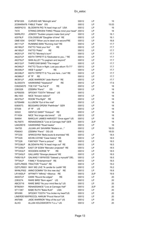 En_estoc
Page 13
BTM1005 CURVED AIR "Midnight wire" 00012 LP 15
2C06495476 FABLE "Fable" OG 00012 LP 15.03
AMSP4210 BLODWYN PIG "A head rings out" USA 00012 LP 16
T470 STRING DRIVEN THING "Please mind your head" 00012 LP 16
NWRLP01 JONESY "Sudden prayers make God jump" 00012 LP 16.1
42079LP COLOSSEUM "Daughter of time" RE 00012 LP 16.1
GME1004 GHOST "When you're dead one second"RE 00012 LP 16.6
AK111LP RUNNING MAN "Running man" RE 00012 LP 17.7
AK190LP PATTO "Hold your fire" RE 00012 LP 17.7
AK185LP PATTO "Patto" RE 00012 LP 17.7
AK201LP PATTO "Monkey's bum" 00012 LP 17.7
AK227LP KEITH TIPPETT G."Dedicated to you..." RE 00012 LP 17.7
AK275LP SKIN ALLEY "To pagham and beyond" 00012 LP 17.7
AK312LP THIRD EAR BAND "The magus" 00012 LP 17.7
AK346LP PATTO "Duck in flight. Lost jazz album 70-71" 00012 LP 17.7
AK336LP WEB "I spider" RE 00012 LP 17.7
AK338LP KEITH TIPPETT G."You are here...I am" RE 00012 LP 17.7
AK386LP IF "If" RE 00012 LP 17.7
AK391LP JADE WARRIOR "Jade Warrior" RE 00012 LP 17.7
SLS50374 HAWKWIND "Hawkwind" RE 00012 LP 17.9
C06204575 TOE FAT "Toe Fat II" RE 00012 LP 18
2383326 ZZEBRA "Panic" ES 00012 LP 18
ILPS9255 SPOOKY TOOTH "Witness" US 00012 18
IML1003 NICE "Amoeni redivivi" 00012 LP 18
AK375LP ROOM "Pre-flight" RE 00012 LP 18
ILPS9489 ILLUSION "Out of the mist" 00012 LP 18
6360073. BEGGARS OPERA "Pathfinder" GER 00012 LP 18
ST539 IF "If" US 00012 LP 18
32022 GENTLE GIANT "Octopus" RE 00012 LP 18
P11634 NICE "Ars longa vita brevis" US 00012 LP 18
SI4904 BARCLAY JAMES HARVEST "Once again" US 00012 LP 18
NL70670 RENAISSANCE "Live at Carnegie Hall" GER 00012 2LP 18
UAK29919 HAWKWIND "Road hawks" 00012 LP 18
164755 JULIAN JAY SAVARIN "Waiters on..." 00012 LP 18.03
PD6043 ZZEBRA "Panic" OG US 00012 18.03
TPT230 SPIROGYRA "Bells,boots & shambles" RE 00012 LP 18.5
TPT229 KEVIN COYNE "Case history" RE 00012 LP 18.5
TPT228 FANTASY "Paint a picture" RE 00012 LP 18.5
TPT236LP BLODWYN PIG "A head rings out" RE 00012 LP 18.5
TPT239LP EAST OF EDEN "Mercator projected" RE 00012 LP 18.5
TPT253LP WOODEN HORSE "II" RE 00012 LP 18.5
TPT245LP GALLIARD "Strange pleasure" RE 00012 LP 18.5
FKR015LP GALWAD Y MYNYDD "Galwad y mynydd" DEL 00012 LP 18.5
TPT54LP FAMILY "Entertainment" RE 00012 LP 18.5
OZITLP8005 TRACTOR "Tractor" RE 00012 LP 19.2
OZITLP8001 WAY WE LIVE "A candle for Judith" RE 00012 LP 19.2
WHNLP002 ANNO DOMINI "On this new day" RE 00012 LP 19.9
LR145DLP AFFINITY "Affinity" +8bonus RE 00012 2LP 19.9
AK007LP DARK "Round the edges" RE 00012 LP 20
2383274 RARE BIRD "Born again" US 00012 LP 20
ABCS716 RARE BIRD "As your mind flies by" US 00012 LP 20
BTM2001 RENAISSANCE "Live at Carnegie Hall" 00012 2LP 20
ST11367 BABE RUTH "Babe Ruth" USA 00012 LP 20
SP4385 SPOOKY TOOTH "You broke my heart"US 00012 LP 20
LINERDE16008PROCOL HARUM "Procol Harum"UK 00012 LP 20
AN7068 JADE WARRIOR "Way of the sun" US 00012 LP 20
ALHO ALLAN HOLDSWORTH "I.o.u." US 00012 LP 20
 