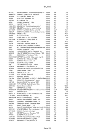 En_estoc
Page 130
RC37077 RACHEL SWEET "...And then he kissed me" SS 00055 LP 16
BOMP4005 VAMPIRES FROM OUTER SPACE Vol.1 00055 LP 16
AL58166 PATTI SMITH G. "Easter" US 00055 LP 16
SP4680 HEAD EAST "Head east" US 00055 LP 16
9251461 dB'S "Like this" US 00055 LP 16
82746 HOUNDS "Unleashed" NEL 00055 LP 16
S90154 YACHTS "Yachts" ES 00055 LP 16
VULCHER3 GIZMOS 1976 "Rockabilly yobs sessions" 00055 LP 16
VULCHER7 GIZMOS "Never mind the hoosier hysteria" 00055 LP 16
GET108LP JOHNNY THUNDERS "Belfast rocks" RE 00055 2LP 16.1
40031LP JOHNNY THUNDERS "You can't put your arms..." 00055 LP 16.1
SIRE98999 DMZ "Dmz" RE 00055 LP 16.1
207805 BEAT "The Beat" RE 00055 LP 16.3
185523 GERMS "What we do is Secret" RE 00055 LP 17
GH1102LP RICHARD HELL "Destiny street" RE 00055 LP 17
WW002 BEAT "The Beat" RE 00055 LP 17.7
207136 TELEFONES "Vibration change" RE 00055 LP 17.85
207137 NEW ORLEANS EXPERIENCE (Varios) 00055 LP 17.85
BS03 N.O. EXPERIENCE All Louisiana punk/power pop 00055 LP 17.85
35085 HOUNDS "Unleashed" OG 00055 18
BSK3404 PEARL HARBOR "And The Explosions" SS 00055 LP 18
BL36575 4 OUT OF 5 DOCTORS "4 out of 5 doctors" OG 00055 LP 18
85614 JIM CARROLL B. "Dry dreams" NEL 00055 LP 18
DBKWORKS107MISFITS "Project 1950" 180gr. purple vinyl RE 00055 LP 18
S60376 RAMONES "End of the century" ES 00055 LP 18
S60137 RAMONES "Road to ruin" ES 00055 LP 18
ST12168 KNACK "Round trip" SS/US 00055 LP 18
P15 CRETONES "Snap! snap!" US/SS 00055 LP 18
S804675 JIM CARROLL B. "Dry dreams" US 00055 LP 18
3E36452 CONTINENTALS "Fizz! pop! modern rock" SS 00055 10" 18
25144-1 TOM VERLAINE "Cover" US 00055 LP 18
PD16220 YACHTS "S.O.S." US 00055 LP 18
FR37050 20/20 "Look out!" promo US 00055 LP 18
SP65123 SUBURBS "Suburbs" 00055 LP 18
PAC1258 WENDY O WILLIAMS' ULTRAFLY... "Deffest! Baddest!" US00055 LP 18
37435 ROMANTICS "Strictly personal" promo 00055 LP 18
6337163 CAROLYNE MAS "Mas hysteria" GER 00055 LP 18
ARISTA4097 PATTI SMITH G. "Radio Ethiopia" 180gr. 00055 LP 18
SRM14012 BRAINS "Electronic Eden" 00055 LP 18.03
PL909 MISFITS "Collection" RE 00055 LP 18.7
RUR0034LP SUICIDE COMMANDOS "Commandos commit suicide"00055 2LP 18.75
PL9081 MISFITS "Evilive" 00055 LP 19
900112LP NEW YORK DOLLS "Too much too soo " RE 00055 LP 19.5
CAR75201 MISFITS "Static age" RE 00055 LP 19.7
BLP004USA BLOTTO "Combo akimbo" US/SS 00055 LP 20
AB4214 DWIGHT TWILLEY BAND "Twilley" OG 00055 LP 20
GHS4002 PLIMSOULS "(Everywhere at once)" OG 00055 LP 20
BSK3400 TAZMANIAN DEVILS "Tazmanian devils" 00055 LP 20
6E303 SHOES "Tongue twister" US 00055 LP 20
AB4140 DWIGHT TWILLEY BAND "Twilley don't mind" US/SS00055 LP 20
SRM11001 NEW YORK DOLLS "Too much too soo " CAN 00055 LP 20
MFL18509 BONGOS "Numbers with wings" 00055 LP 20
512651 DICKIES "Stukas over Disneyland" SS 00055 10" 20
PVC8904 RAYBEATS "Guitar beat" US 00055 LP 20
AFL13475 SYLVAIN SYLVAIN "Sylvain Sylvain" US 00055 LP 20
BFZ40266 DWIGHT TWILLEY "Wild dogs" SS 00055 LP 20
SD38145 JIM CARROLL B. "Dry dreams" US 00055 LP 20
 