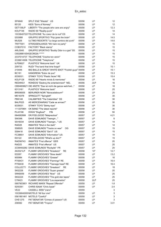 En_estoc
Page 132
SP4848 SPLIT ENZ "Waiata" US 00056 LP 12
85120 KIDS "Sons of Norway" 00056 LP 12
GET159LP LIBERTY "The people who care are angry" 00056 LP 12.3
KOLP148 RADIO 69 "Reality-punk" 00056 LP 14
10C064072279TELEPHONE "Au coeur de la nuit" ES 00056 LP 14
I203988 GRUPPO SPORTIVO "Pop goes the brain" 00056 LP 14.5
MUS26 ULTIMO RESORTE "La larga sombra del punk" 00056 LP 14.6
TRITT001 STRASSENJUNGS "Wir ham ne party" 00056 LP 15
COB37010 FACTORY "Black stamp" 00056 LP 15
ARL5045 GRUPPO SPORTIVO "Buddy Odor is a gas" SS 00056 LP 15
C6028861004GEORGIA ****** 00056 LP 15
2C07014737 TELEPHONE "Crache ton venin" 00056 LP 15
2C06614506 TELEPHONE "Telephone" 00056 LP 15
ILPS9627 PLASTICS "Welcome back" UK 00056 LP 15
209733 RUDI "The band that time forgot" 00056 LP 15.1
210449 BIG BALLS & GREAT WHITE IDIOT "Foolish guys" 00056 LP 15.1
BC181 KANGRENA "Estoc de pus" 00056 LP 15.3
8330031. STINKY TOYS "Plastic faces" RE 00056 LP 15.4
KOLP128 RADIO 69 "Hearts minds & memories" 00056 LP 16
REDWIG1 RONDOS "Destroy the entertainment" NEL 00056 2LP 16
CBS4609621 DIE ARZTE "Das ist nicht die ganze wahrheit..." 00056 LP 18
6313161 PLASTICS "Welcome back" 00056 LP 25
BR008005 BERURIER NOIR "Abracadaboum!" 00056 LP 25
ME18378 SPINGLETT "Spinglett" 00056 LP 30
PBS148 CALAMITIES "The Calamities" SS 00056 LP 30
BALP025 AS MERCENARIAS "Cade as armas?" 00056 LP 30
8330031 STINKY TOYS "Stinky toys" 00056 LP 30
11133706H OK BAND "The latest reports" 00056 LP 30
PL43196 DOGS "Dogfood" FIN 00056 LP 50
064082908 DR.FEELGOOD "Malpractice" 00057 LP 4.21
S90396 DAVE EDMUNDS "Twangin..." 00057 LP 9
SS16034 DAVE EDMUNDS "Twangin..." US 00057 LP 14
RAD28 INMATES "Shot in the dark" 00057 LP 14
SS8505 DAVE EDMUNDS "Tracks on wax" OG 00057 LP 15
SS8418 DAVE EDMUNDS "Get it" US 00057 LP 15
FC38651 DAVE EDMUNDS "Information" US 00057 LP 15
ED122 DR.FEELGOOD "What's up doc?" 00057 LP 15
RAD56743 INMATES "First offence" GER 00057 LP 20
RAD25 INMATES "First offence" US 00057 LP 20
2C06493282 DAVE EDMUNDS "Rockpile" FR 00057 LP 25
AK2021LP FLAMIN' GROOVIES "Sneakers" RE 00058 10" 12.7
ED297 FLAMIN' GROOVIES "Slow death" 00058 LP 13.2
900984 FLAMIN' GROOVIES "Grease" 00058 LP 16
P759431 FLAMIN' GROOVIES "Flamingo" RE 00058 LP 16.4
P759430 FLAMIN' GROOVIES "Teenage head" RE 00058 LP 16.4
COLLECT1 FLAMIN' GROOVIES "Sneakers" RE 00058 LP 18
SKI2226 FLAMIN' GROOVIES "Super grease" 00058 LP 20
SRK6059 FLAMIN' GROOVIES "Now" US 00058 LP 25
SKI2224 FLAMIN' GROOVIES "The gold star tapes" 00058 LP 25
C78423 FLAMIN' GROOVIES "Los esperados" 00058 2LP 25
0667903801 RICHARD MARX "Repeat Offender" 00059 LP 1.8
9255361 CHRIS ISAAK "Chris Isaak" 00059 LP 2.4
VE22 CASSELL WEB "Llano" 00059 3
10C066400096MOTELS "All four one" 00059 LP 3
0561861461 MOTELS "Careful" 00059 LP 3
CHE1275 PAT BENATAR "Crimes of passion" US 00059 LP 3
206582 PAT BENATAR "Tropico" 00059 LP 3.01
 