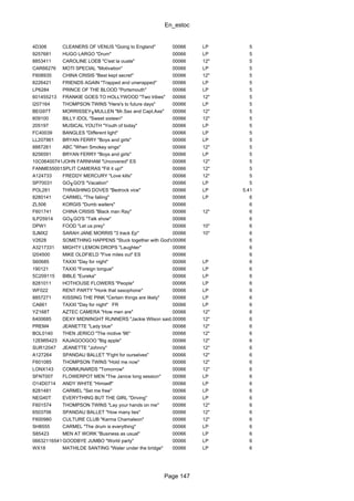 En_estoc
Page 147
4D306 CLEANERS OF VENUS "Going to England" 00066 LP 5
9257681 HUGO LARGO "Drum" 00066 LP 5
8853411 CAROLINE LOEB "C'est la ouate" 00066 12" 5
CAR66276 MOTI SPECIAL "Motivation" 00066 LP 5
F608935 CHINA CRISIS "Best kept secret" 00066 12" 5
8226421 FRIENDS AGAIN "Trapped and unwrapped" 00066 LP 5
LP6284 PRINCE OF THE BLOOD "Portsmouth" 00066 LP 5
601455213 FRANKIE GOES TO HOLLYWOOD "Two tribes" 00066 12" 5
I207164 THOMPSON TWINS "Here's to future days" 00066 LP 5
BEG97T MORRISSEY╖MULLEN "Mr.Sax and Capt.Axe" 00066 12" 5
609100 BILLY IDOL "Sweet sixteen" 00066 12" 5
205197 MUSICAL YOUTH "Youth of today" 00066 LP 5
FC40039 BANGLES "Different light" 00066 LP 5
LL207961 BRYAN FERRY "Boys and girls" 00066 LP 5
8887261 ABC "When Smokey sings" 00066 12" 5
8256591 BRYAN FERRY "Boys and girls" 00066 LP 5
10C064007411JOHN FARNHAM "Uncovered" ES 00066 12" 5
FANME55001SPLIT CAMERAS "Fill it up!" 00066 12" 5
A124733 FREDDY MERCURY "Love kills" 00066 12" 5
SP70031 GO╖GO'S "Vacation" 00066 LP 5
POL281 THRASHING DOVES "Bedrock vice" 00066 LP 5.41
8280141 CARMEL "The falling" 00066 LP 6
ZL506 KORGIS "Dumb waiters" 00066 6
F601741 CHINA CRISIS "Black man Ray" 00066 12" 6
ILP25914 GO╖GO'S "Talk show" 00066 6
DPW1 FOOD "Let us prey" 00066 10" 6
SJMX2 SARAH JANE MORRIS "3 track Ep" 00066 10" 6
V2628 SOMETHING HAPPENS "Stuck together with God's.."00066 6
A3217331 MIGHTY LEMON DROPS "Laughter" 00066 6
I204500 MIKE OLDFIELD "Five miles out" ES 00066 6
S60685 TAXXI "Day for night" 00066 LP 6
190121 TAXXI "Foreign tongue" 00066 LP 6
5C209115 BIBLE "Eureka" 00066 LP 6
8281011 HOTHOUSE FLOWERS "People" 00066 LP 6
WF022 RENT PARTY "Honk that saxophone" 00066 LP 6
8857271 KISSING THE PINK "Certain things are likely" 00066 LP 6
CA661 TAXXI "Day for night" FR 00066 LP 6
YZ168T AZTEC CAMERA "How men are" 00066 12" 6
6400685 DEXY MIDNINGHT RUNNERS "Jackie Wilson said..."00066 12" 6
PREM4 JEANETTE "Lady blue" 00066 12" 6
BOL0140 THEN JERICO "The motive '96" 00066 12" 6
12EMI5423 KAJAGOOGOO "Big apple" 00066 12" 6
SUR12047 JEANETTE "Johnny" 00066 12" 6
A127264 SPANDAU BALLET "Fight for ourselves" 00066 12" 6
F601085 THOMPSON TWINS "Hold me now" 00066 12" 6
LONX143 COMMUNARDS "Tomorrow" 00066 12" 6
SFNT007 FLOWERPOT MEN "The Janice long session" 00066 LP 6
O14D0714 ANDY WHITE "Himself" 00066 LP 6
8281481 CARMEL "Set me free" 00066 LP 6
NEG40T EVERYTHING BUT THE GIRL "Driving" 00066 LP 6
F601574 THOMPSON TWINS "Lay your hands on me" 00066 12" 6
6503706 SPANDAU BALLET "How many lies" 00066 12" 6
F600980 CULTURE CLUB "Karma Chamaleon" 00066 12" 6
SH8555 CARMEL "The drum is everything" 00066 LP 6
S85423 MEN AT WORK "Business as usual" 00066 LP 6
06632116541GOODBYE JUMBO "World party" 00066 LP 6
WX18 MATHILDE SANTING "Water under the bridge" 00066 LP 6
 