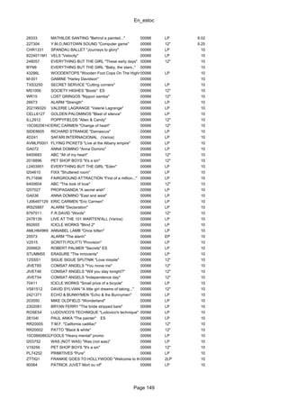 En_estoc
Page 149
28333 MATHILDE SANTING "Behind a painted..." 00066 LP 9.02
227304 Y.M.O./MOTOWN SOUND "Computer game" 00066 12" 9.25
CHR1331 SPANDAU BALLET "Journeys to glory" 00066 LP 10
8224011M1 VELS "Velocity" 00066 LP 10
248057 EVERYTHING BUT THE GIRL "These early days" 00066 12" 10
BYN9 EVERYTHING BUT THE GIRL "Baby, the stars.." 00066 10
43296L WOODENTOPS "Wooden Foot Cops On The Highmay"00066 LP 10
M-001 GAMINE "Harley Davidson" 00066 10
TXS3250 SECRET SERVICE "Cutting corners" 00066 LP 10
MS1006 SOCIETY HIGHES "Boots" ES 00066 12" 10
WR15 LOST GRINGOS "Nippon samba" 00066 12" 10
26673 ALARM "Strength" 00066 LP 10
202199320 VALERIE LAGRANGE "Valerie Lagrange" 00066 LP 10
CELL6127 GOLDEN PALOMINOS "Blast of silence" 00066 LP 10
ILL2912 POPPYFIELDS "Alien & Candy" 00066 12" 10
10C062061437ERIC CARMEN "Change of heart" 00066 12" 10
SIDE8605 RICHARD STRANGE "Damascus" 00066 LP 10
4D241 SAFARI INTERNACIONAL (Varios) 00066 LP 10
AVMLP0001 FLYING PICKETS "Live at the Albany empire" 00066 LP 10
GA072 ANNA DOMINO "Anna Domino" 00066 LP 10
6400683 ABC "All of my heart" 00066 12" 10
2018896 PET SHOP BOYS "It's a sin" 00066 12" 10
L2403951 EVERYTHING BUT THE GIRL "Eden" 00066 LP 10
I204610 FIXX "Shuttered room" 00066 LP 10
PL71696 FAIRGROUND ATTRACTION "First of a million..." 00066 LP 10
6400604 ABC "The look of love" 00066 12" 10
I207027 PROPAGANDA "A secret wish" 00066 LP 10
GA036 ANNA DOMINO "East and west" 00066 LP 10
1J06497129 ERIC CARMEN "Eric Carmen" 00066 LP 10
IRS25887 ALARM "Declaration" 00066 LP 10
8797011 F.R.DAVID "Words" 00066 12" 10
2478139 LIVE AT THE 101 WARTS'N'ALL (Varios) 00066 LP 10
892655 ICICLE WORKS "Blind 2" 00066 LP 10
AMLH64969 ANNABEL LAMB "Once bitten" 00066 LP 10
25573 ALARM "The alarm" 00066 EP 10
V2515 SCRITTI POLITTI "Provision" 00066 LP 10
200662I ROBERT PALMER "Secrets" ES 00066 LP 10
STUMM55 ERASURE "The innocents" 00066 LP 10
12SSS1 SIGUE SIGUE SPUTNIK "Love missile" 00066 12" 10
JIVET65 COMSAT ANGELS "You move me" 00066 12" 10
JIVET46 COMSAT ANGELS "Will you stay tonight?" 00066 12" 10
JIVET54 COMSAT ANGELS "Independence day" 00066 12" 10
70411 ICICLE WORKS "Small price of a bicycle" 00066 LP 10
VS81512 DAVID SYLVIAN "A little girl dreams of taking..." 00066 12" 10
2421371 ECHO & BUNNYMEN "Echo & the Bunnymen" 00066 LP 10
203550 MIKE OLDFIELD "Wonderland" 00066 LP 10
2302081 BRYAN FERRY "The bride stripped bare" 00066 LP 10
ROSE54 LUDOVICO'S TECHNIQUE "Ludovico's technique" 00066 LP 10
28104I PAUL ANKA "The painter" ES 00066 LP 10
RR20005 T.M.F. "California cadillac" 00066 12" 10
RR20002 PATTO "Black & white" 00066 12" 10
10C066086325FOOLS "Heavy mental" promo 00066 LP 10
I203752 WAS (NOT WAS) "Was (not was)" 00066 LP 10
V19256 PET SHOP BOYS "It's a sin" 00066 12" 10
PL74252 PRIMITIVES "Pure" 00066 LP 10
ZTTIQ1 FRANKIE GOES TO HOLLYWOOD "Welcome to the pleasure dome"00066 2LP 10
90064 PATRICK JUVET Mort ou vif" 00066 LP 10
 