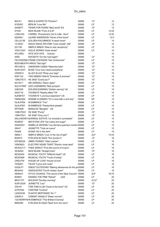 En_estoc
Page 151
BOLX1 MAG & SUSPECTS "Erection" 00066 12" 12
8183291 BERLIN "Love life" 00066 LP 12
6400677 TEARS FOR FEARS "Mad world" ES 00066 12" 12
GT041 NEW MUSIK "From A to B" 00066 LP 12.02
LONLP40 CARMEL "Everybody's Got A Little...Soul" 00066 LP 12.02
9254001 LAURIE ANDERSON "Home of the brave" 00066 LP 12.5
CELL6138 GOLDEN PALOMINOS "A dead horse" 00066 LP 14
12-SSS1 SIGUE SIGUE SPUTNIK "Love missile" JAP 00066 12" 14
201150 SIMPLE MINDS "Real to real cacophony" 00066 LP 14
VOG13337 ICICLE WORKS "Icicle works" 00066 LP 14
RTL2063 HITS HITS HITS (Varios) 00066 15
0095 ROCKETS "On the road again" 00066 12" 15
FELP400399JFRANK CHICKENS "Get chickenized" 00066 LP 15
BODYBEATR1YARGO "Get high" 00066 12" 15
RR125512 UNKNOWN CASES "Masimba bele" 00066 12" 15
SUR12037 BLISS "Your love meant everything" 00066 12" 15
VS55612 ALLEZ ALLEZ "Wrap your legs" 00066 12" 15
EDIT122 TWO MINDS CRACK "Enemies of promise" 00066 12" 15
12MUTE73 HE SAID "Could you?" 00066 12" 15
8412511 DIE WARZAU "Disco rigido" 00066 LP 15
SLE14790P UDO LIDENBERG "Ball pompos" 00066 LP 15
2482329 GOLDEN EARRING "Golden earring" UK 00066 LP 15
2933116 TOURISTS "Reality effect" FR 00066 LP 15
NJE86757 TOURISTS "Luminous basement" US 00066 LP 15
FMS62264 NONNIE & ONNIES "I'm in love with a rent boy" 00066 EP 15
GLALP004 IN EMBRACE "Too" 00066 LP 15
GLALP001 IN EMBRACE "Passionfruit pastels" 00066 LP 15
SP70506 BANGLES "Bangles" US 00066 LP 15
12MUTE43 HE SAID "Pump" 00066 12" 15
12MUTE41 HE SAID "Only one I" 00066 12" 15
SALVADOR1985SURREAL ESTATE "La revolution surrealiste" 00066 LP 15
ROSE97 IMITATION LIFE "Ice cubes and sugar" 00066 LP 15
4G045201 ISABELLE ANTENA "Les derniers guerriers romantiques"00066 LP 15
28447 JEANETTE "Todo es nuevo" 00066 LP 15
P4008 ICONS "Art in the dark" 00066 LP 15
SMDL1 SIMPLE MINDS "Live. In the city of light" 00066 2LP 15.03
B20615 EYELESS IN GAZA "Sun bursts in" 00066 12" 18
EPC85235 JIMMY PURSEY "Alien orphan" 00066 LP 18
VISION23 ELECTRIC NOISE TWIST "Electric noise twist" 00066 LP 18
MCA42117 THEN JERICO "First (the sound of music)" 00066 LP 18
3E36450 NEW MUSIK "Straight lines" 00066 10" 18
MCA5454 MUSICAL YOUTH "Different style!" US 00066 LP 18
MCA5389 MUSICAL YOUTH "Youth of today" 00066 LP 18
CRELP34 HOUSE OF LOVE "House of love" 00066 LP 18
T630001 TALES "Lyrics and rocks" 00066 LP 18
GODLP1 GREAT OUTDOORS "Making allowances for the jargon..."00066 LP 18
BEGA43 ASSOCIATES "Fourth drawer down" 00066 LP 18
0656431 STYLE COUNCIL "The sound of the Style Council" 00066 2LP 18.75
800801 KISSING THE PINK "Naked" USA 00066 LP 20
BEG175T BOLSHOI "Sunday morning" 00066 2x12" 20
SUR12038 JEANETTE "Leo" 00066 12" 20
239161 TOM TOM CLUB "Close to the bone" US 00066 LP 20
ILPS7004 CRISTINA "Cristina" 00066 LP 20
LDA20336 PLASTIC BERTRAND "An 1" 00066 LP 20
2383614 COMSAT ANGELS "Sleep nomore" 00066 LP 20
12CHERRY90IN EMBRACE "This Brilliant Evening" 00066 LP 20
BRED69 EYELESS IN GAZA "Back from the rains" 00066 LP 20
 