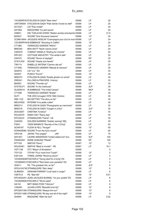 En_estoc
Page 152
12CHERRY63EYELESS IN GAZA "New risen" 00066 LP 20
UNITON004 EYELESS IN GAZA "Pale hands I loved so well" 00066 LP 20
8312321 LIO "Pop model" 00066 LP 20
I201963 INDOCHINE "Le peril jaune" 00066 LP 20
258651 DIE TODLICHE DORIS "Welten-worlds-ohontsa'shon"00066 LP 21.5
B20637 SOUND "One thousand reasons" 00066 12" 24
2C06814844 JACQUES HIGELIN "Champagne pour tout le monde"00066 LP 24
12CHERRY84IN EMBRACE "Shouting In CafΘs" 00066 12" 24
CT1960 TERRACED GARDEN "Within" 00066 LP 24
BRED40 BEN WATT "North marine drive" 00066 LP 24
2383578 COMSAT ANGELS "Waiting for miracle" 00066 LP 25
IPR1001 COTTAGE INDUSTRY "The winter's tale" 00066 LP 25
D30370 SOUND "Shock of daylight" 00066 EP 25
STATLP24 SOUND "Heads and hearts" 00066 LP 25
TWI114. ISABELLE ANTENA "Camino del sol" 00066 LP 25
CT1956 TERRACED GARDEN "Melody & menace" 00066 LP 30
I202972 LIO "Lio" ES 00066 LP 30
505557 PUNCH "Punch" 00066 12" 30
BRED73 EYELESS IN GAZA "Kodak ghosts run amok" 00066 LP 30
ZRED41 PILLOWS & PRAYERS (Varios) 00066 LP 30
BIAS53 SOUND "Thunder up" 00066 LP 30
STATDLP1 SOUND "In the hothouse" 00066 2LP 30
GLASS014 IN EMBRACE "The Initial Caress" 00066 MLP 30
CT1958 TERRACED GARDEN "Braille" 00066 LP 30
DLP1 THE ZOO Uncaged 1978-1982 (Varios) 00066 LP 30
SML1120 MO-DETTES "The story so far" 00066 LP 30
MEUH!002 INTERIM "A la petite cuiller" 00066 LP 30
BRED13 EYELESS IN GAZA "Photographs as memories" 00066 LP 30
BRED18 EYELESS IN GAZA "Caught in a flux" 00066 2LP 30
ZEA33007 CRISTINA "Cristina" 00066 LP 30
ROUGH70 RAINY DAY "Rainy day" 00066 LP 30
EPC25237 STRANGLERS "Feline" UK 00066 LP 30
2340003 GOLDEN EARRING "Golden earring" NEL 00066 LP 35
P3001 10000 MANIACS "Secrets of the I Ching" 00066 LP 40
SCAR18T FLESH & FELL "Hunger" 00066 12" 50
KOWK58384 SOUND "From the lions mouth" 00066 LP 65
VIP4106 JAPAN "The singles" JAP 00066 LP 75
9251921 LAURIE ANDERSON "United states live" box 00066 5LP 100
PASSIV001 KEINE AHNUNG "Plasitk" 00066 EP 100
RTT193 SMITHS "Panic" 00067 12" 12
ROUGH81 SMITHS "Meat is murder" RE 00067 LP 16.1
VST1158 XTC "Mayor of Simpleton" 00068 5
TOY122 TOYAH "Four more from Toyah" 00068 12" 5
E301234 THREE JOHNS "World by storm" 00068 LP 5
10C064082867FISCHER-Z "Going deaf for a living" ES 00068 LP 5
10C066083100YFISCHER-Z "Red skies over paradise" ES 00068 LP 5
304011 PIL "The greatest hits, so far" 00068 2LP 6
EPCA124738 STRANGLERS "Skin deep" 00068 12" 6
ALB68391 GRAHAM PARKER "Look back in anger" 00068 LP 6
VS67512 PIL "Bad life" 00068 12" 6.01
EPC4624241 JEAN-JACQUES BURNEL "Un jour parfait" ES 00068 LP 8
10C064082635FISCHER-Z "Word salad" 00068 LP 8
GA152 BIFF BANG POW! "Oblivion" 00068 LP 8
12IS483 JULIAN COPE "Beautiful love Ep" 00068 12" 8
EPC6501306 STRANGLERS "Always the sun" 00068 12" 9
EPC6511996 STRANGLERS "All day and all of the night" 00068 12" 9
204949 MAGAZINE "After the fact" 00068 LP 9.02
 