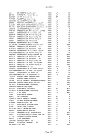 En_estoc
Page 157
U013 DE PRESS "On the other side" 00069 LP 75
DE1000 CHROME "The visitation" 2nd. ed. 00069 LP 75
EM12007 UV POP "Anyone for me" 00069 EP 80
PLUGEDR PLUGZ "Plugz" test pressing 00069 100
MOMIA001 VIA LACTEA "Via lactea" MEX 00069 LP 100
DRO060 MECANICA POPULAR "Mecanica popular" 00069 LP 250
DLNA581 ESPLENDOR GEOMETRICO "Acero / Heroes .. 00069 LP 300
TTL-1GR ESPLENDOR GEOMETRICO "Acero / Heroes .. 2nd ED00069 LP 300
LWB6542 JOHN FOGERTY "Eye of the zombie" 00070 LP 6
M40047S CREEDENCE C.R. "More Creedence gold" ES 00070 LP 6
2505191 STEPPENWOLF "At your birhtday party" 00070 LP 10
OCR4516 CREEDENCE C.R. "Cosmo's factory" RE 00070 LP 12
M40010S CREEDENCE C.R. "Bayou country" ES 00070 LP 12
150013 CREEDENCE C.R. "Cosmo's factory" ES 00070 LP 12
S60594 CREEDENCE C.R. "The concert" 00070 LP 12
201578241 STEPPENWOLF "Steppenwolf" RE 00070 LP 12
COLUM9758 JOHN KAY & SPARROW "Collector's item" 00070 LP 13.5
M40028S CREEDENCE C.R. "Pendulum" ES 00070 LP 14
BLPS19017 CREEDENCE C.R. "Pendulum" GER 00070 LP 14
MCA37192 STEPPENWOLF "At your birhtday party" US 00070 LP 15
FANTASY8402CREEDENCE C.R. "Cosmo's factory" US 00070 LP 15
J06293521 STEPPENWOLF "Rest peace 67/72" ES 00070 LP 15.03
AK022LP CREEDENCE C.R. "Green river" RE 00070 LP 17.7
AK021LP CREEDENCE C.R. "Pendulum" RE 00070 LP 17.7
AK023LP CREEDENCE C.R. "Bayou country" RE 00070 LP 17.7
AK020LP CREEDENCE C.R. "Willy & poor boys"RE 00070 LP 17.7
AK024LP CREEDENCE C.R. "Cosmo's factory" RE 00070 LP 17.7
DSX50090 STEPPENWOLF "7" US 00070 2LP 18
DSX50053 STEPPENWOLF "At your birhtday party" US 00070 LP 20
FANTASY8397CREEDENCE C.R. "Willy & poor boys" US 00070 LP 25
DS50037 STEPPENWOLF "The second" US 00070 2LP 25
FANTASY8382CREEDENCE C.R. "Creedence C.R." 00070 LP 40
L2406321 HOWARD JONES "Dream into action" 00071 3.01
L240335 HOWARD JONES "Human's lib" 00071 3.01
T207580 RYUCHI SAKAMOTO "Illustrated musical ency." 00071 3.01
MS2492980 HOWARD JONES "Bounce right back" 00071 LP 3.61
EPC26215 FLASH & THE PAN "Early morning.." 00071 LP 3.91
12MUTE174 ERASURE "Stay with me" 00071 4
PG70354 EURYTHMICS "Touch dance" 00071 12" 4.21
EPC26215* FLASH & THE PAN "Early morning.." 00071 LP 4.81
207207 O.M.D. "Crush" 00071 LP 4.81
71050 EURYTHMICS "Revenge" 00071 5
8848771 YELLO "Goldrush" 00071 12" 5
12WIP6723 RIUICHI SAKAMOTO "Warhead" 00071 12" 5
I205971 THOMPSON TWINS "Into the gap" 00071 LP 5
STUMM35 ERASURE "Circus" ES 00071 12" 6
PL70711 EURYTHMICS "Be yourself tonight" 00071 LP 6
247228 TECNOFONIA "5¬ estacion" 00071 LP 6
SPCO7392 YAZOO "The other side of love" 00071 12" 6
VS52212 HUMAN LEAGUE "Mirror man" 00071 12" 6
PL45219 LA ERA DEL TECNO: SEGUNDA FASE 00071 LP 6.01
HIP32 A FLOCK OF SEAGULLS "Dream Come True" 00071 LP 6.01
CL13102 VIVABEAT "Party in the war zone" 00071 LP 8
I202971 O.M.D. "Organisation" 00071 LP 8
CHS122481 ULTRAVOX "Vienna" UK 00071 12" 8
I204096 JOHN FOXX "The garden" SS 00071 9
AMLH64853 Y.M.O. "Bgm" 00071 LP 9.02
 