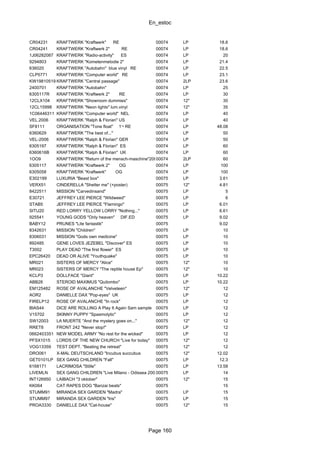 En_estoc
Page 160
CR04231 KRAFTWERK "Kraftwerk" RE 00074 LP 18.6
CR04241 KRAFTWERK "Kraftwerk 2" RE 00074 LP 18.6
1J06282087 KRAFTWERK "Radio-activity" ES 00074 LP 20
9294803 KRAFTWERK "Kometenmelodie 2" 00074 LP 21.4
636020 KRAFTWERK "Autobahn" blue vinyl RE 00074 LP 22.5
CLP5771 KRAFTWERK "Computer world" RE 00074 LP 23.1
KW19810519 KRAFTWERK "Central passage" 00074 2LP 23.6
2400701 KRAFTWERK "Autobahn" 00074 LP 25
6305117R KRAFTWERK "Kraftwerk 2" RE 00074 LP 30
12CLX104 KRAFTWERK "Showroom dummies" 00074 12" 30
12CL15998 KRAFTWERK "Neon lights" lum.vinyl 00074 12" 35
1C06446311 KRAFTWERK "Computer world" NEL 00074 LP 40
VEL.2006 KRAFTWERK "Ralph & Florian" US 00074 LP 40
SF8111 ORGANISATION "Tone float" 1¬ RE 00074 LP 48.08
6360629 KRAFTWERK "The best of..." 00074 LP 50
VEL-2006 KRAFTWERK "Ralph & Florian" GER 00074 LP 50
6305197 KRAFTWERK "Ralph & Florian" ES 00074 LP 60
6360616B KRAFTWERK "Ralph & Florian" UK 00074 LP 60
1OO9 KRAFTWERK "Return of the mensch-maschine"20th anniversary tour00074 2LP 60
6305117 KRAFTWERK "Kraftwerk 2" OG 00074 LP 100
6305058 KRAFTWERK "Kraftwerk" OG 00074 LP 100
E302199 LUXURIA "Beast box" 00075 LP 3.61
VERX51 CINDERELLA "Shelter me" (+poster) 00075 12" 4.81
8422511 MISSION "Carvedinsand" 00075 LP 5
E30721 JEFFREY LEE PIERCE "Wildweed" 00075 LP 6
STAB5 JEFFREY LEE PIERCE "Flamingo" 00075 LP 6.01
SITU20 RED LORRY YELLOW LORRY "Nothing..." 00075 LP 6.61
925541 YOUNG GODS "Only heaven" DIF.ED 00075 LP 9.02
BABY12 PRUNES "Lite fantastik" 00075 9.02
8342631 MISSION "Children" 00075 LP 10
8306031 MISSION "Gods own medicine" 00075 LP 10
892485 GENE LOVES JEZEBEL "Discover" ES 00075 LP 10
T3002 PLAY DEAD "The first flower" ES 00075 LP 10
EPC26420 DEAD OR ALIVE "Youthquake" 00075 LP 10
MR021 SISTERS OF MERCY "Alice" 00075 12" 10
MR023 SISTERS OF MERCY "The reptile house Ep" 00075 12" 10
KCLP3 DOLLFACE "Giant" 00075 LP 10.22
ABB28 STEROID MAXIMUS "Quilombo" 00075 LP 10.22
EM125482 ROSE OF AVALANCHE "Velveteen" 00075 12" 12
AOR2 DANIELLE DAX "Pop-eyes" UK 00075 LP 12
FIRELP12 ROSE OF AVALANCHE "In rock" 00075 LP 12
BIAS44 DICE ARE ROLLING A Play It Again Sam sample 00075 LP 12
V15702 SKINNY PUPPY "Spasmolytic" 00075 LP 12
SW12003 LA MUERTE "And the mystery goes on..." 00075 12" 12
RRET8 FRONT 242 "Never stop!" 00075 LP 12
0662403351 NEW MODEL ARMY "No rest for the wicked" 00075 LP 12
PFSX1015 LORDS OF THE NEW CHURCH "Live for today" 00075 12" 12
VOG13359 TEST DEPT. "Beating the retreat" 00075 12" 12
DRO061 X-MAL DEUTSCHLAND "Incubus succubus 00075 12" 12.02
GET0101LP SEX GANG CHILDREN "Fall" 00075 LP 12.3
6168171 LACRIMOSA "Stille" 00075 LP 13.58
LIVEMLN SEX GANG CHILDREN "Live Milano - Odissea 2001- April'84"00075 LP 14
INT126950 LAIBACH "3 oktober" 00075 12" 15
KK064 CAT RAPES DOG "Banzai beats" 00075 15
STUMM91 MIRANDA SEX GARDEN "Madra" 00075 LP 15
STUMM97 MIRANDA SEX GARDEN "Iris" 00075 LP 15
PROA3330 DANIELLE DAX "Cat-house" 00075 12" 15
 