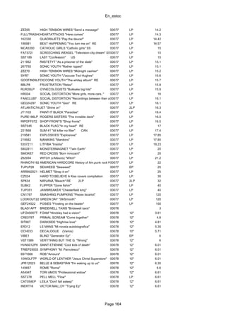 En_estoc
Page 164
ZZZ55 HIGH TENSION WIRES "Send a message" 00077 LP 14.2
FULLTRASH02HEARTATTACKS "Here comes" 00077 LP 14.3
162330 QUADRAJETS "Pay the deuce!" 00077 LP 14.42
186981 BEAT HAPPENING "You turn me on" RE 00077 LP 14.57
MCA5350 CATHOLIC GIRLS "Catholic girls" SS 00077 LP 15
FAT572I SCREECHING WEASEL "Television city dream" SS00077 LP 15
SST189 LAST "Confession" US 00077 LP 15
211952 RIISTETYT "As a prisoner of the state" 00077 LP 15.1
267755 SONIC YOUTH "Rather ripped" 00077 LP 15.1
ZZZ70 HIGH TENSION WIRES "Midnight cashier" 00077 LP 15.2
SYR7 SONIC YOUTH "J'accuse Ted Hughes" 00077 LP 15.6
GOOFIN09LPCICCONE YOUTH "The whitey album" RE 00077 LP 15.7
BBLP8 FRUSTRATION "Relax" 00077 LP 15.8
RUR26LP GYNECOLOGISTS "Bukkake big hits" 00077 LP 15.9
HR004 SOCIAL DISTORTION "More girls, more cars.." 00077 LP 16
FANCLUB7 SOCIAL DISTORTION "Recordings between then and now"00077 LP 16.1
GED24297 SONIC YOUTH "Goo" RE 00077 LP 16.1
ATLANTIC74824JET "Shine on" 00077 2LP 16.3
JT1103 PAINT IT BLACK "Paradise" 00077 LP 16.4
PURE186LP ROGERS SISTERS "The invisible deck" 00077 LP 16.5
RIPOFF072 SHOP FRONTS "Shop fronts" 00077 LP 16.5
SST045 BLACK FLAG "In my head" RE 00077 LP 17
221568 SUM 41 "All killer no filler" CAN 00077 LP 17.4
219581 EXPLOSIVES "Explosives" 00077 LP 17.85
219582 MANIKINS "Manikins" 00077 LP 17.85
5357211 LITFIBA "Insidia" 00077 LP 19.23
5802811 MONSTERMAGNET "Twin Earth" 00077 LP 20
SMOKE7 RED CROSS "Born innocent" 00077 LP 20
262934 WITCH (J.Mascis) "Witch" 00077 LP 21.2
RHINO74192 AMERICAN HARDCORE History of Am.punk rock RE00077 LP 22
TUPLP28 SEAWEED "Seaweed" 00077 EP 25
ARR892021 HELMET "Strap it on" 00077 LP 25
CZ024 HARD TO BELIEVE A Kiss covers compilation 00077 LP 30
SP834 NIRVANA "Bleach" RE 2LP 00077 2LP 32
SUB42 FLIPPER "Gone fishin'" 00077 LP 40
TUP351 JAWBREAKER "Chesterfield king" 00077 LP 40
CN1767 SMASHING PUMPKINS "Pisces Iscariot" 00077 LP 120
LOOKOUT22 GREEN DAY "39/Smooth" 00077 LP 120
GEF24522 POSIES "Frosting on the beater" 00077 LP 150
BLAG1APT BRIDEWELL TAXIS "Bridewell taxis" 00078 3
UFO45007T FOAM "Hinckley had a vision" 00078 12" 3.61
CRE078T PRIMAL SCREAM "Come together" 00078 12" 4.8
SIT66T DARKSIDE "Highrise love" 00078 12" 4.81
ER312 LE MANS "Mi novela autobiografica" 00078 12" 5.35
OCH033 DECALOGUE (Varios) 00078 10" 5.71
VIBE1 BLIND "Generator Ep" 00078 EP 6
VST1589 VERYTHING BUT THE G. "Wrong" 00078 12" 6
HVN5012PII SAINT ETIENNE "Cool kids of death" 00078 12" 6.01
TRIEP25003 SYMPHONY "M. Parvulesco" 00078 12" 6.01
6971666 ROB "Amours" 00078 12" 6.01
10WOLF7P WORLD OF LEATHER "Jesus Christ Superstore" 00078 10" 6.01
JPR12023 BELLE & SEBASTIAN "I'm waking up to us" 00078 12" 6.35
145657 ROME "Rome" 00078 12" 6.6
A5494T TORI AMOS "Professional widow" 00078 12" 6.61
SST278 PELL MELL "Flow" 00078 LP 6.61
CAT054EP LEILA "Don't fall asleep" 00078 12" 6.61
INERT16 VICTOR MALLOY "Trying Ep" 00078 12" 6.61
 