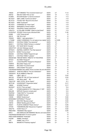 En_estoc
Page 166
186204 JETT BRANDO "The movement toward you" 00078 LP 11.12
269722 MIA DOI TODD "Pink sun Ep" 00078 12" 11.2
8130661 RITA MITSOUKO "La femme trombone" 00078 LP 11.5
BC142LP SIBYL VANE "Turismo de interior" 00078 LP 11.8
BC151LP IT'S NOT NOT "Bound for the shine" 00078 LP 11.8
BC152LP NISEI "Continents" 00078 LP 11.8
BC153LP CHARADES "En ningun lugar" 00078 LP 11.8
BC160LP MARGARITA "Parque mßgico" 00078 LP 11.8
BC164LP PHILIPPES "Odisea ultramarina" 00078 LP 11.8
HJRLP14 LE VOLUME COURBE "I killed my best friend" 00078 LP 11.9
KY03075LP STEVEN "Future home of Burbank Elks" 00078 LP 11.95
SUB60 LOW "Flying aircraft" 00078 LP 12
AH018 HIM "56 in dub" 00078 12" 12
TER025 SMEA "...high pigmentation..." 00078 LP 12
L17049M JONNY CORNDAWG "I'm not ready to be a daddy" 00078 LP+CDR 12
BAD510 COCTEAU TWINS "Tiny dynamine" 00078 12" 12
BAD511 COCTEAU TWINS "Echoes in a shallow" 00078 12" 12
PCSD104 PET SHOP BOYS "Actually" 00078 LP 12
GRAVITY47 LES AUS "Mitologia natural" 00078 LP 12
SFPS072 INSPIRAL CARPETS "The Peel sessions" 00078 LP 12
ECHLP17 MONO "Formica blues" 00078 LP 12
BAD303 COCTEAU TWINS "Peppermint pig" 00078 12" 12
BAD213 COCTEAU TWINS "Lullabies" 00078 12" 12
0802481920 TIME BETWEEN: TRIBUTE TO THE BYRDS 00078 LP 12
ER1021 SILVANIA "Paisaje III" 00078 lp 12
GA131 LOUIS PHILIPPE "Passport to Pamplona" 00078 LP 12
HARP5T BELOVED "Happy now" 00078 12" 12
HARP2T BELOVED "A hundred words" 00078 12" 12
BR009LP ORA COGAN "The quarry" 00078 LP 12
FOEHN028LPMARINA GALLARDO "Some monsters die and others return"00078 LP 12
OZKDS013 JOSETXO GRIETA "The art of distraction" 00078 LP 12
OZKDS016 BLUE SABBATH "Black fiji" 00078 LP 12
156081 L@N "L.@.N. 2" 00078 LP 12.02
SRV155 STARS OF THE LID "Avec laudenum" 00078 LP 12.02
8449781 AIR "Moon safari" RE 00078 LP 12.1
TNXLP153 ANDY VOTEL "All ten fingers" 00078 2LP 12.1
BFFP160 HOVERCRAFT "Experiment below" 00078 LP 12.17
188600 SCHEMA "Schema" 00078 LP 12.17
BU034LP ALFA 9 "Then we begin" 00078 LP 12.4
L19LP STEREOLAB/ADD N TO X "Alternative 3 " OST 00078 LP 12.4
DIAL005 NIPPLES "Dynamic trumpet party" 00078 LP 12.5
PEIPPO2 TOMUTONTTU "Tomutonttu" 00078 10" 12.5
9688429 WUNDER "Wunder" 00078 LP 12.6
155358 MIRZA "Anadromous" 00078 LP 12.62
NONG009LP ASTRONAUT "Preview" 00078 10" 12.62
187248 BIG EYES "Big eyes songs" 00078 10" 12.62
166740 MIRZA "Building grids for Pitch" 00078 2LP 12.77
206241 PLASTIC D'AMOUR "Plastic d'amour" 00078 10" 12.85
167430 TOMORROWLAND "Sequence of negative" 00078 LP 12.92
555LP18 HUON "Disco L7" 00078 10" 12.92
RMELP005 TAKANAKA "Blue lagoon" 00078 12" 12.95
WR12 DIE DORAUS & DIE MARINAS "Blumen und narzissen"00078 LP 13
FOEHN026LPINHABITANTS "A time for giants" 00078 LP 13
PM22142009 BANKERS "Intolerable" 00078 LP 13
FAL569 ANIMIC "Himalaya" 00078 LP 13
LPC ANIMIC "Hau o h∩u" 00078 LP 13
BB016 MAGNETIX "Positively negative" 00078 LP 13
 