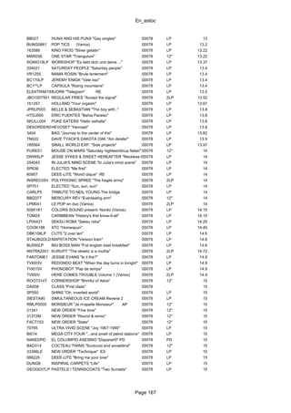En_estoc
Page 167
BB027 HUNX AND HIS PUNX "Gay singles" 00078 LP 13
BUNG0661 POP TICS (Varios) 00078 LP 13.2
163586 KING FROG "Silver gelatin" 00078 LP 13.22
MAR056. ONE STAR "Triangulum" 00078 12" 13.22
SONIG19LP WORKSHOP "Es liebt dich und deine ..." 00078 LP 13.37
204021 SATURDAY PEOPLE "Saturday people" 00078 LP 13.4
VR1255 MAMA ROSIN "Brule lentement" 00078 LP 13.4
BC170LP JEREMY ENIGK "Vale oso" 00078 LP 13.4
BC1**LP CAPSULA "Rising mountains" 00078 LP 13.4
ELEKTRA61897BJORK "Telegram" RE 00078 LP 13.5
JBO1007501 REGULAR FRIES "Accept the signal" 00078 2LP 13.52
161257 HOLLAND "Your orgasm" 00078 LP 13.67
JPRLP003 BELLE & SEBASTIAN "The boy with.." 00078 LP 13.8
HTDJ005 ERIC FUENTES "Bahia Paraiso" 00078 LP 13.8
SKULL004 PUKE EATERS "Hello valhalla" 00078 LP 13.8
DEKORDER024HEVOSET "Hevoset" 00078 LP 13.8
3404 BAG "Journey to the center of the" 00078 LP 13.82
TN022 DAVE TYACK'S DAKOTA OAK "Am deister" 00078 LP 13.9
185564 SMALL WORLD EXP. "Side projects" 00078 LP 13.97
PURE51 MOUSE ON MARS "Saturday nightworldcup fieber" 00078 12" 14
DIW85LP JESSE SYKES & SWEET HEREAFTER "Reckless burning"00078 LP 14
254043 IN JULIA'S MIND SCENE "In Julia's mind scene" 00078 LP 14
SP636 ELECTED "Me first" 00078 LP 14
60957 DEEE-LITE "World clique" RE 00078 LP 14
INSREC05V POLYPHONIC SPREE "The fragile army" 00078 2LP 14
SP701 ELECTED "Sun, sun, sun" 00078 LP 14
CARLP5 TRIBUTE TO NEIL YOUNG The bridge 00078 LP 14
BBQ37T MERCURY REV "Everlasting arm" 00078 12" 14
LPM041 LE POP en duo (Varios) 00078 2LP 14
5095181 COLORS SOUND present: Nordic (Varios) 00078 LP 14.15
TOM24 CARIBBEAN "History's first know-it-all" 00078 LP 14.15
LP04421 SEKSU ROBA "Seksu roba" 00078 LP 14.25
COOK188 XTC "Homespun" 00078 LP 14.45
DBK106LP CUTS "2 over ten" 00078 LP 14.6
STAUBGOLD38MAPSTATION "Version train" 00078 LP 14.6
BU050LP BIG BOSS MAN "Full english beat breakfast" 00078 LP 14.6
ANTRA2001 KURUPT "Tha streetz iz a mutha" 00078 2LP 14.72
FANTOME1 JESSIE EVANS "Is it fire?" 00078 LP 14.8
TVI003V REDONDO BEAT "When the day turns in tonight" 00078 LP 14.9
TVI010V PHONOBOY "Pas de temps" 00078 LP 14.9
TVI00V HERE COMES TROUBLE Volume 1 (Varios) 00078 2LP 14.9
ROOT014T CORNERSHOP "Brimful of Asha" 00078 12" 15
DA008 CLASS "First class" 00078 15
SP550 SHINS "Oh, inverted world" 00078 LP 15
SIESTA90 SIMULTANEOUS ICE CREAM Reverie 2 00078 LP 15
RMLP0005 MONSIEUR "Je m'apelle Monsieur" AP 00078 12" 15
31341 NEW ORDER "Fine time" 00078 12" 15
31372M NEW ORDER "Round & remix" 00078 12" 15
FACT153 NEW ORDER "State" 00078 12" 15
70765 ULTRA VIVID SCENE "Joy 1967-1990" 00078 LP 15
BI014 MEGA CITY FOUR "...and smell of petrol stations" 00078 LP 15
NAKEDPD EL COLUMPIO ASESINO "DispararΘ" PD 00078 PD 15
BAD314 COCTEAU TWINS "Sunburst and snowblind" 00078 12" 15
33386LE NEW ORDER "Technique" ES 00078 LP 15
066225 DEEE-LITE "Bring me your love" 00078 LP 15
DUNG8 INSPIRAL CARPETS "Life" 00078 LP 15
GEOG037LP PASTELS / TENNISCOATS "Two Sunsets" 00078 LP 15
 