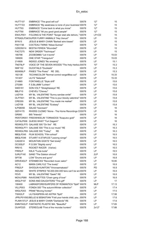 En_estoc
Page 168
HUTT107 EMBRACE "The good will out" 00078 12" 15
HUTT103 EMBRACE "My weakness is none of your business"00078 12" 15
HUTT93 EMBRACE "Come back to what you know" 00078 12" 15
HUTT90 EMBRACE "All you good good people" 00078 12" 15
ENVLP001 FOLDING & THE POINT "Sorger etait alle dehors.." 00078 LP+CD 15
RTRADLP346SUPER FURRY ANIMALS "Hey Venus!" 00078 LP 15
BYN15 JESUS & MARY CHAIN "Barbed wire kisses" 00078 LP 15
F601738 COCTEAU TWINS "Aikea-Guinea" 00078 12" 15
OZKDS014 BESTIA FERIDA "Wounded" 00078 LP 15
FACT275 NEW ORDER "Technique" 00078 LP 15
180798 ZOOBOMBS "Let it bomb" 00078 LP 15.03
180659 ONE STAR "Triangulum" 00078 LP 15.03
214909 INDIGO JONES "No smoking" 00078 LP 15.1
TN079LP VOICE OF THE SEVEN WOODS "The Holy Harbour" (Ltd. edition)00078 10" 15.3
NNF152 DUCKTAILS "Ducktails" 00078 LP 15.3
900908LP PIXIES "The Pixies" RE DEL 00078 LP 15.3
182138 TECHNICOLOR "Normal control range/Bliss out" 00078 LP 15.33
191407 LILYS "Selected" 00078 LP 15.33
214865 FONTANELLE "Style drift" 00078 LP 15.6
275389 F.S.BLUMM "Lichten" 00078 LP 15.6
9465181 SON VOLT "Straightaways" RE 00078 LP 15.6
BBLP10 CHEVEU "Cheveu" 00078 LP 15.8
LAZY04 MY BL. VALENTINE "Sunny sandae smile" 00078 LP 15.8
DLP7501 MY BL. VALENTINE "This is your bloody valentine" RE00078 LP 15.8
CRE055 MY BL. VALENTINE "You made me realise" 00078 LP 15.8
LAZY08 MY BL. VALENTINE "Ecstasy" 00078 LP 15.8
ILPS8056 SALAD "Icecream" 00078 LP 16
GEF4170 RIVERS CUOMO "Alone - The Home Recordings Of..."00078 LP 16
GR060 BIS "Intendo" 00078 LP 16
PENTOR001 FREEWHEELIN' TORNADOS "Acapulco gold" 00078 LP 16
CATALP006 GUESS WHAT "Yuri Gagarin" 00078 LP 16
REWIGLP70 GALAXIE 500 "On fire" RE 00078 LP 16.3
REWIGLP71 GALAXIE 500 "This is our music" RE 00078 LP 16.3
REWIGLP69 GALAXIE 500 "Today" RE 00078 LP 16.3
BBQLP245 FILM SCHOOL "Film school" 00078 LP 16.5
BBQLP246 STUART A.STAPLES "Leaving songs" 00078 LP 16.5
CAD2614 MOUNTAIN GOATS "Get lonely" 00078 LP 16.5
DC305LP P.G.SIX "Slightly sorry" 00078 LP 16.5
RR010. ROCKET RACER (Varios) 00078 LP 16.5
FR65LP KIILA "Tuota tuota" 00078 LP 16.5
SJRLP140 SAND "The Dalston shroud" 00078 2LP 16.8
SP736 LOW "Drums and guns" 00078 LP 16.8
DRIVE40LP STEINBECKS "Recorded music salon" 00078 LP 16.85
AC12 MARA CARLYLE "The lovely" 00078 LP 16.9
FR62LP SHOGUN KUNITOKI "Vinonaamakasio" 00078 PD 16.9
INDUS0 WHITE STRIPES "50.000.000.000 fans can't be wrong"00078 LP 16.9
FEV5 MY BL. VALENTINE "Geek!" RE 00078 LP 16.9
MOVLP069 RAVEONETTES "Chain gang of love" 00078 LP 16.9
WIGLP197 SONS AND DAUGHTERS "This gift" 00078 LP 17
190400 LABRADFORD/SURFERS OF ROMANTICA "Split" 00078 MLP 17.13
VILLP003 FONDA 500 "The autumn/Winter collection" 00078 LP 17.4
WIGLP203 PRAM "Moving frontier" 00078 LP 17.5
TS002LP LILYS/ASPERA AD ASTRA "Split" 00078 LP 17.58
JPRLP010502BELLE & SEBASTIAN "Fold your hands child, you..."00078 LP 17.6
PLAIN147LP JESUS & MARY CHAIN "Darklands" RE 00078 LP 17.6
EMN7042LP FANTASTIC PLASTIC MA. "Beautiful" 00078 LP 17.65
DUHFD25 STEREOLAB "First of the microbe hunters" 00078 2x12" 17.88
 