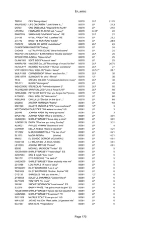 En_estoc
Page 170
TRR55 CEX "Being ridden" 00078 2LP 21.25
XMLPSUB21 LIFE ON EARTH! "Look!! there is..." 00078 LP 21.3
DS703 ONE ENSEMBLE "Wayward the fourth" 00078 LP 21.5
LP61554 FANTASTIC PLASTIC MA. "Luxury" 00078 2x12" 22
EMI67559 SMASHING PUMPKINS "Adore" RE 00078 2LP 22
219135 MY BL. VALENTINE "Loveless" RE 00078 LP 23.2
274772 BRIGITTE FONTAINE "Libido" 00078 LP 23.9
PURE70 MOUSE ON MARS "Autoditacker" 00078 2LP 24
CUNEIFORMR2HOWEVER "Calling" 00078 LP 24
CAD809 ULTRA VIVID SCENE "Ultra vivid scene" 00078 LP 25
RMLP001213 SUNAGA T EXPERIENCE "Double standard" 00078 2LP 25
SPOOKYTREE002JUNEAU "Space is hot" 00078 LP 25
CLAW1001 SOFT BOYS "A can of bees" 00078 LP 25
WARPLP96 VINCENT GALLO "Recordings of music for film" 00078 2LP 26.75
HUTDLP77 RICHARD ASHCROFT "Human Conditions" 00078 2LP 27
VVR1039391 PAUL WELLER "Catch - flame!" 00078 2LP+7" 28.7
WIJLP1065 CORNERSHOP "When I was born for..." 00078 2LP 30
CRE157TR SLOWDIVE "In Mind - Rmx's" 00078 12" 30
TF22 STEVEN WILSON "Unreleased electronic music" 00078 2LP 30
TPLP71 BJORK "Homogenic" 00078 LP 40
WEAD29082 STEREOLAB "Refried ectoplasm 2" 00078 2LP 50
74321622851SPIRITUALIZED "Live at Royal A.'97" 00078 2LP 50
12RDJ6348 PET SHOP BOYS "Can you forgive her?"promo 00078 12" 50
ILPS8093 PAUL WELLER "Heliocentric" 00078 LP 60
RISELP63 CIRCULUS "The lick on the tip of ..." 00078 LP 60
I202850 ARETHA FRANKLIN "Aretha" 00081 LP 1.8
2581140 GLADYS KNIGHT & PIPS "Love overboard" 00081 12" 3
MOTOWN704FOUR TOPS "Still waters run deep" US 00081 LP 3
265449 JOHNNY NASH "My merry-go-round" 00081 LP 3
EPC81783 JOHNNY NASH "What a wonderful..." 00081 LP 3.01
HUS06163 SHIRLEY BASSEY "Love story y otros" 00081 LP 3.01
1J06293126 DAWN "What are you doing Sunday" 00081 LP 3.31
AL88021 PHYLLIS HYMAN "Goddess of love" 00081 LP 4
CSP9081 DELLA REESE "Black is beautiful" 00081 LP 4.21
1712332 M.McCOO/B.DAVIS Jr "The two of us" 00081 LP 4.21
SL1013 MAGIA NEGRA (Varios) 00081 LP 4.21
M9002 EL SONIDO DETROIT VOLUMEN 2 00081 LP 4.81
HX00108 LO MEJOR DE LA SOUL MUSIC 00081 LP 4.81
LE10003 JOHNNY MATHIS "Portrait" 00081 LP 4.81
85930 MICHAEL JACKSON "Thriller" ES 00081 LP 5
10C054060519SHIRLEY BASSEY "Yesterydays" ES 00081 LP 5
22007084 SAM & DAVE "Soul man" 00081 LP 5
7801711 OTIS REDDING "The best of" 00081 LP 5
UAS29039 SHIRLEY BASSEY "Does anybody miss me" 00081 LP 5
2315198 LOU RAWLS "A man of value" 00081 LP 5
EPC80317 ISLEY BROTHERS "Live it up" 00081 LP 6
TNS3009 ISLEY BROTHERS "Brother, Brother" RE 00081 LP 6
CYZ130 SHIRELLES "Will you love me..." 00081 12" 6
ZYX5553 SOULFUL DYNAMICS "Golden hits of" 00081 LP 6
DLP1022 TEN TOPS "En onda" 00081 LP 6
26039I SMOKEY ROBINSON "Love breeze" ES 00081 LP 6
S32576 BARRY WHITE "I've got so much to give" ES 00081 LP 6
10C054096957SHIRLEY BASSEY "Good, bad but beautiful" ES 00081 LP 6
UAS29246 SHIRLEY BASSEY "I capricorn" FR 00081 LP 6
SO11928 NATALIE COLE "I love you so" US 00081 LP 6
MA18287 JACKIE WILSON "Reet petite. 20 greatest hits" 00081 LP 6
6337257 BAR-KAYS "Propositions" 00081 LP 6
 