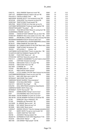 En_estoc
Page 174
CAS2170 SOUL FINDERS "Sweet soul music" RE 00081 LP 13.5
CAP11377 BARBARA ACKLIN "A place in the sun" RE 00081 LP 13.5
PAULA2213 FONTELLA BASS "Free" RE 00081 LP 13.5
MAPLE6008 GEORGE SCOTT "Find someone to love" RE 00081 LP 13.5
20THC436 JOHN BYRD "Your thing and my thing" RE 00081 LP 13.5
GORDY949 TEMPTATIONS "Puzzle people" RE 00081 LP 13.5
SSPLP002 MAGIC POTION Vol.2 How high can you fly 00081 LP 13.5
CURTOM8019IMPRESSIONS "Finally got myself together" RE 00081 LP 13.5
PERCEPTION9ALBERT "The albert" RE 00081 LP 13.5
ATCO7031 TRUE REFLECTION "Where I'm coming from" RE 00081 LP 13.5
GLADES6502LATIMORE "Latimore" RE 00081 LP 13.5
JSS3504 VOICES OF EAST HARLEM "Can you feel it" RE 00081 LP 13.5
STANG1001 MOMENTS "Not on the outside, but on the.." RE 00081 LP 13.5
SD8204 ARCHIE BELL & DRELLS "I can't stop dancing" RE 00081 LP 13.5
BRUNSWICK754156BARBARA ACKLIN "Someone else's man" 00081 LP 13.5
GSLP062 NORTHERN SOUL GOLDEN MEMORIES (Varios) 00081 LP 14
BL754147 ERMA FRANKLIN "Soul sister" RE 00081 LP 14
POMP6003 IKE TURNER & KINGS OF RHYTHM "Black mans..."00081 LP 14
GORD962 TEMPTATIONS "All directions" RE 00081 LP 14
7801631 HITS & SOUL 7 (Varios) US 00081 LP 14
CURTOM5001CURTIS MAYFIELD "There's no place like..." RE 00081 LP 14
ATLANTIC18176ARETHA FRANKLIN "Sparkle OST" RE 00081 LP 14
WL72067 FOUR TOPS "Reach out" UK 00081 LP 14
ATCO33190 CAPITOLS "Dance the cool jerk" RE 00081 LP 14
PYE12111 J.JAMES & VAGABONDS "You don't stand a chance"00081 LP 14
CH293 CHIFFONS "Greatest recordings" 00081 LP 14
STAX708 SAM & DAVE "Hold on, I'm comin'" RE 00081 LP 14
STAX725 SAM & DAVE "Soul men" RE 00081 LP 14
DXL14007 LATIMORE "III" ES 00081 LP 14
77CH24 RED BIRD ERA vol.1 (Varios) 00081 LP 14
ED 315 KING CURTIS "Instant groove" 00081 LP 14
LPS7532 LITTLE JOHNNY TAYLOR "Open house at my house" RE00081 LP 14
CURTOM8006IMPRESSIONS "Check out your mind" RE 00081 LP 14
VOLT414 MAD LADS "Mad Lads in action" RE 00081 LP 14
GET8042LP SAM COOKE "Sam Cooke" 00081 LP 14.6
VAMPI053LP MICKEY MURRAY "Shout bamalama" 00081 LP 14.8
FAN85481 STAX SOUL BROTHERS (Varios) 00081 LP 15
VOLT417- BAR-KAYS "Soul finger" RE 00081 LP 15
EVSLP28 SOUL SPECTRUM Compiled by Greg Edwards 00081 2LP 15
VAMPI007LP BARRY WHITE "Boss soul" 00081 LP 15
GET8040LP O'JAYS "Soul sounds" RE 00081 LP 15
DGS130 DONNIE BURKS "Swingin' sound of soul" 00081 LP 15
E327 OTIS REDDING "Here comes more soul" 00081 LP 15
SNL160055 STEVIE WONDER "Un genio de 12 a±os" 00081 LP 15
SNL160148 STEVIE WONDER "Someday at Christmas" RE 00081 LP 15
CL749 DORIS DAY "Day in Hollywood" OG 00081 LP 15
271255 SHANGRI-LAS "Remember" RE 00081 LP 15
HLS1500S AL GREENE "Back up train" RE 00081 LP 15
SS18062 RAY NANCE "Body and soul" US 00081 LP 15
SD19269 BEN E.KING "Music trance" 00081 LP 15
LS5504LP ANDRAE CROUCH "Take the message everywhere"00081 LP 15
T407 BARRY WHITE "I've got so much to give" US 00081 LP 15
KK818 HARRY CRAFTON "1949-1954" 00081 LP 15
S32726 JACKSON 5 "Moving violation" ES 00081 LP 15
SNLI60174 SUPREMES & FOUR TOPS "Magnificient 7" ES 00081 LP 15
ATL8104 DON COVAY "Mercy!" RE 00081 LP 15
ABC1048 LEE DORSEY "Night people" OG RE 00081 LP 15
 