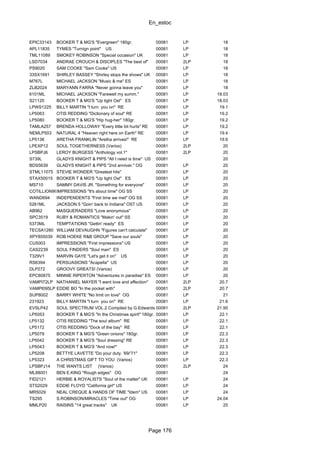 En_estoc
Page 176
EPIC33143 BOOKER T & MG'S "Evergreen" 180gr. 00081 LP 18
APL11835 TYMES "Turnign point" US 00081 LP 18
TML11089 SMOKEY ROBINSON "Special occasion" UK 00081 LP 18
LSD7034 ANDRAE CROUCH & DISCIPLES "The best of" 00081 2LP 18
PS9020 SAM COOKE "Sam Cooke" US 00081 LP 18
33SX1691 SHIRLEY BASSEY "Shirley stops the shows" UK 00081 LP 18
M767L MICHAEL JACKSON "Music & me" ES 00081 LP 18
ZLB2024 MARYANN FARRA "Never gonna leave you" 00081 LP 18
6101ML MICHAEL JACKSON "Farewell my summ." 00081 LP 18.03
S21120 BOOKER T & MG'S "Up tight Ost" ES 00081 LP 18.03
LPWS1225 BILLY MARTIN "I turn you on" RE 00081 LP 19.1
LP5063 OTIS REDDING "Dictionary of soul" RE 00081 LP 19.2
LP5080 BOOKER T & MG'S "Hip hug-her" 180gr. 00081 LP 19.2
TAMLA257 BRENDA HOLLOWAY "Every little bit hurts" RE 00081 LP 19.2
NEMLP503 NATURAL 4 "Heaven right here on Earth" RE 00081 LP 19.4
LP5136 ARETHA FRANKLIN "Aretha arrives!" RE 00081 LP 19.6
LPEXP12 SOUL TOGETHERNESS (Varios) 00081 2LP 20
LPSBPJ6 LEROY BURGESS "Anthology vol.1" 00081 2LP 20
S739L GLADYS KNIGHT & PIPS "All I need is time" US 00081 20
BDS5639 GLADYS KNIGHT & PIPS "2nd anniver." OG 00081 LP 20
STML11075 STEVIE WONDER "Greatest hits" 00081 LP 20
STAX50015 BOOKER T & MG'S "Up tight Ost" ES 00081 LP 20
MS710 SAMMY DAVIS JR. "Something for everyone" 00081 LP 20
COTILLION9912IMPRESSIONS "It's about time" OG SS 00081 LP 20
WAND694 INDEPENDENTS "First time we met" OG SS 00081 LP 20
5261ML JACKSON 5 "Goin' back to Indiana" OST US 00081 LP 20
AB962 MASQUERADERS "Love anonymous" 00081 LP 20
SPC3519 RUBY & ROMANTICS "Makin' out" SS 00081 LP 20
5373ML TEMPTATIONS "Gettin' ready" ES 00081 LP 20
TECSA1280 WILLIAM DEVAUGHN "Figures can't calculate" 00081 LP 20
XPY855039 ROB HOEKE R&B GROUP "Save our souls" 00081 LP 20
CU5003 IMPRESSIONS "First impressions" US 00081 LP 20
CAS2239 SOUL FINDERS "Soul man" ES 00081 LP 20
T329V1 MARVIN GAYE "Let's get it on" US 00081 LP 20
RS6394 PERSUASIONS "Acapella" US 00081 LP 20
DLP272 GROOVY GREATS! (Varios) 00081 LP 20
EPC80875 MINNIE RIPERTON "Adventures in paradise" ES 00081 LP 20
VAMPI72LP NATHANIEL MAYER "I want love and affection" 00081 2LP 20.7
VAMPI095LP EDDIE BO "In the pocket with" 00081 2LP 20.7
SUP8002 BARRY WHITE "No limit on love" OG 00081 LP 21
231923 BILLY MARTIN "I turn you on" RE 00081 LP 21.6
EVSLP42 SOUL SPECTRUM VOL.2 Compiled by G.Edwards 00081 2LP 21.95
LP5053 BOOKER T & MG'S "In the Christmas spirit" 180gr. 00081 LP 22.1
LP5132 OTIS REDDING "The soul album" RE 00081 LP 22.1
LP5172 OTIS REDDING "Dock of the bay" RE 00081 LP 22.1
LP5079 BOOKER T & MG'S "Green onions" 180gr. 00081 LP 22.3
LP5042 BOOKER T & MG'S "Soul dressing" RE 00081 LP 22.3
LP5043 BOOKER T & MG'S "And now!" 00081 LP 22.3
LP5208 BETTYE LAVETTE "Do your duty. '69/'71" 00081 LP 22.3
LP5323 A CHRISTMAS GIFT TO YOU (Varios) 00081 LP 22.3
LPSBPJ14 THE WANTS LIST (Varios) 00081 2LP 24
ML88001 BEN E.KING "Rough edges" OG 00081 24
FID2121 HERBIE & ROYALISTS "Soul of the matter" UK 00081 LP 24
STS2029 EDDIE FLOYD "California girl" US 00081 LP 24
MR5029 NEAL CREQUE & HANDS OF TIME "Idem" US 00081 LP 24
TS295 S.ROBINSON/MIRACLES "Time out" OG 00081 LP 24.04
MMLP20 RAISINS "14 great tracks" UK 00081 LP 25
 