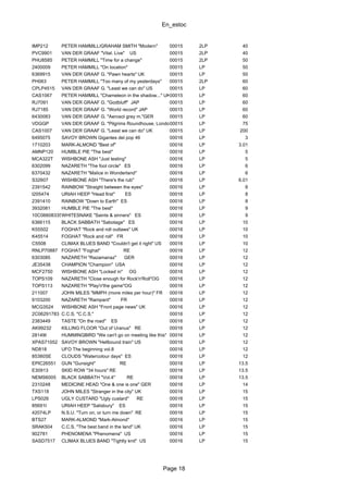En_estoc
Page 18
IMP212 PETER HAMMILL/GRAHAM SMITH "Modern" 00015 2LP 40
PVC9901 VAN DER GRAAF "Vital. Live" US 00015 2LP 40
PHU8585 PETER HAMMILL "Time for a change" 00015 2LP 50
2400009 PETER HAMMILL "On location" 00015 LP 50
6369915 VAN DER GRAAF G. "Pawn hearts" UK 00015 LP 50
PH063 PETER HAMMILL "Too many of my yesterdays" 00015 2LP 60
CPLP4515 VAN DER GRAAF G. "Least we can do" US 00015 LP 60
CAS1067 PETER HAMMILL "Chameleon in the shadow..." UK00015 LP 60
RJ7091 VAN DER GRAAF G. "Godbluff" JAP 00015 LP 60
RJ7185 VAN DER GRAAF G. "World record" JAP 00015 LP 60
6430083 VAN DER GRAAF G. "Aerosol grey m."GER 00015 LP 60
VDGGP VAN DER GRAAF G. "Pilgrims Roundhouse, London 76"00015 LP 75
CAS1007 VAN DER GRAAF G. "Least we can do" UK 00015 LP 200
6495075 SAVOY BROWN Gigantes del pop 46 00016 LP 3
1710203 MARK-ALMOND "Best of" 00016 LP 3.01
AMNP120 HUMBLE PIE "The best" 00016 LP 5
MCA322T WISHBONE ASH "Just testing" 00016 LP 5
6302099 NAZARETH "The fool circle" ES 00016 LP 6
6370432 NAZARETH "Malice in Wonderland" 00016 LP 6
S32607 WISHBONE ASH "There's the rub" 00016 LP 6.01
2391542 RAINBOW "Straight between the eyes" 00016 LP 8
I205474 URIAH HEEP "Head first" ES 00016 LP 8
2391410 RAINBOW "Down to Earth" ES 00016 LP 8
3932081 HUMBLE PIE "The best" 00016 LP 9
10C066083350WHITESNAKE "Saints & sinners" ES 00016 LP 9
6366115 BLACK SABBATH "Sabotage" ES 00016 LP 10
K55502 FOGHAT "Rock and roll outlaws" UK 00016 LP 10
K45514 FOGHAT "Rock and roll" FR 00016 LP 10
C5508 CLIMAX BLUES BAND "Couldn't get it right" US 00016 LP 10
RNLP70887 FOGHAT "Foghat" RE 00016 LP 12
6303085 NAZARETH "Razamanaz" GER 00016 LP 12
JE35438 CHAMPION "Champion" USA 00016 LP 12
MCF2750 WISHBONE ASH "Locked in" OG 00016 LP 12
TOPS109 NAZARETH "Close enough for Rock'n'Roll"OG 00016 LP 12
TOPS113 NAZARETH "Play'n'the game"OG 00016 LP 12
211007 JOHN MILES "MMPH (more miles per hour)" FR 00016 LP 12
9103200 NAZARETH "Rampant" FR 00016 LP 12
MCG3524 WISHBONE ASH "Front page news" UK 00016 LP 12
2C06291783 C.C.S. "C.C.S." 00016 LP 12
2383449 TASTE "On the road" ES 00016 LP 12
AK99232 KILLING FLOOR "Out of Uranus" RE 00016 LP 12
28149I HUMMINGBIRD "We can't go on meeting like this" 00016 LP 12
XPAS71052 SAVOY BROWN "Hellbound train" US 00016 LP 12
ND818 UFO The beginning vol.8 00016 LP 12
85380SE CLOUDS "Watercolour days" ES 00016 LP 12
EPIC26551 GUN "Gunsight" RE 00016 LP 13.5
E30913 SKID ROW "34 hours" RE 00016 LP 13.5
NEMS6005 BLACK SABBATH "Vol.4" RE 00016 LP 13.5
2310248 MEDICINE HEAD "One & one is one" GER 00016 LP 14
TXS118 JOHN MILES "Stranger in the city" UK 00016 LP 15
LPS026 UGLY CUSTARD "Ugly custard" RE 00016 LP 15
85691I URIAH HEEP "Salisbury" ES 00016 LP 15
42074LP N.S.U. "Turn on, or turn me down" RE 00016 LP 15
BTS27 MARK-ALMOND "Mark-Almond" 00016 LP 15
SRAK504 C.C.S. "The best band in the land" UK 00016 LP 15
902781 PHENOMENA "Phenomena" US 00016 LP 15
SASD7517 CLIMAX BLUES BAND "Tightly knit" US 00016 LP 15
 