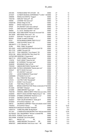 En_estoc
Page 189
2391265 FATBACK BAND "NYC NYUSA" ES 00082 LP 12
2315337 ULTIMATE MUSICAL EXPERIENCE "T.U.M.E." ES00082 LP 12
2480658 ANGELA & CHANTAL "Voggue" 00082 LP 12
TXS3182 HARLOW "Taking off" ES 00082 LP 12
549008 LOVERDE "Die hard lover" 00082 12" 12
HXS00155 SPACE "Magic fly" ES 00082 LP 12
S60004 SPACE "Deliverance" ES 00082 LP 12
CP325 SYLVESTER "I (who have nothing)" 00082 12" 12
CP324 GINO SOCCIO/L.GARRETT "Dancer" 00082 12" 12
S90063 C.J. & CO. "Deadeye Dick" ES 00082 LP 12
EPC81268 ISLEY BROTHERS "Harvest for the world" ES 00082 LP 12
SPL19249 BROTHERS "Disco soul" ES 00082 LP 12
2310610 DON RAY "The garden of love" ES 00082 LP 12
B20353 O'GAR "A matter of identity" 00082 12" 12
67231 PETER BRAIN & BRAIN TRICK "E.E.G." 00082 LP 12
6338581 OHIO PLAYERS "Honey" ES 00082 LP 12
AMLH64771 L.T.D. "Devotion" ES 00082 LP 12
ZL558 REAL THING "20 greatest" 00082 LP 12
APL10323 HUES CORPORATION "Rock the boat" ES 00082 LP 12
SPL17133 JUMBO "City girls" ES 00082 LP 12
SPL17017 TONY GREGORY "Tony Gregory" ES 00082 12" 12
EPC81168 BIDDU ORCHESTRA "Rain forest" ES 00082 LP 12
HATS421269 CERRONE 3 "Supernature" 00082 LP 12
NBLP7110 LEROY GOMEZ "Gypsy woman" 00082 LP 12
1732702 RUDY GRANT "Sings the hits" 00082 LP 12
JEUMMC B.T.EXPRESS "The lower level" 00082 LP 12
ZLB2026 BOHANNON "Gittin' off" ES 00082 LP 12
TXS3230 GIBSON BROTHERS "Quartier latin" 00082 LP 12
CBS127283 PATRICK HERNANDEZ "Nacido para vivir" 00082 12" 12
VEX3LP BETTY DAVIS "Anti love" 00082 LP 12
D151 SYLVESTER "I need you" 00082 12" 12
JF001 JACKIE ROBINSON "Pussy footer" 00082 12" 12
CAR00005 OTTAWAN "D.I.S.C.O." 00082 LP 12
S4008 BILLY PRESTON "Blue organ" 00082 LP 12
LP3318 'LECTRIC FUNK "Shanghaied" 00082 12" 12
VIC141 KASSO "I love the piano" 00082 12" 12
ZL294 TONY RALLO "Burnin' alive" 00082 LP 12
28292I BRASS CONSTRUCTION "Brass construction II" ES00082 LP 12
PL12204 ODYSSEY "Odyssey" 00082 LP 12
2310089 JAMES BROWN "Super bad" ES 00082 LP 12
TXS3108 HODGES, JAMES & SMITH "What have you done.." ES00082 LP 12
ZLB2004 MIGHTY DOUG HAYNES "Mighty Doug H." ES 00082 LP 12
M10000D1 DYNAMIC SUPERIORS "Nowhere to run" 00082 12" 12
ST12534 GEORGE CLINTON "The best of" 00082 LP 12
ZLB2027 TONY VALOR SOUNDS O. "Gotta get it" 00082 LP 12
AV33023 STYLISTICS "Stylistics" US 00082 LP 12
GM733 UNLIMITED COMPANY "Fiebre del sabado noche" 00082 LP 12
TXS3022 STYLISTICS "Heavy" ES 00082 LP 12.02
SNDWLP019 HEDZOLEH SOUNDZ "Hedzoleh" 00082 LP 12.3
HJRLP101 TUNDE WILLIAMS "Mr Big Mouth" 00082 LP 12.6
ATL1551 C.WHEELER & ENFORCERS "Doin' what we wanna" RE00082 LP 12.62
KIL70003LP GALT MacDERMOT "Woman is sweeter"RE 00082 LP 13.4
DELLP0070 POISON "Cosmic dancing" 00082 LP 13.4
DELLP0068 STARFIRE "Out of the ghetto" 00082 LP 13.4
66011 MACEO "Us" RE 00082 LP 13.5
KSD1055 JAMES BROWN "The popcorn" RE 00082 LP 13.5
SRS67057 JAMES BROWN "Grits & soul: Instr." RE 00082 LP 13.5
 