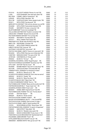 En_estoc
Page 191
FD10143 GIL SCOTT-HERON "Pieces of a man" RE 00082 LP 13.5
L1000. LEO'S SUNSHIPP "We need each other" RE 00082 LP 13.5
BDL10934 LONNIE L.SMITH "Expansions" RE 00082 LP 13.5
LSP4430 NITE-LITERS "Nite-liters" RE 00082 LP 13.5
RCA1188 CHOCOLATE MILK "Action speaks louder.."RE 00082 LP 13.5
RCA211 NITE-LITERS "A╖nal╖y╖sis" RE 00082 LP 13.5
MERCURY101LOVECRAFT "We love you whoever you are"RE 00082 LP 13.5
RCA4580 NITE-LITERS "Instrumental directions" RE 00082 LP 13.5
RCA285 NEW BIRTH "It's been a long time" RE 00082 LP 13.5
BLUETHUMB6028RAMP "Come into knowledge" RE 00082 LP 13.5
CELLULOID6107LIGHTNIN' ROD "Hustler's convention" RE 00082 LP 13.5
JANUS 3054 CYMANDE "Second time around" RE 00082 LP 13.5
POLYDOR1062MARVA WHITNEY "It's my thing" RE 00082 LP 13.5
RCA4450 NEW BIRTH "The New Birth" RE 00082 LP 13.5
GFS1011 SKULL SNAPS "Skull Snaps" RE 00082 LP 13.5
PRESTIGE7379A.K. SALIM "Afro-Soul/Drum Orgy" RE 00082 LP 13.5
BMG11793 KENI BURKE "Changes" RE 00082 LP 13.5
RCA4767 NITE-LITERS "Different strokes" RE 00082 LP 13.5
LIBERTY1093DAYTON "Cutie pie" RE 00082 LP 13.5
ALSTON4411LEW KIRTON "Just arrived" RE 00082 LP 13.5
FDUTCH1196LONNIE L.SMITH "Visions of a new world" RE 00082 LP 13.5
RCA4493 NITE-LITERS "Morning noon & Nite-liters" RE 00082 LP 13.5
CADET833 MARLENA SHAW "The spice of life" RE 00082 LP 13.5
JAYW1020 CONTINENTAL IV "Dream world" 00082 LP 13.5
WW2022 BLOW FLY "On tour" RE 00082 LP 13.5
SUGARHILL245SUGARHILL GANG "Sugarhill gang" RE 00082 LP 13.5
FDUTCH10145HAROLD ALEXANDER "Sunshine man" RE 00082 LP 13.5
CPTL12297 DAYTON "Feel the music" RE 00082 LP 13.5
RCA4608 BOOBIE KNIGHT "Soul ain't no new thing" RE 00082 LP 13.5
RCA1399 CHOCOLATE MILK "Chocolate Milk" RE 00082 LP 13.5
TWINIGHT1002SYL JOHNSON "Is it because I'm black" 00082 LP 13.5
WW2021 BLOW FLY "Blow fly on tv" RE 00082 LP 13.5
ATLANTIC1551CLARENCE WHEELER "Doin' what we wanna" 00082 LP 13.5
WW2023 BLOW FLY "Zodiac" RE 00082 LP 13.5
WW2028 BLOW FLY "Blow Fly's Disco" RE 00082 LP 13.5
ATLANTIC7237BLACK HEAT "Black Heat " RE 00082 LP 13.5
FLYING10154BERNARD PURDIE "Soul is..." RE 00082 LP 13.5
FDUTCHMAN10155LEON THOMAS "Blues and the soulful truth" RE 00082 LP 13.5
FASTRACK601SUGAR BILLY "Super duper love" RE 00082 LP 13.5
SUGARHILL9123CRASH CREW "Crash crew" RE 00082 LP 13.5
BDS5634 SHEBA, BABY Original Sound Track RE 00082 LP 13.5
FDUTCHMAN132LEON THOMAS "The Leon Thomas album" 00082 LP 13.5
UA1025 DAYTON "Dayton" RE 00082 LP 13.5
WW2024 BLOW FLY "At the movies" 00082 LP 13.5
FDUTCH10142LEON THOMAS "In Berlin" RE 00082 LP 13.5
BLACKF19757EXPERIENCE UNLTD. "...Free yourself"RE 00082 LP 13.5
FDUTCH515003LEON THOMAS "Gold sunrise on magic.." 00082 LP 13.5
FDUTCH10163LONNIE L.SMITH "Astral travelling" RE 00082 LP 13.5
TU7016 WOOD BRASS & STEEL "Wood brass.."RE 00082 LP 13.5
FANTASY9440NATURAL ESSENCE "In search of happiness" 00082 LP 13.5
FAN9491 SIDE EFFECT "Side effect" RE 00082 LP 13.5
WW2032 BLOW FLY "Blowfly's disco party" RE 00082 LP 13.5
EXC8022 MACEO & KINGS MEN "Funky music m." RE 00082 LP 13.5
TODAY0001006JULIUS BROCKINGTON "Sophisticated funk" 00082 LP 13.5
POL0000683 JAMES BROWN "Think!" RE 00082 LP 13.5
COTILLI0009011FABULOUS COUNTS "Jan jan" RE 00082 LP 13.5
AM0000004 ANDREW WHITE "Who got de funk?" RE 00082 LP 13.5
 