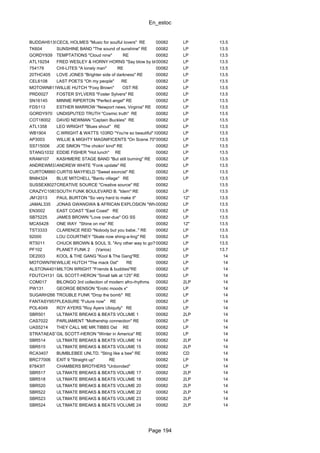 En_estoc
Page 194
BUDDAH5139CECIL HOLMES "Music for soulful lovers" RE 00082 LP 13.5
TK604 SUNSHINE BAND "The sound of sunshine" RE 00082 LP 13.5
GORDY939 TEMPTATIONS "Cloud nine" RE 00082 LP 13.5
ATL19254 FRED WESLEY & HORNY HORNS "Say blow by blow.."RE00082 LP 13.5
754179 CHI-LITES "A lonely man" RE 00082 LP 13.5
20THC405 LOVE JONES "Brighter side of darkness" RE 00082 LP 13.5
CEL6108 LAST POETS "Oh my people" RE 00082 LP 13.5
MOTOWN811WILLIE HUTCH "Foxy Brown" OST RE 00082 LP 13.5
PRD0027 FOSTER SYLVERS "Foster Sylvers" RE 00082 LP 13.5
SN16145 MINNIE RIPERTON "Perfect angel" RE 00082 LP 13.5
FDS113 ESTHER MARROW "Newport news, Virginia" RE 00082 LP 13.5
GORDY970 UNDISPUTED TRUTH "Cosmic truth" RE 00082 LP 13.5
COT18002 DAVID NEWMAN "Captain Buckles" RE 00082 LP 13.5
ATL1358 LEO WRIGHT "Blues shout" RE 00082 LP 13.5
WB1904 C.WRIGHT & WATTS 103RD "You're so beautiful" RE00082 LP 13.5
AP3003 WILLIE & MIGHTY MAGNIFICENTS "On Scene 70" RE00082 LP 13.5
SS715006 JOE SIMON "The chokin' kind" RE 00082 LP 13.5
STANG1032 EDDIE FISHER "Hot lunch" RE 00082 LP 13.5
KRAM107 KASHMERE STAGE BAND "But still burning" RE 00082 LP 13.5
ANDREWM37ANDREW WHITE "Fonk update" RE 00082 LP 13.5
CURTOM8601CURTIS MAYFIELD "Sweet exorcist" RE 00082 LP 13.5
BN84324 BLUE MITCHELL "Bantu village" RE 00082 LP 13.5
SUSSEX8027CREATIVE SOURCE "Creative source" RE 00082 13.5
CRAZYC1083SOUTH FUNK BOULEVARD B. "Idem" RE 00082 LP 13.5
JM12013 PAUL BURTON "So very hard to make it" 00082 12" 13.5
JAMAL335 JONAS GWANGWA & AFRICAN EXPLOSION "Who (ngubani)?"RE00082 LP 13.5
EN3002 EAST COAST "East Coast" RE 00082 LP 13.5
SB75225 JAMES BROWN "Love over-due" OG SS 00082 LP 13.5
MCA5428 ONE WAY "Shine on me" RE 00082 12" 13.5
TST3333 CLARENCE REID "Nobody but you babe.." RE 00082 LP 13.5
92000 LOU COURTNEY "Skate now shing-a-ling" RE 00082 LP 13.5
RT5011 CHUCK BROWN & SOUL S. "Any other way to go?"00082 LP 13.5
PF102 PLANET FUNK 2 (Varios) 00082 LP 13.7
DE2003 KOOL & THE GANG "Kool & The Gang"RE 00082 LP 14
MOTOWN766WILLIE HUTCH "The mack Ost" RE 00082 LP 14
ALSTON4401MILTON WRIGHT "Friends & buddies"RE 00082 LP 14
FDUTCH131 GIL SCOTT-HERON "Small talk at 125" RE 00082 LP 14
COM017 BILONGO 3rd collection of modern afro-rhythms 00082 2LP 14
PW131 GEORGE BENSON "Erotic moods x" 00082 LP 14
SUGARH266 TROUBLE FUNK "Drop the bomb" RE 00082 LP 14
FANTASY9578PLEASURE "Future now" RE 00082 LP 14
POL4049 ROY AYERS "Roy Ayers Ubiquity" RE 00082 LP 14
SBR501 ULTIMATE BREAKS & BEATS VOLUME 1 00082 2LP 14
CAS7022 PARLIAMENT "Mothership connection" RE 00082 LP 14
UAS5214 THEY CALL ME MR.TIBBS Ost RE 00082 LP 14
STRATAEAST4320GIL SCOTT-HERON "Winter in America" RE 00082 LP 14
SBR514 ULTIMATE BREAKS & BEATS VOLUME 14 00082 2LP 14
SBR515 ULTIMATE BREAKS & BEATS VOLUME 15 00082 2LP 14
RCA3407 BUMBLEBEE UNLTD. "Sting like a bee" RE 00082 CD 14
BRC77006 EXIT 9 "Straight up" RE 00082 LP 14
87843IT CHAMBERS BROTHERS "Unbonded" 00082 LP 14
SBR517 ULTIMATE BREAKS & BEATS VOLUME 17 00082 2LP 14
SBR518 ULTIMATE BREAKS & BEATS VOLUME 18 00082 2LP 14
SBR520 ULTIMATE BREAKS & BEATS VOLUME 20 00082 2LP 14
SBR522 ULTIMATE BREAKS & BEATS VOLUME 22 00082 2LP 14
SBR523 ULTIMATE BREAKS & BEATS VOLUME 23 00082 2LP 14
SBR524 ULTIMATE BREAKS & BEATS VOLUME 24 00082 2LP 14
 