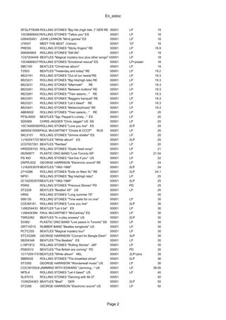 En_estoc
Page 2
SFGLP78299 ROLLING STONES "Big hits (high tide..)" GER RE 00001 LP 15
10C068064533ROLLING STONES "Tattoo you" ES 00001 LP 16
IJ06405491 JOHN LENNON "Mind games" ES 00001 LP 16
J74557 MEET THE BEAT (Varios) 00001 10" 16
PRESS ROLLING STONES "Sticky fingers" RE 00001 LP 16.9
068064804 ROLLING STONES "Still life" 00001 LP 18
1C07204449 BEATLES "Magical mystery tour plus other songs" GER00001 LP 18
10C068063774YROLLING STONES "Emotional rescue" ES 00001 LP+poster 18
SBC100 BEATLES "Christmas album" 00001 LP 19
T2553 BEATLES "Yesterday and today" RE 00001 LP 19.2
8823191 ROLLING STONES "Out of our heads"RE 00001 LP 19.3
8823221 ROLLING STONES "Big hits(high tide) RE 00001 LP 19.3
8823231 ROLLING STONES "Aftermath" RE 00001 LP 19.3
8823261 ROLLING STONES "Between buttons" RE 00001 LP 19.3
8823291 ROLLING STONES "Their satanic..." RE 00001 LP 19.3
8823301 ROLLING STONES "Beggars banquet" RE 00001 LP 19.3
8823321 ROLLING STONES "Let it bleed" RE 00001 LP 19.3
8823441 ROLLING STONES "Metamorphosis" RE 00001 LP 19.3
ABK8002 ROLLING STONES "Their satanic..." RE 00001 LP 20
PFSL9000 BEATLES "Sgt. Pepper's Lonely..." ES 00001 LP 20
SD5069 CHRIS JAGGER "Chris Jagger" US SS 00001 LP 20
10C1640630801ROLLING STONES "Love you live" ES 00001 2LP 20
A6000415006PAUL McCARTNEY "Choba B CCCP" RUS 00001 LP 20
SKL5101 ROLLING STONES "Gimme shelter" ES 00001 LP 20
1J1620417374BEATLES "White album" ES 00001 2LP 20
2C07007291 BEATLES "Rarities" 00001 LP 20
HRSS59103 ROLLING STONES "Goats head soup" 00001 LP 21
06290877 PLASTIC ONO BAND "Live Toronto 69" 00001 LP 21.04
PS 493 ROLLING STONES "Got live if you" US 00001 LP 22
ZAPPLE02 GEORGE HARRISON "Electronic sound" RE 00001 LP 24
1J162053078 BEATLES "1962-1966" 00001 2LP 24
2714286 ROLLING STONES "Exile on Main St." RE 00001 2LP 24.1
NPS1. ROLLING STONES "Big hits(high tide)" 00001 LP 25
2C162053078BEATLES "1962-1966" 00001 2LP 25
PDRS ROLLING STONES "Precious Stones" PD 00001 PD 25
ST2228 BEATLES "Beatles' 65" US 00001 LP 25
HR92 ROLLING STONES "Long summer 78" 00001 30
S90135 ROLLING STONES "Time waits for no one" 00001 LP 30
COC89191. ROLLING STONES "Love you live" 00001 2LP 30
1J06204433 BEATLES "Let it be" ES 00001 LP 30
1J06404394 PAUL McCARTNEY "McCartney" ES 00001 LP 30
TWK2262 BEATLES "In a play anyway" US 00001 2LP 30
S3362 PLASTIC ONO BAND "Live peace in Toronto" SS 00001 LP 30
GRT10015. RUBBER BAND "Beatles songbook" US 00001 LP 30
PCTC255 BEATLES "Magical mystery tour" 00001 LP 30
STCX3385 GEORGE HARRISON "Concert for Bangla Desh" 00001 3LP 30
06204348 BEATLES "The Beatles" ES 00001 LP 35
L18P1812 ROLLING STONES "Rolling Stones" JAP 00001 LP 35
PD83010 BEATLES "The British are coming" PD 00001 PD 35
1C1720417374BEATLES "White album" NEL 00001 2LP+pics 35
SBBSGS ROLLING STONES "The breakfast show" 00001 2LP 36
ST3350 GEORGE HARRISON "Wonderwall music" US 00001 LP 36
COC39100UKJAMMING WITH EDWARD "Jamming..." UK 00001 LP 36.05
NPS-4 ROLLING STONES "Let it bleed" US 00001 LP 40
SL87015 ROLLING STONES "Dancing with Mr.D" 00001 50
1C06204363 BEATLES "Beat" GER 00001 2LP 50
ST3358 GEORGE HARRISON "Electronic sound" US 00001 LP 50
 