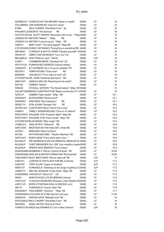 En_estoc
Page 200
SCEB907LP CHARLES HILTON BROWN "Owed to myself" 00082 LP 16
COLUM8605 JON HENDRICKS "Fast livin' blues" 00082 LP 16
81846 WILD CHERRY "Electrified Funk" NL 00082 LP 16
PHILAINTL32419EBONYS "The Ebonys" RE 00082 LP 16
FDUTCH10613HGIL SCOTT-HERON "Revolution will not be..."180gr.00082 LP 16
JOSIE4010H METERS "Meters" 180gr. RE 00082 LP 16
JOSIE4011H METERS "Look-ka py py" 180gr. RE 00082 LP 16
C8007H BABY HUEY "The living legend" 180gr.RE 00082 LP 16
ATCO33332HDONNY HATHAWAY "Everything is everything"RE 00082 LP 16
WB1864H C.WRIGHT & WATTS 103RD "Express yourself" 180gr.RE00082 LP 16
DRIVE107 JIMMY CASTOR BUNCH "Let it out" US 00082 LP 16
BNLA690J2 WAR "Platinum Jazz" SS/US 00082 2LP 16
C30871 CHAMBERS BROS. "Greatest hits" US 00082 LP 16
SPLP10124 FUNKHOUSE EXPRESS (Various Artists) 00082 LP 16
LDM30276 B.T.EXPRESS "Do it 'til you're satisfied" FR 00082 LP 16
M5159V1 TEMPTATIONS "Cloud nine" RE 00082 LP 16
BDS5648 VAN McCOY "From disco to love" US 00082 LP 16
ATCOSD7043DR. JOHN "Desitively Bonnaroo" RE 00082 LP 16
28547XOT HAROLD MELVIN "Reaching for the world" 00082 LP 16
S26158 OSIBISA "Heads" 00082 LP 16
RS6446 STOVALL SISTERS "The Stovall sisters" 180gr. RE00082 16
UALA677G0698BRASS CONSTRUCTION "Brass construction II" US00082 LP 16
42061LP OSIBISA "Ojah awake" 180gr. RE 00082 LP 16.1
DAP005LP BUDOS BAND "Budos band" 00082 LP 16.1
DAP009LP DAKTARIS "Soul explosion" RE 00082 LP 16.1
SEWD114 DON JULIAN "Savage! Ost" RE 00082 LP 16.5
GET8013LP CURTIS MAYFIELD "Got to find a way" 00082 LP 16.5
HGR001 FAMILY UNDERGROUND "Once In A Lifetime" 00082 10" 16.5
EPIC473879 SHUGGIE OTIS "Freedom flight" 180gr.RE 00082 LP 16.5
EPIC743877 SHUGGIE OTIS "Here comes" 180gr. RE 00082 LP 16.5
ATCOSD7038BLUE MAGIC "Blue magic" RE 00082 LP 16.5
LPSBCS12 SIDE EFFECT "Effective" RE 00082 LP 16.6
CMYLP287 BROTHER ON THE RUN OST J.Pate RE 00082 LP 16.8
ALP003 MEBUSAS "Blood brothers" 00082 LP 16.8
607225 RHYTHM MACHINE- " Rhythm Machine" RE 00082 LP 16.9
DAP010LP BOB & GENE "If this world were mine..." 00082 LP 16.9
MJJ302LP SIR WARRIOR & HIS OG.ORIENTAL BROS.INT.B. "Onye obula zoba isi.." RE00082 LP 16.9
MJJ304LP CHIEF BRIGADIER OLU ONI "Juju marathon system vol.1"00082 LP 16.9
MJJ305LP PRINCE NICO MBARGA "Cool money" 00082 LP 16.9
SONORAMAL30MOMBASA 2 "African rhythms & blues" RE 00082 LP 16.95
SONORAMAL36SEELOW & MAYER FORMATION "Mr.Dinamite" 00082 LP 16.95
TNECK36077ISLEY BROTHERS "Winner takes all" RE 00082 2LP 17
HJRLP21 LONDON IS THE PLACE FOR ME 3 (Varios) 00082 2LP 17.2
HJRLP20 TONY ALLEN "Lagos no shaking" 00082 2LP 17.2
SEW2151 FUNKADELIC "Standing on the verge of getting it on"RE00082 2LP 17.3
LS86071H MELVIN JACKSON "Funky Skull" 180gr. RE 00082 LP 17.5
AV69009698 VAN McCOY "Disco kid" US 00082 LP 17.5
SK001 SKRATCHCON LTD.ED.BREAKS (Varios) 00082 LP 17.5
LAP012LP TLAHOUN GESSESSE Ethiopian Urban Modern Music vol.400082 LP 17.6
LAP011LP MORE ETHIOPIAN SOUL & GROOVE vol.3 00082 LP 17.6
4M173 FUNKADELIC "Cosmic Slop" RE 00082 LP 17.6
EA44008LP PARLIAMENT "Osmium" 180gr. RE 00082 LP 17.7
SONORAMAL40COLOURS OF FUNK German funk jazz 00082 LP 17.95
CBS38197 MARVIN GAYE "Midnight love" RE 00082 LP 18
EPIC34462LPWILD CHERRY "Electrified Funk" RE 00082 LP 18
ABCD925 ISAAC HAYES "Groove-A-Thon" 00082 LP 18
CAP9912156 MAZE feat.FRANKIE B "Live in New Orleans" 00082 2LP 18
 