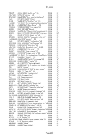 En_estoc
Page 203
AB4257 CHUCK CISSEL "Just for you" US 00082 LP 20
NBLP7208 ULTIMATE "Ultimate" US 00082 LP 20
SRM13801 HALLOWEEN "Come see what it's all about" 00082 LP 20
KU23 ESTHER PHILLIPS "W/Beck" 00082 LP 20
34462 WILD CHERRY "Electrified Funk" US 00082 LP 20
HL69022 VAN McCOY "And his Magnificent Movie Machine" SS00082 LP 20
2391083 JAMES BROWN "Black Caesar" RE 00082 LP 20
PIR65858 THREE DEGREES "Three degrees" UK 00082 LP 20
360039 MANU DIBANGO "O bosso" 00082 LP 20
ILPS9360 WILD TCHOUPITOULAS "Wild Tchoupitoulas" US 00082 LP 20
2400191 ISAAC HAYES/DIONNE WARWICK "A man and a woman"00082 2LP 20
X698 MINNIE RIPERTON "Stay in love" US 00082 LP 20
ST12308 GEORGE CLINTON "You shouldn't nuf bit fish" 00082 LP 20
HL69025698 MONSTERS "Monsters" SS 00082 LP 20
KU28 ESTHER PHILLIPS "For all we know" US 00082 LP 20
SRW16358 HUGH MASEKELA "Hugh Masekela" US 00082 LP 20
ABCD895 BOBBY BLAND "Get on down" US 00082 LP 20
VOLT9501 DRAMATICS "Dramatically yours" SS OG 00082 LP 20
2391073 JAMES BROWN "Hot pants" FR 00082 LP 20
840047 BOHANNON "Keep on dancin'" FR 00082 LP 20
MCA3064 STARGARD "What you waitin' for" SS 00082 LP 20
HL69022698 VAN McCOY "And his Magnificient Movie Machine" SS00082 LP 20
SP5157 PAUL KELLY "Gossip" SS 00082 LP 20
SH584. GRANDMASTER FLASH "The message" US 00082 12" 20
SOO12063 PEABO BRYSON "Paradise" US 00082 LP 20
MSI008 JOHN FERRARA "Wuthering heights" 00082 EP 20
JDC62177 GLASS FAMILY "Mr Dj, you konw how to make..." col.vinyl00082 12" 20
TE3 FLIRTS "Helpless" 00082 12" 20
TAI126612 CORPORATION OF ONE "So where are you" 00082 12" 20
TKD438 BLOW FLY "Rapp dirty" US 00082 12" 20
VE7023 28TH ST.CREW "I need a rhythm" 00082 12" 20
TAI126601 COCO "Cross your heart" 00082 12" 20
TL01 EVE "Take a little chance" 00082 12" 20
MSR12298 RTIZ "Lovin' hooks" 00082 12" 20
MSR2298 RITZ "Lovin' hooks" SS 00082 12" 20
SP105 JEFF LORBER FUSION "Monster man" 00082 12" 20
258014151617STEVIE WONDER "Collection" box 00082 4LP 20
ABT25 RITCHIE FAMILY "Put your feet to the beat" 00082 12" 20
TKD113 CLASS "Get your chic together" 00082 12" 20
SRM1608 BUDDY MILES "A message to the people" US 00082 LP 20
K50155 DETROIT SPINNERS "Pick of the litter" US 00082 LP 20
AV11013598 CHAMBERS BROTHERS "Unbonded" US 00082 LP 20
AR9917 MIGHTY CHEVELLES "Black Gold" RE 00082 LP 20
KUDU14 ESTHER PHILLIPS "Black-eyed blues" US 00082 LP 20
CBS81806 LULU-WENA "A rhapsody in black" 00082 LP 20
ENS1020 ERIC MERCURY "Funky sounds nurtured in... " US 00082 LP 20
AISLE1016 LITTLE BEAVER "Party down" JAP RE 00082 LP 20
35749 BRAINSTORM "Funky entertainment" US 00082 LP 20
LAFFA141 JOHNNY OTIS SHOW "Burglar in the bedroom" US00082 LP 20
NBLP7195 PARLIAMENT "Gloryhallastoopid" US 00082 LP 20
BS2876 GRAHAM CENTRAL S. "Ain't no 'bout-a-doubt it" US00082 LP 20
88011I METERS "Cissy strut" 00082 LP 20
SP4771 L.T.D. "Devotion" US 00082 LP 20
1C1909790001STEVIE WONDER "Songs in the key of life" ES 00082 2LP+bklt 20
SP4646 L.T.D. "Something to love" 00082 LP 20
MDKS8001 OSIBISA "Osibisa" 00082 LP 20
WB56022 OSIBISA "Happy children" 00082 LP 20
 