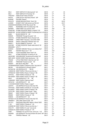 En_estoc
Page 21
SDL4 KEEF HARTLEY B."Little big band" UK 00016 LP 40
SDL2 KEEF HARTLEY B."Overdog" UK 00016 LP 40
TPSA7507 HARD STUFF "Bolex dimentia" 00016 LP 40
P4537A LORD SUTCH "And heavy friends" JAP 00016 LP 40
85392SE PALADIN "Paladin" 00016 LP 40
SHVL810 EDGAR BROUGHTON B. "Oora" OG 00016 LP 42.05
JLS3000 SHAKEY VICK "Little woman you"OG US 00016 LP 42.07
SHADOKS103LPMORNING AFTER "Blue blood" RE 00016 LP 44.5
LPS002 INCREDIBLE HOG "Incredible Hog" RE 00016 LP 50
86796XD URIAH HEEP "Live January 1973" 00016 2LP 50
PYE82192I ATOMIC ROOSTER "Made in England" ES 00016 LP 50
BRAIN1022 ALEXIS KORNER & SNAPE "Accidentally born in New Orleans" GER00016 LP 50
64562 BLACK WIDOW "III" UK 00016 LP 50
SD9048 FREEDOM "Through the years" US 00016 LP 60
CAS1010 ATOMIC ROOSTER "Atomic Rooster" UK 00016 LP 60
6360006 URIAH HEEP "Very'eavy, very'umble" GER 00016 LP 60
6360038 DADDY LONGLEGS "Oakdown farm" UK 00016 LP 60
6360011 BLACK SABBATH "Paranoid" US 00016 LP 60
CAS1026 ATOMIC ROOSTER "Death walks behind" UK 00016 LP 60
SREG9563 UFO "1" 00016 LP 60
6338033 ANCIENT GREASE "Women and children first" 00016 LP 75
66293 HEAVEN "Brass rock 1" UK 00016 2LP 75
EST864 TUCKY BUZZARD "Warm slash" UK 00016 LP 100
PEG1 ATOMIC ROOSTER "In hearing of" UK 00016 LP 100
LBL83199E GROUNDHOGS "Scratching the surface" UK 00016 LP 120
NSPL18273 WOODY KERN "Awful disclosures..." UK 00016 LP 120
TRA208 LITTLE FREE ROCK "Little free rock" UK 00016 LP 150
529325 FREEDOM "Freedom at last" FR 00016 LP 150
6360007 MAY BLITZ "May Blitz" ES 00016 LP 150
10C064063928DEEP PURPLE "Deepest pruple. Very best of" 00017 LP 7
S90166 LED ZEPPELIN "In through outdoor" 00017 LP 12
HATS42156 LED ZEPPELIN "III" RE ES 00017 LP 12
1J06494140 DEEP PURPLE "Who do we think we..." 00017 LP 14
TETRAG107 DEEP PURPLE "Book of Taliesyn" RE 00017 LP 14
TETR102 DEEP PURPLE "Shades of" RE 00017 LP 14
0621040001 DEEP PURPLE "Book of Taliesyn" RE 00017 LP 14
40037 LED ZEPPELIN "II" FR RE 00017 LP 14
1J06493261 DEEP PURPLE "Machine head" 00017 LP 15
HAT42143 LED ZEPPELIN "II" ES 00017 LP 15
1J154193915363DEEP PURPLE "Made in Japan" 00017 2LP 15
LZHOTH LED ZEPPELIN "House of the Holy" RE 00017 LP 15
TETR102C DEEP PURPLE "Shades of" col.vinyl RE 00017 LP 15.6
541040001 DEEP PURPLE "Book of Taliesyn" RE 00017 LP 16
TETR119H DEEP PURPLE "Deep Purple" 180gr. 00017 LP 16
PB3607 DEEP PURPLE "Book of Taliesyn" RE 00017 LP 17.9
PB3606 DEEP PURPLE "Shades of" RE 00017 LP 20
SD8236 LED ZEPPELIN "II" US 00017 LP 20
HATS421112 LED ZEPPELIN "House of the Holy" ES 00017 LP 20
J06492817 JON LORD "Gemini suite" ES 00017 24
2417313 PAICE/ASHTON/LORD "Malice in Wond."GER 00017 LP 24
T-102 DEEP PURPLE "Shades of" US 00017 LP 25
2C06494140 DEEP PURPLE "Who do we think we..." 00017 LP 30
SHVL777. DEEP PURPLE "In rock" 2nd ed.UK 00017 LP 30
2C06204175 DEEP PURPLE "Shades of" FR 00017 LP 30
THS8 TRAPEZE "You are the music..we're just..." US 00017 LP 30
P55445N LED ZEPPELIN "The song remains the same" JAP 00017 2LP 50
THS4 TRAPEZE "Medusa" US 00017 LP 50
 