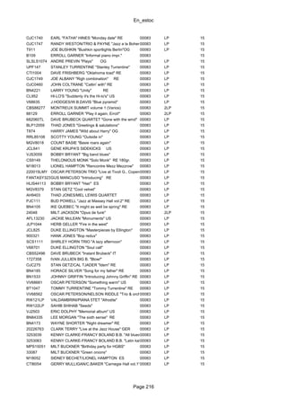 En_estoc
Page 216
OJC1740 EARL "FATHA" HINES "Monday date" RE 00083 LP 15
OJC1747 RANDY WESTON/TRIO & PAYNE "Jazz a la Bohemia"00083 LP 15
T911 JOE BUSHKIN "Bushkin sportlights Berlin"OG 00083 LP 15
B109 ERROLL GARNER "Informal piano impr." 00083 15
SLSLS1074 ANDRE PREVIN "Plays" OG 00083 LP 15
UPF147 STANLEY TURRENTINE "Stanley Turrentine" 00083 LP 15
CTI1004 DAVE FRISHBERG "Oklahoma toad" RE 00083 LP 15
OJC1749 JOE ALBANY "Righ combination" RE 00083 LP 15
OJC0460 JOHN COLTRANE "Cattin' with" RE 00083 LP 15
BN4221 LARRY YOUNG "Unity" RE 00083 LP 15
CL952 HI-LO'S "Suddenly it's the Hi-lo's" US 00083 LP 15
V68635 J.HODGES/W.B.DAVIS "Blue pyramid" 00083 LP 15
CBS88277 MONTREUX SUMMIT volume 1 (Varios) 00083 2LP 15
88129 ERROLL GARNER "Play it again, Errol!" 00083 2LP 15
682060TL DAVE BRUBECK QUARTET "Gone with the wind" 00083 LP 15
BLP12059 THAD JONES "Greetings & salutations" 00083 LP 15
T874 HARRY JAMES "Wild about Harry" OG 00083 LP 15
RRL85108 SCOTTY YOUNG "Outside in" 00083 LP 15
MGV8018 COUNT BASIE "Basie roars again" 00083 LP 15
JCL641 GENE KRUPA'S SIDEKICKS US 00083 LP 15
VJS3059 BOBBY BRYANT "Big band blues" 00083 LP 15
CS9149 THELONIOUS MONK "Solo Monk" RE 180gr. 00083 LP 15
M18013 LIONEL HAMPTON "Rencontre Mezz Mezzrow" 00083 LP 15
220015LMY OSCAR PETERSON TRIO "Live at Tivoli G., Copenhagen"00083 LP 15
FANTASY3233GUS MANCUSO "Introducing" RE 00083 LP 15
HLIS44113 BOBBY BRYANT "Hair" ES 00083 LP 15
MGV8379 STAN GETZ "Cool velvet" 00083 LP 15
AH9403 THAD JONES/MEL LEWIS QUARTET 00083 LP 15
PJC111 BUD POWELL "Jazz at Massey Hall vol.2" RE 00083 LP 15
BN4105 IKE QUEBEC "It might as well be spring" RE 00083 LP 15
24048 MILT JACKSON "Opus de funk" 00083 2LP 15
AFL13230 JACKIE McLEAN "Monuments" US 00083 LP 15
JLP1044 HERB GELLER "Fire in the west" 00083 LP 15
JCL825 DUKE ELLINGTON "Masterpieces by Ellington" 00083 LP 15
900321 HANK JONES "Bop redux" 00083 LP 15
SCS1111 SHIRLEY HORN TRIO "A lazy afternoon" 00083 LP 15
V68701 DUKE ELLINGTON "Soul call" 00083 LP 15
CBS52496 DAVE BRUBECK "Instant Brubeck" IT 00083 LP 15
1727358 IVAN JULLIEN BIG B. "Blow!" 00083 LP 15
OJC275 STAN GETZ/CAL TJADER "Idem" RE 00083 LP 15
BN4185 HORACE SILVER "Song for my father" RE 00083 LP 15
BN1533 JOHNNY GRIFFIN "Introducing Johnny Griffin" RE 00083 LP 15
VV68681 OSCAR PETERSON "Something warm" US 00083 LP 15
BT1047 TOMMY TURRENTINE "Tommy Turrentine" RE 00083 LP 15
VV68562 OSCAR PETERSON/NELSON RIDDLE "Trio & orch.with strings" US00083 LP 15
RW121LP VALDAMBRINI/PIANA 5TET "Afrodite" 00083 LP 15
RW122LP SAHIB SHIHAB "Seeds" 00083 LP 15
VJ2503 ERIC DOLPHY "Memorial album" US 00083 LP 15
BN84335 LEE MORGAN "The sixth sense" RE 00083 LP 15
BN4173 WAYNE SHORTER "Night dreamer" RE 00083 LP 15
20226763 CLARK TERRY "Live at the Jazz House" GER 00083 LP 15
3253039 KENNY CLARKE-FRANCY BOLAND B.B. "All blues" ES00083 LP 15
3253063 KENNY CLARKE-FRANCY BOLAND B.B. "Latin kaleidoscope"00083 LP 15
MPS15051 MILT BUCKNER "Birthday party for HGBS" 00083 LP 15
33087 MILT BUCKNER "Green onions" 00083 LP 15
M18052 SIDNEY BECHET/LIONEL HAMPTON ES 00083 LP 15
CTI6054 GERRY MULLIGAN/C.BAKER "Carnegie Hall vol.1"00083 LP 15
 