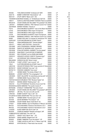 En_estoc
Page 222
S63382 THELONIOUS MONK "Underground" GER 00083 LP 25
ZGO116 BOBBY CHRISTIAN "Vibe-brations" UK 00083 LP 25
SB15147 STUFF SMITH "Black violin" OG 00083 LP 25.2
10C064061226GEORGE RUSSELL S. "At Beethoven Hall" ES 00083 LP 30
V68317 DUKE ELLINGTON/JOHNNY HODGES "Back to back" OG00083 LP 30
MGV2016 COUNT BASIE/JOE WILLIAMS "The greatest!" OG 00083 LP 30
LJM1001 BARBARA CARROLL TRIO "Barbara Carroll Trio" OG00083 LP 30
JSLP50029 BARNEY KESSEL "Volume 2" 00083 10" 30
F3210 DAVE BRUBECK QUARTET "Jazz at the Black Hawk" OG00083 LP 30
LD102 DAVE BRUBECK TRIO Vogue microgroove 00083 10" 30
LD022 DAVE BRUBECK TRIO Vogue microgroove 00083 10" 30
LD104 DAVE BRUBECK QUARTET Vogue microgroove 00083 10" 30
A130209 BARBARA CARROLL TRIO "Barbara Carroll Trio" OG00083 10" 30
84084 SONNY ROLLINS "Le Colosse du saxophone" FR 00083 LP 30
EXPR1007 CLIFFORD BROWN ALLSTARS "Same" 00083 LP 30
R25032 HANK MARDIGIAN SEX. "Oriental delight" 00083 LP 30
CIDJ311 GREAT JAZZ FESTIVAL (Varios) ES 00083 LP 30
CIDJ3080 JACK TEAGARDEN Y BARNEY BIGARD 00083 LP 30
CIDJ3049 GIANTS OF MODERN JAZZ (Varios) ES 00083 LP 30
CIDJ3058 STAN GETZ/ERROL GARNER "The two greats" 00083 LP 30
CIDJ3079 SAM PRICE Y SUS KAYCEE STOMPERS 00083 LP 30
CIDJ3051 REX STEWART and his DIXIELAND BAND 00083 LP 30
CID30121 ORQUESTA SPACE CADETS "Dixieland jazz" 00083 LP 30
81541 LEE MORGAN "With H.Mobley/K.Rogers..." 00083 LP 30
BNLA406G HORACE SILVER "Silver'n brass" 00083 LP 30
PLP814S YUSEF LATEEF "Lost in sound" US 00083 LP 30
195J2 CLIFFORD BROWN ALLSTARS "Jams 2" 00083 LP 30
UMV2109 OSCAR PETERSON TRIO "A jazz portrait of F.Sinatra"00083 LP 30
BST84127 KENNY DORHAM "Una mas" US 00083 LP 30
BST84115 FREDDIE HUBBARD "Hub tones" 00083 LP 30
A1371 HERBIE MANN "The family of Mann" US 00083 LP 30
BN89383 JOHNNY GRIFFIN "The congregation" US 00083 LP 30
UMV2605 DIZZY GILLESPIE "An electrifying evening with" US00083 LP 30
V68527 HERBIE MANN "Sound of Mann" US 00083 LP 30
FANTASY3332DAVE BRUBECK TRIO "Brubeck-Tjader" US 00083 LP 30
ST84010 BENNIE GREEN "Walking down" US 00083 LP 30
3053143 ELLA FITZGERALD "Sunshine of your love" ES 00083 LP 30
MOODSVILLE28GENE AMMONS "The soulful moods of" 00083 LP 30
BST84286 STANLEY TURRENTINE "The look of love" 00083 LP 30
UMV2650 COUNT BASIE/JOE WILLIAMS "The greatest!" JAP00083 LP 30
BAP5041 JIM HALL "It's nice to be with you"UK 00083 LP 30
LPM1040 BOBBY DUKOFF "Sax in silk" US 00083 LP 30
ATLANTIC1372HANK CRAWFORD "The soul clinic" US 00083 LP 30
SD1483 HERBIE MANN "The beat goes on" US 00083 LP 30
SD1638 DAVID NEWMAN "The weapon" US 00083 LP 30
UAS6480 COUNT BASIE "Basie meets Bond" US 00083 LP 30
LP3027 EDDIE HARRIS "Jazz for Breakfast at Tiffany's" US 00083 LP 30
BN1531 FATS NAVARRO "Fabulous Fats Navarro vol.1" 00083 LP 30
BN1532 FATS NAVARRO "Fabulous Fats Navarro vol.2" 00083 LP 30
LA16030 SLIDE HAMPTON "Drum suite" US 00083 LP 30
MV2030 CHARLIE PARKER "Swedish schnapps" JAP 00083 LP 30
COBBLESTONE9015PAT MARTINO "The visit!" US 00083 LP 30
JXS7010 GRADY TATE "Movin' day" US 00083 LP 30
BST84301 GENE HARRIS "Elegant soul" US 00083 LP 30
RS3053 BOBBY TIMMONS "From the bottom" US 00083 LP 30
TL5195 TUBBY HAYES & LAST ALL S. "Return visit!" RE 00083 LP 30
BN5025 WYNTON KELLY "New faces new sounds" 00083 10" 30
 