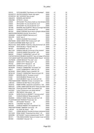 En_estoc
Page 223
529103 FATS NAVARRO "Fats Navarro vol.2 Nostalgia" 00083 LP 30
BYG529116 DEXTER GORDON "Dexter rides again" 00083 LP 30
BYG529104 MILT JACKSON "Opus de jazz" 00083 LP 30
20MJ0078 MODERN JAZZ SEXTET 00083 LP 30
20MJ0086 SITTIN' IN (Varios) 00083 LP 30
430045 ART BLAKEY "Plus Kenny Clarke au Club St.Germain vol.3"00083 LP 30
430044 ART BLAKEY "Au Club St.Germain vol.2" 00083 LP 30
430043 ART BLAKEY "Au Club St.Germain vol.1" 00083 LP 30
SD1468 MODERN JAZZ QUARTET "Blues at Carnegie Hall"00083 LP 30
SD1473 CHARLES LLOYD "Forest flower" US 00083 LP 30
BN1524 KENNY DORHAM "Round about midnight at Bohemia" JAP00083 LP 30
066CRY45286FRIEDRICH GULDA "As you like it" 00083 LP 30
30SA6008 CHARLIE PARKER "Memorial vol.2" 00083 LP 30
SIGLOXX ALEN "Jazz iz" 00083 LP 30
18149 SARAH VAUGHAN "And orchestra" 00083 10" 30
BNST84059 KENNY DREW TRIO "Undercurrent" JAP 00083 LP 35
ATLANTIC1384HERBIE MANN "Right now" US 00083 LP 35
BNLA141G2 GENE HARRIS "Yesterday, today & tomorrow" US 00083 2LP 35
RLPI2254 WYNTON KELLY "Wynton Kelly" US 00083 LP 35
BN1557 LEE MORGAN "vol.3" US 00083 LP 35
BNJ71034 HORACE PARLAN "On the spur of the moment" 00083 LP 35
MV2503 CHARLIE PARKER "Bird and Diz" JAP 00083 LP 35
BN4039 STANLEY TURRENTINE "Look out!" US 00083 LP 35
FANTASY3223DAVE BRUBECK QUARTET "Jazz at College of Pacific" OG00083 LP 40
STATUS8307HAMPTON HAWES/FREDDOE REDD "Move!" OG00083 LP 40
JSLP50035 LENNIE NIEHAUS "The octet" vol.2 00083 10" 40
SR25343 SONNY STITT "What's new!!!" US 00083 LP 40
PR7332 SONNY STITT "Shangri-la" US 00083 LP 40
MONO1481 CHARLES LLOYD "Love in" US 00083 LP 40
BST84256 STANLEY TURRENTINE "The spoiler" US 00083 LP 40
GM517 LUCKY THOMPSON Q. "I offer you" US 00083 LP 40
BST84342 GRANT GREEN "Green is beautiful" US 00083 LP 40
BST84129 STANLEY TURRENTINE "Never let me go" US 00083 LP 40
SD2603 MODERN JAZZ Q. "European concert" 00083 2LP 40
CL622 DAVE BRUBECK "Brubeck time" US 00083 LP 40
CL699 DAVE BRUBECK "Jazz: red, hot & cool" US 00083 LP 40
PRESTIGE7429BOBBY TIMMONS "Chicken & dumplin's" US 00083 LP 45
LWB1033 HORACE SILVER "Music of the spheres" 00083 2LP 45
GA33416 BOBBY BYRNE "Jazzbone's connected to.." OG 00083 LP 50
MGN1037 LIONEL HAMPTON/STAN GETZ "Hamp and Getz" 00083 LP 50
PRES7252 STAN GETZ/ZOOT SIMS "The brothers" OG 00083 LP 50
EW10003 L╖A╖4 "Pavane pour une infante defunte" 00083 LP 50
LJH6012 RED NORVO "Vibe-rations" US 00083 LP 50
CM150L NURIA FELIU/LOU BENNETT "I els seus amics" 00083 LP 50
62261 CHARLES MINGUS "Mingus dynasty"FR 00083 LP 50
MG20835 SHIRLEY HORN "Shirley Horn with horn" US 00083 LP 50
ATLANTIC3005DUKE PEARSON "Prairie dog" US 00083 LP 50
P10067 ART BLAKEY "Buhaina" US 00083 LP 50
BN4102 3 SOUNDS "Hey there" US 00083 LP 50
MGC646 CHARLIE PARKER "The magnificient" US 00083 LP 50
PRESTIGE7351BOBBY TIMMONS "Chun-king" US 00083 LP 60
LJM1024 AL COHN "Mr. Music" OG 00083 LP 60
C3510 LENNIE NIEHAUS "Quintets & strings contemporary"00083 LP 60
RLP12222 ERNIE HENRY "Presenting Ernie Henry" US 00083 LP 60
680203ML ART BLAKEY "Liasions dangerereuses" Ost FR 00083 LP 90
BN1511 THELONIOUS MONK "Genius of modern music vol.2" US00083 LP 100
BN1600 3 SOUNDS "3 Sounds" US 00083 LP 100
 
