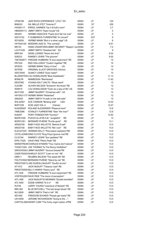 En_estoc
Page 224
CPS9168 JAZZ ROCK EXPERIENCE "J.R.E." ES 00083 LP 120
BN5033 GIL MELLE 5TET "Volume 2" 00083 10" 200
HXS00117 ERROL GARNER "Up in Erroll's room" 00084 LP 2.7
HBNS45113 JIMMY SMITH "Open house" ES 00084 LP 5
S83491 HERBIE HANCOCK "Feets don't fail me now" 00084 LP 5
50015152 F.HUBBARD/S.TURRENTINE "In concert" 00084 2LP 6
SD18209 HERBIE MANN "Bird in a silver cage" US 00084 LP 6
HATS42105 MODERN JAZZ Q. "The comedy" 00084 LP 6.01
M9153 HANK CRAWFORD/JIMMY MCGRIFF "Steppin' Up"00084 LP 7.2
LCLP1439 JIMMY SMITH "Greatest hits" ES 00084 LP 8
MR5164 GENE LUDWIG "Now's the time" 00084 LP 9.02
S26223 RAMSEY LEWIS "The groover" 00084 LP 9.02
7567930671 FREDDIE HUBBARD "A soul experiment" RE 00084 LP 10
PR7325 RED HOLLOWAY "Cookin' together" RE 00084 LP 10
SP3033 HERBIE MANN "Glory of love" US 00084 LP 10
837930I ORIGINAL ILLICIT GROOVES (Varios) 00084 LP 10
XSX10045 QUINCY JONES "Gula matari" 00084 LP 10
BLUENOTE94709LOU DONALDSON "Blue breakbeats" 00084 LP 11.12
BOMLP6 MAMBOSSA "Mambossa" 00084 LP 11.42
KENT062 YOUNG-HOLT UNLTD. "Wack wack" 00084 LP 12
OJC080 OLIVER NELSON "Screamin' the blues" RE 00084 LP 12
SD9915 LOU DONALDSON "Color as a way of life" US 00084 LP 12
MLP1205 JIMMY McGRIFF "Christmas with" US 00084 LP 12
HATS421177 HERBIE MANN "Waterbed" 00084 LP 12
2682025 JIMMY SMITH "A walk on the wild side" 00084 LP 12
SHL32067 ACE CANNON "Blowing wild" USA 00084 LP 12.02
BGP1029 ACID JAZZ VOL.4 (Varios) 00084 LP 12.47
NJAZZ8267 ROLAND ALEXANDER "Pleasure bent" 00084 LP 12.6
TIME2086 STANLEY TURRENTINE "Stan "the man"" 00084 LP 12.6
NJ8297 PONY POINDEXTER "Gumbo!" 00084 LP 12.62
BGPD1049 PUCHO & LATIN S.B. "Junglefire" RE 00084 LP 13
BGPD1051 BERNARD PURDIE "Purdie good" RE 00084 LP 13.1
ARGO749 BABY FACE WILLETTE "Behind 8 ball" 00084 LP 13.5
ARGO739 BABY FACE WILLETTE "Mo' rock" RE 00084 LP 13.5
ELECAT225 HERMAN KELLY "Percussion explosion"RE 00084 LP 13.5
COTILLION9047KING FLOYD "King Floyd (groove me)"RE 00084 LP 13.5
CL33194 RAMSEY LEWIS "Sun goddess" RE 00084 LP 13.5
EPIC17025 DAVE PIKE "Pike's Peak" RE 00084 LP 13.5
MAINSTREAM389CHARLES KYNARD "Your mama don't dance" 00084 LP 13.5
TODAY1004 JOE THOMAS "Is The Ebony Godfather" 00084 LP 13.5
GROOVE503 JIMMY McGRIFF "Groove Grease"RE 00084 LP 13.5
CADET50025SHIRLEY SCOTT "Lean on me" RE 00084 LP 13.5
GM511 REUBEN WILSON "The sweet life" RE 00084 LP 13.5
FDUTCH5001BERNARD PURDIE "Stand by me" RE 00084 LP 13.5
PRESTIGE7324JOE DUKES/J.McDUFF "Soulful drums" 00084 LP 13.5
AT1472 JACK McDUFF "Tobacco road" RE 00084 LP 13.5
PRESTIG0007556BILLY HAWKS "Heavy soul" RE 00084 LP 13.5
ATL1526 FREDDIE HUBBARD "A soul experiment" RE 00084 LP 13.5
VORTEX2007DAVE PIKE "The doors of perception" 00084 LP 13.5
ATL1498 JACK McDUFF/D.NEWMAN "Double barrelled" 00084 LP 13.5
ATL1659 EDDIE HARRIS "Is it in" RE 00084 LP 13.5
PLP34 LARRY YOUNG "Lawrence of Newark" RE 00084 LP 13.5
MRL392 BLUE MITCHELL "The last tango=blues" RE 00084 LP 13.5
MJ12828 JIMMY SMITH "Paid in full" RE 00084 LP 13.5
SD1492 FREEDOM SOUNDS "People get ready" RE 00084 LP 13.5
UA14006 JEROME RICHARDSON "Going to the ..." 00084 LP 13.5
CAPITOL2688HENRY CAIN "The funky organ-ization of"RE 00084 LP 13.5
 
