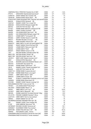 En_estoc
Page 226
VAMPI005LP BILLY PRESTON "Greatest hits of 1965" 00084 LP 13.8
FFF015 GROOVERS "Sophisticated boom-boom" 00084 LP 13.8
CAP84154 GRANT GREEN "Idle moments" RE 00084 LP 14
CAP36195 DONALD BYRD "Electric Byrd" RE 00084 LP 14
STRATA10575LYMAN WOODARD ORG. "Saturday nigh special"RE00084 LP 14
BN4238 DONALD BYRD "Mustang!" RE 00084 LP 14
HX00102 RAMSEY LEWIS "The in crowd" ES 00084 LP 14
BN84349 DONALD BYRD "Ethiopian knights" RE 00084 LP 14
BN4192 JOHN PATTON "Oh baby!" RE 00084 LP 14
AT1522 HERBIE MANN "Memphis underground" RE 00084 LP 14
BN4266 LARRY YOUNG "Contrasts" RE 00084 LP 14
BN4299 LOU DONALDSON "Say it loud" RE 00084 LP 14
BN4280 LOU DONALDSON "Midnight creeper" RE 00084 LP 14
BN4313 LONNIE SMITH "Turning point" RE 00084 LP 14
BN4304 LARRY YOUNG "Heaven on earth" RE 00084 LP 14
BN4317 REUBEN WILSON "Love bug" RE 00084 LP 14
BN4350 JIMMY McGRIFF "Electric funk" RE 00084 LP 14
MGM4751 JIMMY SMITH "I'm goin' git myself together" RE 00084 LP 14
BN4064 GRANT GREEN "Grant's first stand" RE 00084 LP 14
BN4326 LONNIE SMITH "Move your hand" RE 00084 LP 14
BN4290 LONNIE SMITH "Think" RE 00084 LP 14
BN4327 GRANT GREEN "Carryin' on" RE 00084 LP 14
1001 WELDON IRVINE "Liberated brother" RE 00084 LP 15
BMG11795 WELDON IRVINE "Sinbad" RE 00084 LP 15
BMG11796 WELDON IRVINE "Spirit man" RE 00084 LP 15
URLP011 MIKE CLARK "Master drummers vol.3" 00084 LP 15
BN47 DONALD BYRD "Black Byrd" RE 00084 LP 15
OJC125 MODERN JAZZ Q./M.JACKSON "Modern J.Q." 00084 LP 15
S6747S1 JR.WALKER "Sax appeal" OG 00084 LP 15
SD19252 HERBIE MANN "Yellow fever" US 00084 LP 15
35018 RAMSEY LEWIS "Tequila mockingbird" US 00084 LP 15
BN4239 JOHN PATTON "Let'em roll" RE 00084 LP 15
HDA37115 HERBIE MANN "La gloria del amor" 00084 LP 15
SD19169 HERBIE MANN "Brazil- once again" 00084 LP 15
2304481 JIMMY SMITH "Bashin'" GER 00084 LP 15
BN84351 LONNIE SMITH "Drives" RE 00084 LP 15
F9508 STANLEY TURRENTINE "Everybody come on out" US00084 LP 15
UAS5636 HERBIE MANN "Brazil blues" US 00084 LP 15
KC31096 RAMSEY LEWIS "Upendo ni pamoja" US 00084 LP 15
NEWJAZZ8284DAVE PIKE "Limbo carnival" RE 00084 LP 15
7897941 LOU DONALDSON "Pretty things" 00084 LP 15
SAL704S1 GABOR SZABO "Macho" us 00084 LP 15
V68750 JIMMY SMITH "Livin' it up!" ES 00084 LP 15.03
LR120LP JIMMY SMITH "Bluesmith" RE 00084 LP 15.3
WB1834 HERBIE HANCOCK "Fat Albert Rotunda" 180gr. 00084 LP 15.6
ATL1477H FREDDIE HUBBARD "Backlash" 180 gr. 00084 LP 15.6
LCLP1415 JIMMY SMITH "Got my mojo working" 00084 LP 16
CB9002 GRANT GREEN "Iron city" RE 00084 LP 16
DELMARK424GEORGE FREEMAN "Birth sign" RE 00084 LP 16
844 RAMSEY LEWIS "Them changes" RE 00084 LP 16
P7180 GENE AMMONS "Boss tenor" RE 00084 LP 16
GET8053LP RICHARD HOLMES "American pie" 00084 LP 16.1
DAP008LP SUGARMAN THREE "Soul donkey" 00084 LP 16.1
BGPD1080 SONNY PHILLIPS "Sure 'nuff" RE 00084 LP 16.15
0688482 PSYCHEDELIC JAZZ (Varios) 00084 2LP 16.7
SONORAMAL01GREETJE KAUFELD "And let the music play" 00084 LP 16.95
SONORAMAL29GREETJE KAUFELD "Tender meditation" 00084 LP 16.95
 