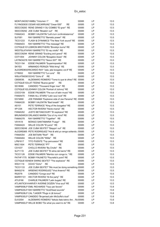 En_estoc
Page 231
MONTUNO506YAMBU "Volumen 1" RE 00085 LP 13.5
FLYINGD830 CESAR ASCARRUNZ "Cesar 830" RE 00085 LP 13.5
SEECO9283 RENE GRAND Y SU COMBO "El gran" RE 00085 LP 13.5
SEECO9292 JOE CUBA "Breakin' out" RE 00085 LP 13.5
FANIA343 BOBBY VALENTIN "Let's turn on/Arrebatarnos" 00085 LP 13.5
SLP391 RAY BARRETTO "Barretto power" RE 00085 LP 13.5
TICO1233 FLASH & DYNAMICS "The New York sound" RE 00085 LP 13.5
FANIA403 RAY BARRETTO "The message" RE 00085 LP 13.5
COTIQUE1015LEBRON BROTHERS "Brooklyn bums" RE 00085 LP 13.5
WESTSLAT4052RAY BARRETTO "El ray criollo" RE 00085 LP 13.5
SEECO9294 RENE GRAND "Exciting and grand" RE 00085 LP 13.5
COT1004 JOHNNY COLON "Boogaloo blues" RE 00085 LP 13.5
LATINO4278 RAY BARRETTO "Se±or 007" RE 00085 LP 13.5
TICO1194 EDDIE PALMIERI "Superimposition" RE 00085 LP 13.5
SKYE5 ARMANDO PERAZA "Wild thing" RE 00085 LP 13.5
ALEGRE8630RICARDO RAY "Jala, jala boogaloo vol.II" RE 00085 LP 13.5
CTI9002 RAY BARRETTO "La cuna" RE 00085 LP 13.5
WSLATINO65OCHO "Ocho II" RE 00085 LP 13.5
CBS9036. ALDEMARO ROMERO "Toma lo que te ofreci" RE 00085 LP 13.5
COTIQUE1032LAT-TEENS "Buena gente" RE 00085 LP 13.5
SS18066 CANDIDO "Thousand finger man" RE 00085 LP 13.5
COTIQUE1020JOHNNY COLON "Portrait of Johnny" RE 00085 LP 13.5
COCO109 EDDIE PALMIERI "The sun of latin music" RE 00085 LP 13.5
FANIA470 FANIA ALL STARS "Latin soul rock" RE 00085 LP 13.5
ES74890 JOE PANAMA "Explosive side of Joe Panama" RE 00085 LP 13.5
FANIA335 BOBBY VALENTIN "Bad breath" RE 00085 LP 13.5
AS101 PETE TERRACE "King of the boogaloo" RE 00085 LP 13.5
4P1236 HECTOR RIVERA "Hecto-mania" RE 00085 LP 13.5
FANIA352 JUSTO BETANCOURT "El explosivo" RE 00085 LP 13.5
BRUNSWICK754159ORLANDO MARIN "Out of my mind" RE 00085 LP 13.5
FANIA378 RAY BARRETTO "Together" RE 00085 LP 13.5
VAYA18 MONGO SANTAMARIA "Fuego" RE 00085 LP 13.5
FANIA424 WILLIE COLON "El juicio" RE 00085 LP 13.5
SEECO9248 JOE CUBA SEXTET "Steppin' out" RE 00085 LP 13.5
ALEGRE865 PETE RODRIGUEZ "Hot & wild yo venga soltando.."RE00085 LP 13.5
FANIA354 JOE BATAAN "Riot!" RE 00085 LP 13.5
FANIA464 WILLIE COLON "Willie" RE 00085 LP 13.5
LPM1617 TITO PUENTE "Top percussion" RE 00085 LP 13.5
MSC1004 PETE TERRACE "PT" RE 00085 LP 13.5
CS1037 CHOLLO RIVERA "By Chollo" RE 00085 LP 13.5
SLP1119 JOE CUBA SEXTET "El alma del barrio" RE 00085 LP 13.5
TICO1126 EDDIE PALMIERI "Mambo con conga is.." RE 00085 LP 13.5
PATHF1775 BOBBY PAUNETO "Paunetto's point" RE 00085 LP 13.5
COTIQUE1009NEW SWING SEXTET "The explosive" RE 00085 LP 13.5
WS31119 OCHO "Ocho" RE 00085 LP 13.5
TICO1133 JOE CUBA SEXTET "We must be doing something.." RE00085 LP 13.5
BANG216 ARSENIO RODRIGUEZ "Viva Arsenio!" RE 00085 LP 13.5
R52078 CANDIDO "Conga soul" RE 00085 LP 13.5
BARRY101 HECTOR RIVERA "At the party" RE 00085 LP 13.5
ATL8166 CHARLIE PALMIERI "Latin bugalu" RE 00085 LP 13.5
ATLANTIC8168HARVEY AVERNE DOZEN "Viva soul" RE 00085 LP 13.5
VAMPI008LP EMIL RICHARDS "Yazz per favore" 00085 LP 13.8
VAMPI020LP RAY BARRETTO "Acid/Head sounds" 00085 LP 13.8
VAMPI028LP CAL TJADER "Plugs in (& bonus)" 00085 LP 13.8
VAMPI030LP CANDIDO "Brujerias/Latin McGuffa's dust" 00085 LP 13.8
DJV2004 ALDEMARO ROMERO "Istituto Italo-latino Am. , Roma" RE00085 LP 13.8
VAMPI082LP WILLIE BOBO "Do what you want to do" RE 00085 LP 13.8
 