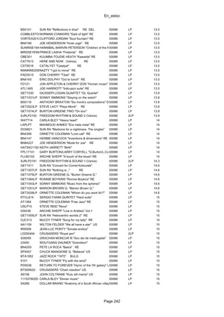 En_estoc
Page 242
BS0101 SUN RA "Reflections in blue" RE DEL 00088 LP 13.5
COBBLESTONE9035NORMAN CONNORS "Dark of light" RE 00088 LP 13.5
VORTEX2010CLIFFORD JORDAN "Soul fountain" RE 00088 LP 13.5
BN4189 JOE HENDERSON "Inner urge" RE 00088 LP 13.5
SUNRISE1944HANNIBAL-MARVIN PETERSON "Children of the fire" RE00088 LP 13.5
BIRDSEYE99001PRINCE LASHA "Firebirds" RE 00088 LP 13.5
OBE301 KUUMBA-TOUDIE HEATH "Kawaida" RE 00088 LP 13.5
CAT7613 HERE AND NOW (Varios) RE 00088 LP 13.5
CST9018 CATALYST "Catalyst" RE 00088 LP 13.5
MANKIND206NAZTY "I got to move" RE 00088 LP 13.5
PAD3515 DON CHERRY "Tibet" RE 00088 LP 13.5
BN4163 ERIC DOLPHY "Out to lunch" RE 00088 LP 13.5
FD121 JON APPLETON & CHERRY DON "Human music" RE00088 LP 13.5
ATL1465 JOE HARRIOTT "Indo-jazz suite" RE 00088 LP 13.5
GET1030 GIUSSEPI LOGAN QUARTET "GL Quartet" 00088 LP 13.8
GET1031LP SONNY SIMMONS "Staying on the watch" 00088 LP 13.8
BS0116 ANTHONY BRAXTON "Six monk's compositions" DEL00088 LP 13.8
GET2023LP STEVE LACY "Plays Monk" RE 00088 LP 13.8
GET1074LP BURTON GREENE TRIO "On tour" 00088 LP 13.8
SJRLP2192 FREEDOM RHYTHM & SOUND 2 (Varios) 00088 2LP 13.9
WATT14 CARLA BLEY "Heavy heart" 00088 LP 14
LAPLP7 MAHMOUD AHMED "Ere mela mela" RE 00088 LP 14
DOX821 SUN RA "Medicine for a nightmare. The singles" 00088 LP 14
BN4356 ORNETTE COLEMAN "Love call" RE 00088 LP 14
BN4147 HERBIE HANCOCK "Inventions & dimensions" RE 00088 LP 14
BN84227 JOE HENDERSON "Mode for Joe" RE 00088 LP 14
HATS421192 KEITH JARRETT "Birth" 00088 LP 14
FPL17101 GARY BURTON/LARRY CORYELL "G.Burton/L.Coryell"00088 LP 14
FLUID102 ARCHIE SHEPP "A touch of the blues" RE 00088 LP 14
SJRLP2191 FREEDOM RHYTHM & SOUND 1 (Varios) 00088 2LP 14.3
GET1011 SUN RA "Concert for Comet Kohoutek" 00088 LP 14.6
GET1007LP SUN RA "Nothing is..." RE 00088 LP 14.6
GET1079LP BURTON GREENE Q. "Burton Greene Q." 00088 LP 14.6
GET1084LP RONNIE BOYKINS "Ronnie Boykins" RE 00088 LP 14.6
GET1043LP SONNY SIMMONS "Music from the spheres" 00088 LP 14.6
GET1051LP MARION BROWN Q. "Marion Brown Q." 00088 LP 14.6
GET2028LP ORNETTE COLEMAN "Whom do you work for?" 00088 LP 14.6
RTCL814 SERGIO FANNI QUINTET "Hard suite" 00088 LP 15
AT1364 ORNETTE COLEMAN "Free Jazz" RE 00088 LP 15
USLP15 STEVE REID "Nova" 00088 LP 15
529338 ARCHIE SHEPP "Live in Antibes" Vol.1 00088 LP 15
GET1005LP SUN RA "Heliocentric worlds 2" RE 00088 LP 15
OJC313 McCOY TYNER "Song for my lady" RE 00088 LP 15
AA1109 WILTON FELDER "We all have a star" US 00088 LP 15
IRI5008 JEAN-LUC PONTY "Sonata erotica" 00088 LP 15
LD250404 CRUSADERS "Royal jam" 00088 2LP 15
S26059 GRACHAN MONCUR III "Aco dei de madrugada" 00088 LP 15
23400 WOLFGANG DAUNER "Grandison" 00088 LP 15
BN4205 PETE LA ROCA "Basra" RE 00088 LP 15
SP4557 CHUCK MANGIONE Q. "Bellavia" US 00088 LP 15
BTA1952 JAZZ ROCK "1975" BULG 00088 LP 15
9101 McCOY TYNER "Fly with the wind" 00088 LP 15
PD5536 RETURN TO FOREVER "Hymn of the 7th galaxy" US00088 LP 15
BTSD6022 CRUSADERS "Chain reaction" US 00088 LP 15
A9106 JOHN COLTRANE "Kulu sΘ mama" US 00088 LP 15
11153780ZD CARLA BLEY "Dinner music" 00088 LP 15
S4266 DOLLAR BRAND "Anatomy of a South African village"00088 LP 15
 