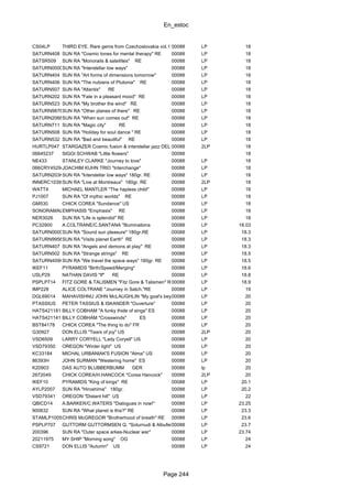 En_estoc
Page 244
CS04LP THIRD EYE. Rare gems from Czechoslovakia vol.1 00088 LP 18
SATURN408 SUN RA "Cosmic tones for mental therapy" RE 00088 LP 18
SATSR509 SUN RA "Monorails & satellites" RE 00088 LP 18
SATURN0000203SUN RA "Interstellar low ways" 00088 LP 18
SATURN404 SUN RA "Art forms of dimensions tomorrow" 00088 LP 18
SATURN406 SUN RA "The nubians of Plutonia" RE 00088 LP 18
SATURN507 SUN RA "Atlantis" RE 00088 LP 18
SATURN202 SUN RA "Fate in a pleasant mood" RE 00088 LP 18
SATURN523 SUN RA "My brother the wind" RE 00088 LP 18
SATURN98766SUN RA "Other planes of there" RE 00088 LP 18
SATURN2066SUN RA "When sun comes out" RE 00088 LP 18
SATURN711 SUN RA "Magic city" RE 00088 LP 18
SATURN508 SUN RA "Holiday for soul dance " RE 00088 LP 18
SATURN532 SUN RA "Bad and beautiful" RE 00088 LP 18
HURTLP047 STARGAZER Cosmic fusion & interstellar jazz DEL 00088 2LP 18
06645237 SIGGI SCHWAB "Little flowers" 00088 18
NE433 STANLEY CLARKE "Journey to love" 00088 LP 18
066CRY45294JOACHIM KUHN TRIO "Interchange" 00088 LP 18
SATURN203HSUN RA "Interstellar low ways" 180gr. RE 00088 LP 18
INNERC1039HSUN RA "Live at Montreaux" 180gr. RE 00088 2LP 18
WATT4 MICHAEL MANTLER "The hapless child" 00088 LP 18
PJ1007 SUN RA "Of mythic worlds" RE 00088 LP 18
GM530 CHICK COREA "Sundance" US 00088 LP 18
SONORAMAL47EMPHASIS "Emphasis" RE 00088 LP 18
NER3026 SUN RA "Life is splendid" RE 00088 LP 18
PC32900 A.COLTRANE/C.SANTANA "Illuminations 00088 LP 18.03
SATURN0000512SUN RA "Sound sun pleasure" 180gr.RE 00088 LP 18.3
SATURN995611SUN RA "Visits planet Earth" RE 00088 LP 18.3
SATURN407 SUN RA "Angels and demons at play" RE 00088 LP 18.3
SATURN502 SUN RA "Strange strings" RE 00088 LP 18.5
SATURN409HSUN RA "We travel the space ways" 180gr. RE 00088 LP 18.5
IKEF11 PYRAMIDS "Birth/Speed/Merging" 00088 LP 18.6
USLP29 NATHAN DAVIS "If" RE 00088 LP 18.8
PSPLP714 FITZ GORE & TALISMEN "Fitz Gore & Talismen" RE00088 LP 18.9
IMP228 ALICE COLTRANE "Journey in Satch."RE 00088 LP 19
DGL69014 MAHAVISHNU JOHN McLAUGHLIN "My goal's beyond"00088 LP 20
PTASSIUS PETER TASSIUS & ISKANDER "Ouverture" 00088 LP 20
HATS421181 BILLY COBHAM "A funky thide of sings" ES 00088 LP 20
HATS421141 BILLY COBHAM "Crosswinds" ES 00088 LP 20
BST84178 CHICK COREA "The thing to do" FR 00088 LP 20
G30927 DON ELLIS "Tears of joy" US 00088 2LP 20
VSD6509 LARRY CORYELL "Lady Coryell" US 00088 LP 20
VSD79350 OREGON "Winter light" US 00088 LP 20
KC33184 MICHAL URBANIAK'S FUSION "Atma" US 00088 LP 20
86393H JOHN SURMAN "Westering home" ES 00088 LP 20
K20903 DAS AUTO BLUBBERBUMM GER 00088 lp 20
2672049 CHICK COREA/H.HANCOCK "Corea Hancock" 00088 2LP 20
IKEF10 PYRAMIDS "King of kings" RE 00088 LP 20.1
AYLP2007 SUN RA "Hiroshima" 180gr. 00088 LP 20.2
VSD79341 OREGON "Distant hill" US 00088 LP 22
QBICD14 A.BARKER/C.WATERS "Dialogues in now!" 00088 LP 23.25
900632 SUN RA "What planet is this?" RE 00088 LP 23.3
STAMLP1005CHRIS McGREGOR "Brotherhood of breath" RE 00088 LP 23.6
PSPLP707 GUTTORM GUTTORMSEN Q. "Soturnudi & Albufeira"00088 LP 23.7
200396 SUN RA "Outer space arkes-Nuclear war" 00088 LP 23.74
20211975 MY SHIP "Morning song" OG 00088 LP 24
CS9721 DON ELLIS "Autumn" US 00088 LP 24
 