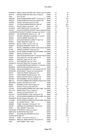 En_estoc
Page 245
BYG529112 MARC LEVIN & HIS FREE UNIT "Dragon suite" FR 00088 LP 24
WATT19 MICHAEL MANTLER "Many have no speech" 00088 LP 24
33331 DOU "De∩do" 00088 LP 24
QBICO04 EVAN PARKER/FRANK PERRY "For the love of.." 00088 12" 24.5
AK200LP CHRIS McGREGOR "Brotherhood Breath" RE 00088 LP 25
1003304 CHARLY ANTOLINI "Knock out" GER 00088 LP 25
PRLP01 T.RYPDAL/B.ANDRESEN/E.RUD "Min bul" 00088 LP 26.8
SP1004 SUN RA "Space is the place" RE 00088 2LP 27.3
ATL50079 CURT CRESS CLAN "Curt Cress clan" 00088 LP 30
ST20167 KLAUS DOLDINGER QUARTET "Blues happening"00088 LP 30
JCOARECORDSCARLA BLEY/P.HAINES "Escalator over the hill" 00088 3LP 30
BST84227 JOE HENDERSON "Mode for Joe" RE 00088 LP 30
SX1010 MICHAEL URBANIAK Constellation "In concert" 00088 LP 30
AS9220 JOHN KLEMMER "Waterfalls" US 00088 LP 30
SD1577 GARY BURTON/KEITH JARRETT "Idem" US 00088 LP 30
PD5055 RANDY WESTON "Tanjah" US 00088 LP 30
BST84307 McCOY TYNER "Time for Tyner" US 00088 LP 30
AS9206 PHAROAH SANDERS "Thembi" US 00088 LP 30
68165 MICHAL URBANIAK'S FUSION "Smiles ahead" GER00088 LP 30
IC1066 URSZULA DUDZIAK "Future talk" US 00088 LP 30
21222845 PETER HERBOLZHEIMER RHYTHM COMB. "Scenes"00088 LP 30
CS9585 DON ELLIS "Electric bath" US 00088 LP 30
SF8015 GARY BURTON/CARLA BLEY "A genuine tong funeral"00088 LP 30
740539 GARY BURTON "Lofty fake anagram" FR 00088 LP 30
MAX45 DEODATO "Super max 20" JAP 00088 LP 30
SX1120 NOVI SINGERS "Five, four, three" 00088 LP 30
3C06497131 ANTHONY BRAXTON "Five pieces 1975" 00088 LP 30
68147 VOLKER KRIEGEL/MILD MANIAC O. "Octember variations" GER00088 LP 35
BDS95001 GARY McFARLAND "Butterscotch rum" 00088 2LP 35
COJY9248 SADAO WATANABE Q.S. "Jazz & bossa" RE JAP 00088 LP 35.9
AVI6025OG DAVID BENOIT "Heavier than yesterday"OG 00088 LP 40
AS9161 JOHN COLTRANE "Selflessness" US 00088 LP 40
HELP10 JOHN SURMAN "Westering home" UK 00088 LP 40
SD1609. RANDY WESTON "African cookbook" US 00088 LP 40
ESP3018 SEA ENSEMBLE "We move together" US 00088 LP 40
MB21751 RHYTHM COMBINATION & BRASS "Waitaminute" US00088 LP 40
MPS15059 CHARLY ANTOLINI "Drum beat" 00088 LP 40
86969I MORNING GLORY "Morning glory" ES 00088 LP 40
IKEF02 SUN RA "The ark and the ankh" PD 00088 LP 42.1
2371836 PETER HERBOLZHEIMER RHYTHM COMB. "Touchdown"00088 LP 50
TPL11116 ENRICO RAVA "Pupa o crisalide" IT 00088 LP 50
63356 DON ELLIS "Shock treatment" US 00088 LP 50
33214311 VOLKER KRIEGEL "Inside: missing link" OG 00088 2LP 60
2371704 PETER HERBOLZHEIMER RHYTHM COMB. "Hip walk" GER00088 LP 60
QUADBTS41 SUN RA "Space is the place" US 00088 LP 75
21219488 PETER HERBOLZHEIMER RHYTHM COMB. "Wide open" US00088 LP 75
3153023 ET CETERA "Knirsch" GER 00088 LP 80
6399292 CAMEL "Chameleon (The best of)" ES 00089 LP 3.01
S26195 ANDREAS VOLLENWEIDER "White Winds" 00089 LP 3.01
TV002 PAUL SERRET "Tapis volant" 00089 LP 3.61
POL281FAX SHADOWFAX "Dreams of children" 00089 LP 3.91
OBIN120001 BLAIR PETRIE "Blair Petrie" 00089 LP 4.51
PR2008 DLUZEWSLI/DLUZEWSKA "KinoIkon" 00089 LP 4.51
KUCKUCK057KITARO "Ki" 00089 LP 4.81
TXS3156 CAMEL "I can see you here from..." 00089 LP 5
SHSM2023 BARCLAY JAMES HARVEST "The best of.2" 00089 LP 5
01051 ANDY NARELL "Slow motion" 00089 5
 