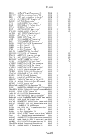 En_estoc
Page 250
CS8434 OLATUNJI "Zungo! Afro percussion" US 00092 LP 25
EDX74517 GUEM "Les percussions africaines" ES 00092 LP 30
EG013 JABIR "Vuelo por las alturas de Alhambra" 00092 LP 40
HLI44114 JOHN LEE HOOKER "Simply the truth" 00093 LP 3.01
BLUH001 HAT TRICK "Blues'n'trouble" 00093 LP 3.61
AP019 DAVE PEABODY "Come and get it" 00093 LP 3.61
S4006 MEMPHIS SLIM "At The Gate Of Horn" 00093 LP 3.61
OR7103 LEADBELLY "The legendary" 00093 3.61
S4007 LIGHTNIN' HOPKINS "Lightnin' strk." 00093 LP 4.81
EPC81653 CHARLIE DANIELS B. "Blues hat" 00093 LP 4.81
LL210558 GARY MOORE "Still got the blues" ES 00093 LP 5
5C209441 JEFF HEALEY B. "See the light" 00093 LP 5
B07002L BESSIE SMITH "Story" NEL 00093 LP 5
L018E TONKY BLUES BAND "Vudu mamma" 00093 LP 5
CL001 TONKY BLUES BAND "Blues corner" 00093 LP 5
8305681 ROBERT CRAY BAND "Strong persuader" 00093 LP 5
6302205 J.J. CALE "Naturally" ES 00093 LP 5
6302207 J.J. CALE "Okie okie" ES 00093 LP 5
27323I J.J. CALE "Troubadour" ES 00093 LP 5
03LO115 PAUL BUTTERFIELD "North South" 00093 LP 6
D30UR0008 PONTY BONE & S. "Easy as pie" 00093 LP 6.01
STS2015 ALBERT KING "King, does the King's" 00093 LP 6.01
TEN1912 GARY MOORE "Shapes Of Things" 00093 LP 6.01
D30UR0007 WALTER T.HIGGS "May I rock you" 00093 LP 7.21
ICH1032 CLARENCE CARTER "Touch of blues" 00093 LP 7.81
LP8302461 ROBERT CRAY BAND "False accusations" 00093 LP 8
FIEND23 ROBERT CRAY BAND "Bad influence" 00093 LP 8
LP2696011 ROBERT CRAY BAND "Who's been talkin'" 00093 LP 8
ABCS713 B.B.KING "Indianola Mississippi seeds" 00093 LP 8
FIEND58 GEORGE THOROGOOD "Move it on over" 00093 LP 9
ATLANTIC7 FORMIDABLE RHYTHM & BLUES Vol.7 00093 9
B148014 BENNIE WALLACE "Bordertown" 00093 LP 9.02
SC2164 B.MARVIN/THUNDERB."Alias T.Dactyl" 00093 LP 10
CBS30767 TAJ MAHAL "Happy just to be like I am" RE 00093 LP 10
INT147114 GEORGE THOROGOOD "More G.Thorogood" 00093 LP 10
MCA5307 B.B.KING "Love me tender" 00093 LP 10
BEARSVILLE PAUL BUTTERFIELD "Better days" RE 00093 LP 10
515041 BLUES FROM BIG BILL'S COPA CAPANA (Varios)00093 LP 10
ROUNDER3013GEORGE THOROGOOD "George Thorogood & Destroyers"00093 LP 10
BN26503 EDGAR WINTER "Entrance" US 00093 LP 10
HUS06195 JOHNNY RIVERS "Blue suede shoes" 00093 LP 10
30101148 LIGHTNIN' HOPKINS "Lightnin' strkikes back" 00093 LP 10
EMB31029 A.KOOPER/M.BLOOMFIELD/S.STILLS "Super session"00093 LP 10
MK313LP BLIND BLAKE "Bak biting bee blues" 00093 LP 11.5
MKLP323 BEALE STREET SHEIKS "Chicken you can roost ..."00093 LP 11.5
MK327LP MISSISSIPPI JOHN HURT "Blessed be the name" 00093 LP 11.7
150557 3 SHADES OF THE BLUES (Varios) 00093 LP 12
6413032 ROB HOEKE B.W.T. "10 years from count-down" 00093 LP 12
6302209 J.J. CALE "5" ES 00093 LP 12
8186331 J.J. CALE "Special edition" ES 00093 LP 12
KE31584 EDGAR WINTER "They only come out at night" US 00093 LP 12
7004N JO & FRANCIS "Baladas, espirituales y blues" 00093 LP 12
MK308LP CHARLEY PATTON "Electrically recorded: Jesus is a dying-bed maker"00093 LP 12
MK310LP BLIND WILLIE JOHNSON "If I had my day I'd tear..."00093 LP 12
LN10294 JOHNNY WINTER "Progressive blues exp." RE 00093 LP 12
ROUNDER3024GEORGE THOROGOOD "Move it on over" 00093 LP 12
PE34150 CHARLIE DANIELS B. "Saddle tramp" US 00093 LP 12
 