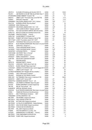 En_estoc
Page 255
JRLP013 DJ DUBCUTS Dubbing with the dj's 1970-75 00094 LP 16.25
PSLP61 JIM RADWAY & FE ME TIME ALLSTARS "Dub 1" 00094 LP 16.6
STUDIOONE0015LENNIE HIBBERT "Creation" RE 00094 LP 17
8465741 JIMMY CLIFF "The harder they come"OST RE 00094 LP 17.4
2436501 SPECIALS "Specials" RE 00094 LP 17.6
5046696831 SKA DOWN JAMAICA WAY Vol.5 (Varios) 00094 2LP 17.7
SOLP150 BURNING SPEAR "Burning Spear" 00094 LP 18
12WIP6520 DAN-I "Monkey chop" 00094 12" 18
5046654771 SKA DOWN JAMAICA WAY Vol.1 V/A 00094 2LP 18
TSI2021 JOEY LEWIS & ORCH. "Calypso carnival" 00094 LP 18
ATLP109 PUT ON YOUR BEST DRESS 1967-68 (Varios) 00094 LP 18
SJRLP172 BOX OF A DUB Vol.2 Dubstep & future dub 00094 3LP 18
SOLP0666 PIRATES CHOICE (Varios) 00094 LP 18.3
SJRLP104 SUGAR MINOTT "At Studio One" 00094 2LP 18.8
BAF18007 ROBERT MITCHUM "Calypso is like so" RE 00094 LP 19.2
SSY1719LP U-ROY "Foundation skank 1971-1975" 00094 LP 19.4
ONLDP15 TACKHEAD "Mind at the end of the tether" 00094 20
SEE318 BLUE RIVERS & MAROONS "Blue beat in my soul" RE00094 LP 20
TRLS55 JOHN HOLT "Sings for I" 00094 LP 20
TRLS104 THIS IS REGGAE MUSIC (Varios) 00094 LP 20
300180XD THIS IS REGGAE MUSIC (Varios) 00094 2LP 20
SOCKIT001 LATIN SKA FIESTA (Varios) 00094 LP 20
FASTLP006 LEE PERRY "Born in the sky" 00094 2LP 20
TJZDV002 LEE PERRY "Jamaica e.t." 00094 2LP 20
ROXS2LP SIMPLY ROCKERS II (Varios) 00094 2LP 20
CHR1306 SELECTER "Celebrate the bullet" 00094 LP 20
782 FEELING GOOD 00094 LP 20
MFP5176 REGGAE PARTY (Varios) 00094 LP 20
TRLS143 JOHN HOLT "3000 volts of Holt" UK 00094 LP 22
ILPS9415 BUNNY WAILER "Black heart man" 00094 LP 25
LITA019LP JAMAICA TO TORONTO Soul, funk & reggae 67-7400094 2LP 25.7
VR3312 JIMMY CLIFF "Images" US 00094 LP 30
ULTRALP102SMOKEY 007 "Reggae with the versatile.." 00094 LP 30
FLX4004 I-ROY "With words of wisdom" 00094 LP 30
SOL9007 REGGAE IN THE GRASS (Varios) 00094 LP 30
WIRL1027 HILTONAIRES "Ska-motion in ska-lip-so" OG 00094 36.06
849307UY JIMMY CLIFF "Jimmy Cliff" 00094 LP 40
MONOTTL4 DESMOND DEKKER "This is" UK 00094 LP 50
PERRY2 LEE PERRY & FRIENDS "Open the gate" 00094 2LP 60
DY3330 BORIS GARDINER "Is what's happening" 00094 LP 60
TBL108 MILLIE "Time will tell" UK 00094 LP 60
ALBUM278 SPECIAL REGGAE (Varios) 00094 2LP 60
SCX6192 BLUE RIVERS & MAROONS "Blue beat in my soul" OG00094 LP 100
ZV584 TEMAS DE PELICULA Orq.Romanticos 00095 LP 2.4
LM2212 SEE IT NOW Marian Anderson OST 00095 LP 2.4
7599269891 LETHAL WEAPON 3 Ost 00095 LP 2.5
BELTER1 OKLAHOMA! Original soundtrack 00095 LP 2.5
BELTER15 HOLLYWOOD STORY Ost 00095 LP 2.5
BELTER6 MY FAIR LADY Original soundtrack 00095 LP 2.5
BELTER26 LA CALLE 42,VAMPIRESAS... Busby Berkeley 00095 LP 2.5
BELTER11 GOLFUS DE ROMA Origianl soundtrack 00095 LP 2.5
BELTER20 I COULD GO ON SINGING Ost 00095 LP 2.5
BELTER7 PAL JOEY Original soundtrack 00095 LP 2.5
PY9006 THE TEA DANCE D.C.La Rue Ost 00095 LP 2.5
SJ73204 DANGEROUSLY CLOSE BSO (Varios) 00095 LP 2.7
BELTER31 TOM JONES/IRMA LA DOUCE Ost 00095 LP 3
BELTER25 FUNNY GIRL Original soundtrack 00095 LP 3
 
