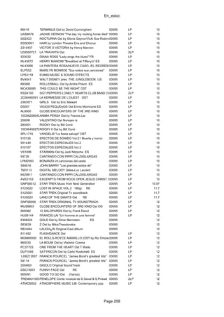 En_estoc
Page 258
66416 TERMINUS Ost by David Cunningham 00095 LP 10
UAS6679 JACKIE VERNON "The day my rocking horse died" US00095 LP 10
I202423 NOCTURNA Ost by Gloria Gaynor/Vicki Sue Robinson ES00095 LP 10
DGS3001 HAIR by London Theatre Ens.and Chorus 00095 LP 10
2315437 VICTOR O VICTORIA by Henry Mancini 00095 LP 10
LD2500721 LA TRAVIATA Ost 00095 2LP 10
523032 DIANA ROSS "Lady sings the blues" FR 00095 LP 10
NL43672 HENRY MANCINI "Breakfast at Tiffany's" ES 00095 LP 10
NL43066 LA PANTERA ROSA/NUEVO CASO../EL REGRESO..Ost by Mancini00095 LP 10
ELP552 MARILYN MONROE "Sus exitos sus canciones" 00095 LP 10
LPS3119 EUMIG MUSIC & SOUND EFFECTS 00095 LP 10
BV4041 WALT DISNEY pres. THE JUNGLEBOOK US 00095 LP 10
89389I ROLLERBALL Ost by Andre Previn ES 00095 LP 10
MCA39085 THIS COULD BE THE NIGHT OST 00095 LP 10
RS24100 SGT.PEPPER'S LONELY HEARTS CLUB BAND (Varios)00095 2LP 10
2C06490591 LA KERMESSE DE L'OUEST OST 00095 LP 10
2383571 GIRLS Ost by Eric Stewart 00095 LP 10
D5007 VICIOS PEQUE╤OS Ost Ennio Morricone ES 00095 LP 10
AL9500 CLOSE ENCOUNTERS OF THE 3RD KIND 00095 LP 10
10C062060400ANIMA PERSA Ost by Francis Lai 00095 LP 10
25609I VALENTINO Ost Nureyev is 00095 LP 10
283001 ROCKY Ost by Bill Conti 00095 LP 10
10C064082720ROCKY II Ost by Bill Conti 00095 LP 10
SPL1715 VANGELIS "La fiesta salvaje" OST 00095 LP 10
510125 EFECTOS DE SONIDO Vol.21 Muerte y horror 00095 LP 10
501449 EFECTOS ESPECIALES Vol.2 00095 LP 10
510107 EFECTOS ESPECIALES Vol.3 00095 LP 10
VS1006 STARMAN Ost by Jack Nitzsche ES 00095 LP 10
54726 CANTANDO CON PIPPI CALZASLARGAS 00095 LP 10
LPM2583 BONANZA int.canciones del oeste 00095 LP 10
S64816 JOHN BARRY "Los grandes exitos de" 00095 LP 10
TM3113 DIGITAL MELODY Gilles-Luc Laurent 00095 LP 10
6429811 CANTANDO CON PIPPI CALZASLARGAS 00095 LP 10
AVE0103 EXCERPTS FROM ROCK OPER JESUS CHRIST SUPERSTAR00095 LP 10
GNPS8012 STAR TREK Music from Next Generation 00095 LP 10.97
S125022 LOST IN SPACE VOL.2 180gr. RE 00095 LP 11.7
S125001 STAR TREK Original Tv soundtrack 00095 LP 11.7
S125023 LAND OF THE GIANTS Ost RE 00095 LP 11.7
GNPS8006 STAR TREK ORIGINAL TV SOUNDTRACK 00095 LP 12
MUS8803 CLOSE ENCOUNTERS OF 3RD KIND Ost OG 00095 LP 12
665082 12 SALOPARDS Ost by Frank Devol 00095 LP 12
HU06144 FRANCIS LAI "Un homme et une femme" 00095 LP 12
6308224 GOLD Ost by Elmer Bernstein ES 00095 12
S63639 Z Ost by MikisTheodorakis 00095 12
REH494 LAUGH╖IN Original Cast Album 00095 12
811492 FLASHDANCE Ost 00095 LP 12
MGM65500 EL ROLLS-ROYCE AMARILLO (OST by Riz Ortolani) ES00095 LP 12
960030 LA BOUM Ost by Vladimir Cosma 00095 LP 12
PC37703 ONE FROM THE HEART Ost T.Waits 00095 LP 12
DLP1049 SATYRICON Ost by Carlo Rustichelli ES 00095 LP 12
1J06212657 FRANCK POURCEL "James Bond's greatest hits" 00095 LP 12
54114 FRANCK POURCEL "James Bond's greatest hits" 00095 LP 12
200462I GIGOLO Original SoundTrack 00095 LP 12
DSC15001 FUNNY FACE Ost RE 00095 LP 12
905091 GOOD TO GO Ost (Varios) 00095 LP 12
TREMA31005152PENELOPE Conte musical de D.Saval & S.Prisset 00095 2LP 12
ATMOS002 ATMOSPHERE MUSIC LIB. Contemporary pop 00095 LP 12
 