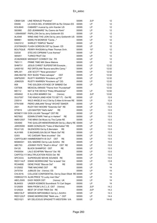 En_estoc
Page 260
CBS81326 LINE RENAUD "Parisline" 00095 2LP 12
D5006 LA CHICA DEL ATARDECER de Riz Ortolani ES 00095 LP 12
KOL6640 CABARET musical by John Kander US 00095 LP 12
S63980 ZIZI JEANMAIRE "Au Casino de Paris" 00095 LP 12
1J06495087 PAPILLON Ost by Jerry Goldsmith ES 00095 LP 12
AL4048 WIND AND THE LION Ost by Jerry Goldsmith US 00095 LP 12
888861 MARILYN MONROE "Canta..." 00095 LP 12
CAS1012 SHIRLEY TEMPLE "Bambi" 00095 LP 12
2C07064203 FLASH GORDON OST by Queen ES 00095 LP 12
BOUTIQUE PERRY RHODAN by Peter Thomas Orch. 00095 10" 12
D2035 STELVIO CIPRIANI "Love themes" 00095 LP 12
S65451 TURKS FRUIT Ost 00095 LP 12
2C06290639 MIDNIGHT COWBOY Ost FR 00095 LP 12
TM3111 PRIME TIME MIX Steve Malone 00095 LP 12
SHM731 JESUS CHRIST SUPERSTAR Excerpts... 00095 LP 12.02
UAS5192 RIZ ORTOLANI "Buona sera,Mrs Camp." 00095 LP 12.02
MRL301 JOE SCOTT "Now generation" 00095 LP 12.02
AMLH64730 ROY BUDD "Patos salvajes" OST 00095 LP 12.02
GNPS2081 RUSTY WARREN "Knockers up!'76" 00095 LP 12.02
JGM2029 RUSTY WARREN "Knockers up!" OG 00095 LP 12.02
808 THE GOLDEN VOYAGE OF SINBAD Ost 00095 LP 12.02
CST506 MEXICALI BRASS "Theme from Thunderball" 00095 12.02
MD112 NAT & THE DEVILS "Petey Wheatstraw" 00095 LP 12.62
4954842 E ALLORA MAMBO! Ost (Varios) 00095 2LP 12.62
SVLP357 THE KNACK (AND HOW TO GET IT) Ost RE 00095 LP 12.8
230014 WILD ANGELS Vol.2 Ost by D.Allan & Arrows RE 00095 LP 12.8
STN1008 PIERO UMILIANI "Smog" W/CHET BAKER 00095 LP 13.22
2501 RUDY RAY MOORE "Dolemite Ost" RE 00095 LP 13.5
ST5919 LES BAXTER "Hell's bells" RE 00095 LP 13.5
MONEY1109 DON JULIAN "Savage!" OST RE 00095 LP 13.5
MOT802 EDWIN STARR "Hell up in Harlem" RE 00095 LP 13.5
AMS12007 THE MINX Ost Music by The Cyrkle RE 00095 LP 13.5
OS3060 THE QUILLER MEMORANDUM Ost by J.Barry RE 00095 LP 13.5
JARO5000 BABS GONZALES "Tales of Manhattan" RE 00095 LP 13.5
RCA1120 SILENCERS Ost by E.Bernstein RE 00095 LP 13.5
ALA1995 E.McDANIELS/A.SILVA "Mack Ost" RE 00095 LP 13.5
G303 VIC CAESAR "Bare knuckles" Ost 00095 LP 13.5
CAPITOL861 HAMMERSMITH IS OUT OST RE 00095 LP 13.5
MGM4541 SOL MADRID Ost by Lalo Schifrin RE 00095 LP 13.5
ABC793 JOHNNY PATE "Shaft in Africa" OST RE 00095 LP 13.5
D4120 BLACK SHAMPOO OST RE 00095 LP 13.5
PAS5004 LALO SCHIFRIN "Mannix" Ost RE 00095 LP 13.5
CAPITOL11174MULTIPLICATION ROCK Ost RE 00095 LP 13.5
SPC3333. SUPERDUDE MOVIE SOUNDS RE 00095 LP 13.5
RED114LP ENNIO MORRICONE "Giu' la testa" Ost 00095 LP 13.8
RCA4806 GENE PAGE "Blacula Ost" RE 00095 LP 14
S125002 TIME MACHINE OST RE 00095 LP 14
2475704 JUBILEE Ost (Varios) ES 00095 LP 14
CHL5016. COLLEGE CONFIDENTIAL Ost by Dean Elliott RE 00095 LP 14
HWBS32174 ALAN PRICE "O Lucky man! Bso" 00095 LP 14
ABCL5005 EASY RIDER OST (Varios) UK 00095 LP 14
BL84003 UNSER KOSMOS Soundtrack TV Carl Sagan 00095 LP 14
S125005 MAN FROM U.N.C.L.E. OST (Varios) 00095 2LP 14.2
S125024 BEST OF STAR TREK Ost RE 00095 2LP 14.2
MIE010LP MISSION IMPOSSIBLE Ost by L.Schifrin 00095 LP 14.3
RED122LP ENNIO MORRICONE "Metti una..." OST 00095 LP 14.4
RED1021 MY DELICIOUS SPAGHETTI WESTERN V/A 00095 LP 14.42
 