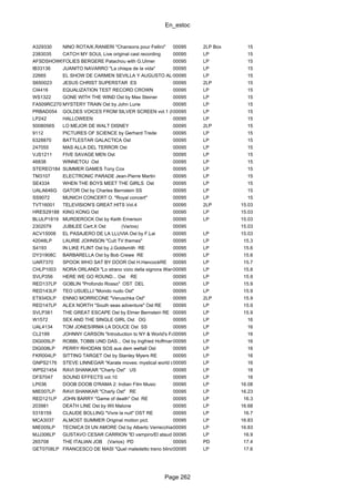 En_estoc
Page 262
A329330 NINO ROTA/K.RANIERI "Chansons pour Fellini" 00095 2LP Box 15
2383035 CATCH MY SOUL Live original cast recording 00095 LP 15
AFSDSHOW6135FOLIES BERGERE Patachou with G.Ulmer 00095 LP 15
IB33136 JUANITO NAVARRO "La chispa de la vida" 00095 LP 15
22665 EL SHOW DE CARMEN SEVILLA Y AUGUSTO ALGUERO00095 LP 15
S650023 JESUS CHRIST SUPERSTAR ES 00095 2LP 15
CI4416 EQUALIZATION TEST RECORD CROWN 00095 LP 15
WS1322 GONE WITH THE WIND Ost by Max Steiner 00095 LP 15
FA509RC270 MYSTERY TRAIN Ost by John Lurie 00095 LP 15
PRBAD054 GOLDES VOICES FROM SILVER SCREEN vol.1 (Indian films)00095 LP 15
LP242 HALLOWEEN 00095 LP 15
5008056S LO MEJOR DE WALT DISNEY 00095 2LP 15
9112 PICTURES OF SCIENCE by Gerhard Trede 00095 LP 15
6328870 BATTLESTAR GALACTICA Ost 00095 LP 15
247055 MAS ALLA DEL TERROR Ost 00095 LP 15
VJS1211 FIVE SAVAGE MEN Ost 00095 LP 15
46838 WINNETOU Ost 00095 LP 15
STEREO184 SUMMER GAMES Tony Cox 00095 LP 15
TM3107 ELECTRONIC PARADE Jean-Pierre Martin 00095 LP 15
SE4334 WHEN THE BOYS MEET THE GIRLS Ost 00095 LP 15
UALA646G GATOR Ost by Charles Bernstein SS 00095 LP 15
SS9072 MUNICH CONCERT O. "Royal concert" 00095 LP 15
TVT16001 TELEVISION'S GREAT.HITS Vol.4 00095 2LP 15.03
HRES29188 KING KONG Ost 00095 LP 15.03
BLULP1819 MURDEROCK Ost by Keith Emerson 00095 LP 15.03
2302079 JUBILEE Cert.X Ost (Varios) 00095 15.03
ACV15008 EL PASAJERO DE LA LLUVIA Ost by F.Lai 00095 LP 15.03
42048LP LAURIE JOHNSON "Cult TV themes" 00095 LP 15.3
S4193 IN LIKE FLINT Ost by J.Goldsmith RE 00095 LP 15.6
DY31908C BARBARELLA Ost by Bob Crewe RE 00095 LP 15.6
UAR7370 SPOOK WHO SAT BY DOOR Ost H.HancockRE 00095 LP 15.7
CHLP1003 NORA ORLANDI "Lo strano vizio della signora Wardh"00095 LP 15.8
SVLP356 HERE WE GO ROUND... Ost RE 00095 LP 15.9
RED137LP GOBLIN "Profondo Rosso" OST DEL 00095 LP 15.9
RED143LP TEO USUELLI "Mondo nudo Ost" 00095 LP 15.9
ET934DLP ENNIO MORRICONE "Veruschka Ost" 00095 2LP 15.9
RED147LP ALEX NORTH "South seas adventure" Ost RE 00095 LP 15.9
SVLP361 THE GREAT ESCAPE Ost by Elmer Bernstein RE 00095 LP 15.9
W1572 SEX AND THE SINGLE GIRL Ost OG 00095 LP 16
UAL4134 TOM JONES/IRMA LA DOUCE Ost SS 00095 LP 16
CL2199 JOHNNY CARSON "Introduction to NY & World's Fair"00095 LP 16
DIG005LP ROBBI, TOBBI UND DAS... Ost by Ingfried Hoffmann00095 LP 16
DIG008LP PERRY RHODAN SOS aus dem weltall Ost 00095 LP 16
FKR004LP SITTING TARGET Ost by Stanley Myers RE 00095 LP 16
GNPS2176 STEVE LINNEGAR "Karate moves: mystical world of karate"00095 LP 16
WPS21454 RAVI SHANKAR "Charly Ost" US 00095 LP 16
DFS7047 SOUND EFFECTS vol.10 00095 LP 16
LP036 DOOB DOOB O'RAMA 2: Indian Film Music 00095 LP 16.08
MIE007LP RAVI SHANKAR "Charly Ost" RE 00095 LP 16.23
RED121LP JOHN BARRY "Game of death" Ost RE 00095 LP 16.3
203981 DEATH LINE Ost by Wil Malone 00095 LP 16.68
5318159 CLAUDE BOLLING "Vivre la nuit" OST RE 00095 LP 16.7
MCA3037 ALMOST SUMMER Original motion pict. 00095 LP 16.83
MIE005LP TECNICA DI UN AMORE Ost by Alberto Verrecchia00095 LP 16.83
MJJ306LP GUSTAVO CESAR CARRION "El vampiro/El ataud del..."00095 LP 16.9
265708 THE ITALIAN JOB (Varios) PD 00095 PD 17.4
GET0708LP FRANCESCO DE MASI "Quel maledetto treno blindato"00095 LP 17.6
 