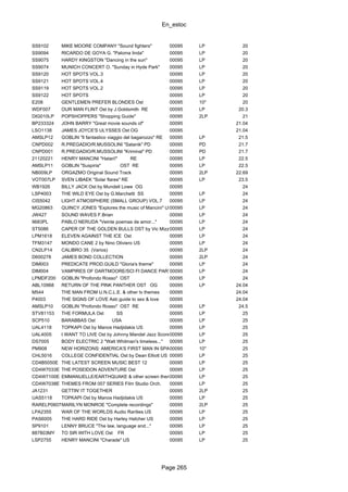 En_estoc
Page 265
SS9102 MIKE MOORE COMPANY "Sound fighters" 00095 LP 20
SS9094 RICARDO DE GOYA G. "Paloma linda" 00095 LP 20
SS9075 HARDY KINGSTON "Dancing in the sun" 00095 LP 20
SS9074 MUNICH CONCERT O. "Sunday in Hyde Park" 00095 LP 20
SS9120 HOT SPOTS VOL.3 00095 LP 20
SS9121 HOT SPOTS VOL.4 00095 LP 20
SS9119 HOT SPOTS VOL.2 00095 LP 20
SS9122 HOT SPOTS 00095 LP 20
E208 GENTLEMEN PREFER BLONDES Ost 00095 10" 20
WDF007 OUR MAN FLINT Ost by J.Goldsmith RE 00095 LP 20.3
DIG010LP POPSHOPPERS "Shopping Guide" 00095 2LP 21
BP233324 JOHN BARRY "Great movie sounds of" 00095 21.04
LSO1138 JAMES JOYCE'S ULYSSES Ost OG 00095 21.04
AMSLP12 GOBLIN "Il fantastico viaggio del bagarozzo" RE 00095 LP 21.5
CNPD002 R.PREGADIO/R.MUSSOLINI "Satanik" PD 00095 PD 21.7
CNPD001 R.PREGADIO/R.MUSSOLINI "Kriminal" PD 00095 PD 21.7
21120221 HENRY MANCINI "Hatari!" RE 00095 LP 22.5
AMSLP11 GOBLIN "Suspiria" OST RE 00095 LP 22.5
NB009LP ORGAZMO Original Sound Track 00095 2LP 22.69
VOT007LP SVEN LIBAEK "Solar flares" RE 00095 LP 23.5
WB1926 BILLY JACK Ost by Mundell Lowe OG 00095 24
LSP4003 THE WILD EYE Ost by G.Marchetti SS 00095 LP 24
CIS5042 LIGHT ATMOSPHERE (SMALL GROUP) VOL.7 00095 LP 24
MG20863 QUINCY JONES "Explores the music of Mancini" USA00095 LP 24
JW427 SOUND WAVES F.Brian 00095 LP 24
9683PL PABLO NERUDA "Veinte poemas de amor..." 00095 LP 24
ST5086 CAPER OF THE GOLDEN BULLS OST by Vic Mizzy00095 LP 24
LPM1618 ELEVEN AGAINST THE ICE Ost 00095 LP 24
TFM3147 MONDO CANE 2 by Nino Oliviero US 00095 LP 24
CN2LP14 CALIBRO 35 (Varios) 00095 2LP 24
D600278 JAMES BOND COLLECTION 00095 2LP 24
DIM003 PREDICATE PROD.GUILD "Gloria's theme" 00095 LP 24
DIM004 VAMPIRES OF DARTMOORE/SCI FI DANCE PARTY00095 LP 24
LPMDF200 GOBLIN "Profondo Rosso" OST 00095 LP 24
ABL10968 RETURN OF THE PINK PANTHER OST OG 00095 LP 24.04
M544 THE MAN FROM U.N.C.L.E. & other tv themes 00095 24.04
P4003 THE SIGNS OF LOVE Astr.guide to sex & love 00095 24.04
AMSLP10 GOBLIN "Profondo Rosso" OST RE 00095 LP 24.5
STV81153 THE FORMULA Ost SS 00095 LP 25
SCP510 BARABBAS Ost USA 00095 LP 25
UAL4118 TOPKAPI Ost by Manos Hadjidakis US 00095 LP 25
UAL4005 I WANT TO LIVE Ost by Johnny Mandel Jazz Score USA00095 LP 25
DS7005 BODY ELECTRIC 2 "Walt Whitman's timeless..." 00095 LP 25
PM908 NEW HORIZONS: AMERICA'S FIRST MAN IN SPACE00095 10" 25
CHL5016 COLLEGE CONFIDENTIAL Ost by Dean Elliott US 00095 LP 25
CD4B5050E THE LATEST SCREEN MUSIC BEST 12 00095 LP 25
CD4W7033E THE POSEIDON ADVENTURE Ost 00095 LP 25
CD4W7100E EMMANUELLE/EARTHQUAKE & other screen themes00095 LP 25
CD4W7038E THEMES FROM 007 SERIES Film Studio Orch. 00095 LP 25
JA1231 GETTIN' IT TOGETHER 00095 2LP 25
UAS5118 TOPKAPI Ost by Manos Hadjidakis US 00095 LP 25
RARELP0607MARILYN MONROE "Complete recordings" 00095 2LP 25
LPA2355 WAR OF THE WORLDS Audio Rarities US 00095 LP 25
PAS6005 THE HARD RIDE Ost by Harley Hatcher US 00095 LP 25
SP9101 LENNY BRUCE "The law, language and..." 00095 LP 25
887803MY TO SIR WITH LOVE Ost FR 00095 LP 25
LSP2755 HENRY MANCINI "Charade" US 00095 LP 25
 