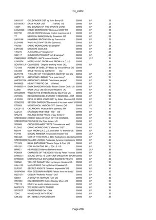 En_estoc
Page 266
UAS5117 GOLDFINGER OST by John Barry US 00095 LP 25
DSX50063 EASY RIDER OST (Varios) US 00095 LP 25
T2004 BIG SOUNDS OF THE SPORTS CARS! 00095 LP 25
LDA20346 ENNIO MORRICONE "Holocaust 2000" FR 00095 LP 25
DD7781 DRUM DROPS Ultimate rhythm machine vol.5 00095 LP 25
TP NERO SU BIANCO Ost by Frreedom RE 00095 LP 25
UAS5196 HANNIBAL BROOKS Ost by Francis Lai 00095 LP 25
DL74699 WILD WILD WINTER Ost (Various) 00095 LP 25
440758 ENNIO MORRICONE "Le serpent" 00095 LP 25
LSP4420 GROOVIE GOOLIES 00095 LP 25
TA3278 ZUCCARELLI "Holophonic" 00095 LP 25
SS9117 SUNDOWN PROJECT "Art & baroque" 00095 LP 25
CAM500001 ROTA/FELLINI "Il bidone/Juliette.." 00095 2LP 30
LPM3574 MORE MUSIC FROM MAN FROM U.N.C.L.E. 00095 30
SOUP001LP CLANGERS - Original working music DEL 00095 LP 30
TC1059 POEMS OF SHELLEY Read by Vincent Price OG 00095 30
OS3360 STILETTO Ost by Sid Ramin OG 00095 30
DLP3714 THE LAST OF THE SECRET AGENTS? Ost OG 00095 LP 30
AMPS110 AMPHONIC LIBRARY "In a quiet mood" 00095 LP 30
AMPSLP104 AMPHONIC LIBRARY "Mortimers people" 00095 LP 30
M40060S HEAVY TRAFFIC Ost (Varios) 00095 LP 30
PHS600314 DARK SHADOWS Ost by Robert Cobert Orch. US 00095 LP 30
CL958 BABY DOLL Ost by Kenyon Hopkins OG 00095 LP 30
SKAO5699 WILD IN THE STREETS Ost by Max Frost US 00095 LP 30
2371035 RECUERDOS DEL FUTURO Y REGRESO...OST 00095 LP 30
JLS3059 DEVIL IN MISS JONES OST by Alden Shuman US 00095 LP 30
OCM2202 SEVERN DARDEN "The sound of my own voice" US00095 LP 30
DT5083 MONDO HOLLYWOOD OST (Varios) OG 00095 LP 30
CID25115 OKLAHOMA! Musica de la opereta y film 00095 10" 30
CL2123 EASTSIDE WESTSIDE OST US 00095 LP 30
SPA213 ROLAND SHAW "World of spy thrillers" 00095 LP 30
STEREO4001ORSON WELLES' WAR OF THE WORLDS 00095 LP 30
STEREO73005PRIVILEGE Ost Paul Jones US 00095 LP 30
SS9068 ORCH.GERHARD TREDE "Unbekannte welt" 00095 LP 30
FLD592 ENNIO MORRICONE "L'attentato" OST 00095 LP 30
MS544 MAN FROM U.N.C.L.E. and other TV themes US 00095 LP 30
FOY86 SOCIAL AMNESIA "Impossible theater" SS 00095 2LP 30
REC225 OUT OF THIS WORLD BBC Radiophonic Workshop00095 LP 30
STEREO9098CLAUDE LARSON "Materials dynamic meditations vol.2"00095 LP 30
TC1028 BASIL RATHBONE "Reads Edgar A.Poe" US 00095 LP 30
WB1201 FOR WHOM THE BELL TOLLS US 00095 LP 30
BRMC1 HEARSEEDO Hanna-Barbera record 00095 2LP 30
PD6504 CHARIOTS OF THE GODS? Ost by Peter Thomas SS00095 LP 30
DFM3031 SOUND EFFECTS DAYTONA SPEEDWAY SPORTS CARS00095 LP 30
DFM3035 MOTORCYCLE SCRAMBLE SOUND EFFECTS 00095 LP 30
V68548 YELLOW CANARY Ost by Kenyon Hopkins US 00095 LP 30
UAL4153 MARAT/SADE Ost by Richard Peaslee US 00095 LP 30
DLP287 SECRET AGENTS "Mission: impossible" US 00095 LP 30
SHSP4008 RON GEESIN/R.WATERS "Music from the body" 00095 LP 30
RED1371 GOBLIN "Profondo Rosso" OST 00095 LP 30
OS801 A STUDY IN TERROR Ost US 00095 LP 30
WB1663 KALEIDOSCOPE Ost by Stanley Myers US 00095 LP 30
TTR115 ERA IV an audio obstacle course 00095 LP 30
MUPS375 WE WERE HAPPY THERE! 00095 LP 30
SP70027 ERASERHEAD Ost CAN 00095 LP 30
TEAC HOME MADE WITH TEAC 00095 LP 30
CML002 BATTERIE E PERCUSSIONI 00095 LP 30
 