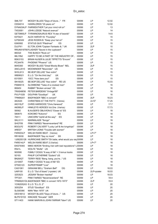 En_estoc
Page 274
SML707 MOODY BLUES "Days of future..." FR 00099 LP 12.02
CDS4014 HAWKLORDS "25 years on" 00099 LP 12.02
DYNA034LP FAIRWEATHER "Let your mind roll on" 00099 LP 13
TXS3061 JOHN LODGE "Natural avenue" 00099 LP 14
GET0660LP TYRANNOSAURUS REX "A star of beards" 00099 LP 14.6
6370421 ALEX HARVEY B. "Fourplay" 00099 LP 15
ILPS9349 JESS RODEN B. "Keep your hat on" 00099 LP 15
6360082 STATUS QUO "Piledriver" ES 00099 LP 15
DJLPX1 ELTON JOHN "Captain Fantastic &.." UK 00099 2LP 15
RRUK8197900FLASHER "Secret in the cupboard" 00099 LP 15
86032I THE BUNCH "Rock on" 00099 LP 15
IMLYIN2 HAPPY TO BE A PART OF THE INDUSTRY OF.. 00099 LP 15
BSK3153 BRIAN AUGER & JULIE TIPPETTS "Encore" 00099 LP 15
PC34476 PHOENIX "Phoenix" US 00099 LP 15
6645300 MOODY BLUES "Great Moody Blues" NEL 00099 2LP 15
ANCL2010 MOONRIDER "Moonrider" US 00099 LP 15
SHVL813 BE-BOP DELUXE "Axe victim" 00099 LP 15
WB56021 E.L.O. "On the third day" UK 00099 LP 15
6310501 10CC "How dare you!" ES 00099 LP 15
SN16025 BE-BOP DELUXE "Axe victim" RE US 00099 LP 15.03
PAM001X SLOWBONE "Tales of a crooked man" 00099 LP 16
86945I RABBIT "Broken arrows" ES 00099 LP 16
TRASAM36 PETER BARDENS "Vintage'69" 00099 LP 16
PVLP1028 DOLPHIN "Goodbye" UK 00099 LP 16
TPM99201 BADFINGER "BBC in concert" 00099 2LP 16.23
AK2020 CHRISTMAS AT THE PATTI (Varios) 00099 2x10" 17.25
AK310LP CHRIS HARWOOD "Chris Harwood" 00099 LP 17.7
AK080LP HINKLEYS HEROES Vol.One (Varios) 00099 LP 17.73
S6562 B.AUGER'S OBLIVION E."Closer to" ES 00099 LP 18
S80670 KOKOMO "Kokomo" ES 00099 LP 18
70011 UNICORN "Uphill all the way" ES 00099 LP 18
SKL5111 MARMALADE "Songs" 00099 LP 18
SHOT09 PINK FAIRIES "Neverneverland" RE 00099 LP 18
BGOLP2 ROBERT CALVERT "Lucky Leif & the longships" 00099 LP 18
ARED7 BRITISH LIONS "Trouble with women" 00099 LP 18
FKR003LP WELSH RARE BEAT (Varios) 00099 LP+7" 18
RR16030 BADFINGER "Say no more" SS 00099 LP 18
1J06205128 HURRICANE SMITH "Oh babe, what would you say" ES00099 LP 18
FKR014LP WELSH RARE BEAT 2 (Varios) 00099 LP+7" 18
EKS74093 MIKE HERON "Smiling men with bad reputations" US00099 LP 18
R541L WOLFE "Wolfe" US 00099 LP 18
900595 FAMILY DOGG "A way of life" + 3 bonus tracks 00099 LP 18
50193 PHILIP CATHERINE "Guitars" US 00099 LP 18
BN26427 TERRY REID "Bang, bang, you're..." US 00099 LP 18
2310007 FAMILY DOGG "A way of life" ES 00099 LP 18
ST500123 SUPERTRAMP "Live" 00099 LP 18
CAS1061 GRAHAM BELL "Graham Bell" OG 00099 LP 18.03
UAR100 E.L.O. "Out of blues" (+poster) UK 00099 2LP+poster 18.03
3253523 JIGSAW "Broken hearted" 00099 LP 18.03
TPT201 PINK FAIRIES "Neverneverland" RE 00099 LP 18.4
TPM99201DLPBADFINGER "BBC in concert 1972-1973" 00099 2LP 19.9
1C06205243 E.L.O. "E.L.O. 2" 00099 LP 20
3053254 STUD "Goodbye" ES 00099 LP 20
SLS50380 MAN "Man 1970" UK 00099 LP 20
DES18012 MOODY BLUES "Days of future..." US 00099 LP 20
BLPS19153 KINCADE "Kincade" GER 00099 LP 20
ST11403 HANK MARVIN & JOHN FARRAR "Idem" US 00099 LP 20
 